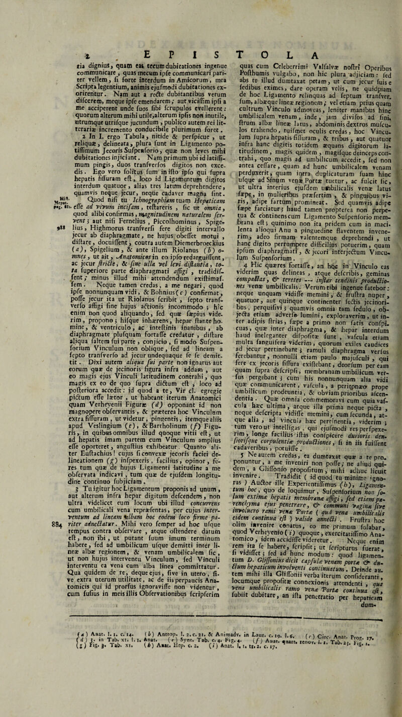 X E P I S T O L A tia dignius, quam eas tecum dubitationes ingenue communicare , quas mecum ipfe communicari pari¬ ter vellem, li forte interdum in Amicorum, mea Scripta legentium, animis ejufmodi dubitationes ex¬ orirentur. Nam aut a re&e dubitantibus verum difcerem, meque ipfe emendarem ; aut viciffim ipfi a me acciperent unde fuos fibi fcrupulos evellerent : quorum alterum mihi utile,alterum ipfis non inutile, utrumque utrifque jucundum , publico autem rei lit¬ terarias incremento conducibile plurimum foret. ^ In I. ergo Tabula, nitide & perfpicue , ut reliquae, delineata, plura funt in Ligamento po- tiffimum Jecoris Sufpenforio, qu* non leves mihi dubitationes injiciant. Nam primum ubi id latilfi- mum pingis, duos tranfverfos digitos non exce¬ dis. Ego vero folitus fum inifto ipfo qui fupra hepatis fifluram eft, loco id Ligamentum digitos interdum quatuor , alias tres latum deprehendere, quamvis neque jecur, neque cadaver magna fint. M™*' Quod nifi tu Ichnographiam tuam Hepaticam p«s. «si. effe ad vivum incifam , teftareris , fic ut omnia, quod alibi confirmas, magnitudinem naturalem fer¬ vent j aut nifi Fernelius , Piccolhominus, Spige- lius, Highmorus tranfverfi fere digiti intervallo jecur ab diaphragmate, ne hujus obeflet motui , diltare, docui fient, cotatra autem Diemerbroeckius [a), Spigeliura, & ante illum Riolanus (/>) o- mnes, ut ait, Anatomicos in eo ipfo redarguiffent, ac jecur firiCle, &c fine ulla vel levi diftantia, to¬ ta fuperiore parte diaphragmati affigi , tradidif- fent,* minus illud mihi attendendum exiftimaf- fem . Neque tamen credas , a me negari, quod ipfe nonnunquam vidi, &Bohnius(c) confirmat, poffe jecur ita ut Riolanus fcribit , fepto tranf- verfo affigi fine hujus aftionis incommodo ; hic enim non quod aliquando, fed qu$ fepius vide, rim , propono; hifque inhaerens, hepar flante ho¬ mine, & ventriculo, ac inteflinis inanibus, ab diaphragmate plufquam fortaffe credatur , diltare aliqua faltem fui parte , conjicio , fi modo Sufpen- forium Vinculum non oblique , fed ad lineam a fepto tranfverfo ad jecur undequaque fe fe demit- tit. Dixi autem aliqua fui parte non ignarus aut eorum quae de jecinoris figura infra addam , aut eo magis ejus Vinculi latitudinem contrahi, quo magis ex eo de quo fupra diftum eft , loco ad pofteriora accedit: id quod a te, Vir cl. egregie pidlum effe Isetor , ut habeant iterum Anatomici quam Verheyenii Figurae (d) opponant id non magnopere obfervantis, & praeterea hoc Vinculum extra fiffuram , ut videtur, pingentis, itemque aliis apud Veslingium (e), & Bartholinum (f) Figu¬ ris, in quibus omnibus illud quoque vitii eft, ut ad hepatis imam partem cum Vinculum amplius effe oporteret, anguftius exhibeatur Quanto ali¬ ter Euftachius! cujus fi convexae jecoris faciei de¬ lineationem (g) infpexeris, facilius, opinor, fe¬ res tum quae de hujus Ligamenti latitudine a me obfervata indicavi tura quas de ejufdem longitu¬ dine continuo fubjiciam. 5 Tu igitur hoc Ligamentum proponis ad unum, aut alterum infra hepar digitum defcendens, non ultra videlicet eum locum ubi i lud concurrens cum umbilicali vena repraefentas, per cujus inter¬ ventum ad lineam *albam hoc eodem loco firme pa- 884 viter adneUatur. Mihi vero femper ad hoc ufque tempus contra obfervare , atque offendere datum eft, non ibi , ut putant fuum imum terminum habere, fed ad umbilicum ufque demitti inter li¬ nes albae regionem, & venam umbilicalem fic, ut non hujus interventu Vinculum, fed Vinculi interventu ea vena cum alba linea committatur. Qua quidem de re, dequeejus, five in utero, fi. ve extra uterum utilitate, ac de iis perpaucis Ana¬ tomicis qui id prorftis ignoraviffe non videntur , cum fufius in meis illis Obfervationibus fcripferim quas cum Celeberrimi Valfalvs noftri Operibus Pofthumis vulgabo, non hic plura adjiciam : fed abs te illud dumtaxat petam, ut cum jecur fuise fedibus eximes, dare operam velis, ne quidpiam de hoc Ligamento relinquas ad feptum tranfver. fum, albsque lines regionem; vel etiam priusquam cultrum Vinculo admoveas, leniter manibus hinc umbilicalem venam, inde, jam divifos ad fini, ftrum albs lines latus, abdominis dextros mufeu- los trahendo, tuifmet oculis credas, hoc Vincu¬ lum fupra hepatis fifluram , & tribus, aut quatuor infra hanc digitis totidem squans digitorum la¬ titudinem , magis quidem , magifque deinceps con¬ trahi, quo magis ad umbilicum accedit, fed non antea ceffare, quam ad hunc umbilicalem venam perduxerit, quam intra duplicaturam fuam hinc ufque ad Sinum vena? Portae tuetur, ac fulcit fic, ut ultra interius ejufdem umbilicalis vens latus fspe, in mulieribus prsfertim , & pinguibus vi¬ ris, adipe fartdm promineat. Sed quamvis adipe fspe farciatur,* haud tamen proprerea non perpe¬ tua & conti nens cum Ligamento Sufpenforio mem¬ brana eft; quinimo non ita pridem cum in maci. lenta alioqui Anu a pinguedine flaventem invene¬ rim, adeo firmam valenremque deprehendi , ut hanc digito perrumpere difficilius potuerim, quam ipfum diaphragmati, & jecori interje<5lum Vincu¬ lum Sufpcnforium. 4 Hic qusres fortaffe, an hQc in _Vinculo eas viderim quas delineas , atque deferibis, geminas comparas, & teretes — inftar tendinis produUio- nes vena; umbilicalis. Verum tibi ingenue fatebor neque unquam vidiffe memini, & fruftra nuper , quatuor, aut quinque continenter fedlis jecinori- bus, perquifivi; quamvis omnia tam fedulo , ob- je<5la etiam adverf© lumini, exploraverim, ut in¬ ter adipis flrias, fiepe a primo non fatis confpi. cuas, qua® inter diaphragma, 8t hepar interdum haud ineleganter difpofitae funt , vafcula etiam milita fanguifera viderim, quorum exiles caudices ad jecur pertinebant; ramuli diaphragma verius ferebantur, nonnulli etiam paulo majufculi , qui fere ex jecoris fiffura exiftebant, deorfum peream quam fupra defcripfi, membranam umbilicum ver¬ ius pergebant ; cum his nonnunquam alia vidi clu^.f.orarriun*C3rent ’ vafcula, a peritpna?a prope umbilicum prodeuntia, & obviam prioribus afeen- dentia . Qua; omnia commemoravi cum quia vaf¬ cula asc ultima , atque illa prima neque pidla , neque aeferipta vidiffe memini, cum fecunda, at¬ que alia , ad vincula hsec pertinentia, viderim ; tum vero ut intelligas , qui ejufmodi resperfpexe- rim, longe facilius ‘iflas fconfpicere durioris den- f/orifque corpulentia productiones, fi in iis fuiflent cadaveribus, potuiffe . 5 Neaucem credas, ea dumtaxat quae a te pro¬ ponuntur, a me inveniri non poffe; ne aliud qui¬ dem , a Gliffonio propofitum, mihi adhuc licuit invenire. Tradidit ( id quod tu minime igno¬ ras ) Audor ille Experientiflimus (b), Ligamen¬ tum hoc, quo de loquimur, Sufpenlorium non fo¬ tum extima hepatis membrana affigi, fed etiam pa¬ renchyma ejus penetrare, & communi vagina five involucro rami vena Torta ( qua vena umbilicalis eidem continua eft ) valide anneCii . Fruftra hoc ollm, invenire conatus, eo me primum folabar, quod Verheyenio( i) quoque, exercitatiflimo Ana¬ tomico, idem accidiffe videretur. Neque enim rem. ita fe habere, fcripfitj ut feripturus fuerat, li vidifiet j fed ad hunc modum: quod ligamen¬ tum D. Gliffonius dicit capfula venam porta & du¬ ctum hepaticum involventi continuatum. Deinde au tem mihi illa Gliffonii verba iterum confideranti * locumque propofitar connexionis attendenti , qua vena umbilicalis ramo vena Torta continua eft, fubnt dubitare, an ifta penetratio per hepaticam dum- (a ) Anat. I. 1. c. 14. ( b) Antrop. I. 2. c. 21. & Animadv. in Laur. c. 10. 1.frjrirr Amr r,„„ — c d) in Tab. xi. 1.1. Anat. ( c) Sy„t. Tab. c. 4. F,g. 4. (/) Anat? r eioV. ^ x *Tab a‘5. fI’