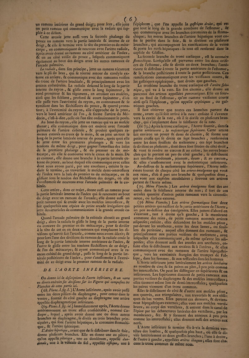 tan rameau intérieur du grand doigt ; pour lors , elle jette un petit rameau qui communique avec la radiale qui Sup¬ plée à ce défaut. Cette arcade jette aufli vers la fécondé phalange du pouce un rameau vers la partie lattérale 6c interne de ce doigt, & elle fe termine vers la tête du premier os du méta¬ carpe , en communiquant de nouveau avec l’arètre radiale, après avoir donné un rameau au côté antérieur de l’index, &: un au côté voifin du pouce , lefquels communiquent egalement au bout des doigts avec les autres rameaux de l’arcade palmaire. La radiale., dans fon principe , jette un rameau récurrent vers le pli du bras , qui fe tourne autour du condyle ex¬ terne en arriéré, 6c communique avec des rameamx voifins du tronc de l’artère brachiale , 6c principalement avec les artères collatérales. La radiale delcend le long de la partie interne du rayon , 6c glifle entre le long fupinateur , le rond pronateur 6c les tégumens, en arrofant ces mufcles, ainfi que les fublime, profond 6c court fupinateur, d’où elle paffe vers l’extrémité du rayon, en contournant 6c fe ramifiant dans les fléchiffeurs du pouce, 6c quarré prona¬ teur; à l’extrémité du rayon, elle s’approche de la peau, vers le bord antérieur de l’os , & forme l’artère du Mé¬ decin , c’eft-à-dire, celle oit l’on tâte ordinairement le pouls. Au bout du rayon , elle jette un rameau qui va au mufcle thenar ; elle communique dans cet endroit avec l’arcade palmaire de l’artère cubitale , & produit quelques ra¬ meaux cutanés au creux de la main, & en jette un tout le long de la partie lattérale interne du pouce, après quoi elle fe jette entre fes premières phalanges , & vers les tendons du même doigt, pour gagner i’inîerftice des bafes de la première phalange , 6c du premier os du mé¬ tacarpe , où elle le contourne vers le creux de la main. De ce contour, elle donne une branche à la partie lattérale ex¬ terne du pouce, au bout duquel elle communique avec celles dont nous avons parlé, par une courbure; enfuite la ra¬ diale fe termine , en traverfant le mufcle demi-interoffeux de l’index vers la bafe du premier os du métacarpe, en fe gliffant lous le tendon des fléchiffeurs des doigts, où elle s’anaffomofe de nouveau avec l’arcade palmaire de la cu¬ bitale. Cette artère, dans ce trajet, donne aufli un rameau pour la partie lattérale interne de l’index qui fe rencontre au bout du doigt avec un rameau de l’arcade ; elle donne aufli un petit rameau qui fe croife avec les mufcles interoffeux , 6c fait quelquefois une elpéce de petite arcade irrégulière qui jette des artérioles de communication à la grande arcade cu¬ bitale. Quand l’arcade palmaire de la cubitale aboutit au grand doigt, alors la radiale fe gliffe le long de la partie interne ou concave du premier os du métacarpe, pour fe divifer à la tête de cet os en deux rameaux qui remplacent les di- viflons qu’auroit fait l’arcade, comme nous avons décrit; 6c pour lors l’une des diviflons du rameau de la radiale coule le long de la partie lattérale interne antérieure de l’index, 6c l’autre fe gliffe entre les tendons fléchiffeurs de ce doigt, 6c l’os du métacarpe; 6c ayant communiqué avec le ra¬ meau cubital du grand doigt, paffe le long de la partie lat¬ térale poflérieure de 1 index, pour s’anaflomofer à l’extré¬ mité de ce doigt avec le premier rameau de la radiale. DE L'A O RT E INFÉRIEURE. On donne ici la defcription de taorte inférieure, & on verra en divers endroits fes divifions fur les Figures qui compofent les Planches de cette partie ici. ( 68. Plane. I.fig. /. ) L’Aorte inférieure, après avoir paffé entre les deux pilliers du diaphragme , pour entrer dans le ventre , fournit du côté gauche au diaphragme une artère appellée diaphragmatique inférieure. (69 .Plane. I.fig. id.) Immédiatement après, l’Aorte donne antérieurement un tronc aflez confidérable , nommé Cœ¬ liaque , lequel , après avoir donné une ou deux autres branches au diaphragme, fe divife en trois branches prin¬ cipales , qui font l’artère hépatique, la coronaire ftomachi- que , & l’artère fplénique. L'Artère hépatique , avant que de fe diftribuer dans le foie, donne plufieurs branches. Elle en donne une au pilore, qu’on appellepiloriqut , une au duodénum, appelle duo- fienale 9 une à la véficule du fiel , appellée cifiïque} une à l’épiploom , que l’on appelle la gajlrique droite, qui ré¬ gné tout le long de la grande courbure de l’eftomac , 6c qui communique avec les branches coronaires de la floma- chique ; les autres branches de l’artère hépatique vont en¬ fin fe perdre dans le foie, 6c le divifent en plufieurs branches, qui accompagnent les ramifications de la veine 6c porte les nerfs hépatiques : le tout ell renfermé dans la capfuie de Gliflon. La fécondé branche du tronc cœliaque , eft la coronaire Jlomachique. Lorfqu’elle eft parvenue entre les deux orifi¬ ces de i’eftomac, elle fe divife en deux branches ; l’anté¬ rieure fe diftribue à toute la partie antérieure de l’eftomac, & la branche poflérieure à toute la partie poflérieure. Ces ramifications communiquent avec les vailfeaux courts, 6c les gaftriques épiploïques, tant droits que gauches. La troifiéme branche du tronc cœliaque eft Cartère fple- nique, qui va à la rate. En fon chemin , elle donne au pancréas des artères appellées pancréatiques. Elle en four¬ nit au fond de l’eftomac, qu’on nomme vaiffeaux courts ainfi qu’à l’épiploom , qu’on appelle epiploiques , ou gaf¬ triques gauches. 11 faut obierver que toutes ces branches partent du tronc , avant qu’il foit arrivé à la rate : enfuite il s’avance vers la cavité de la rate , où il le divife en plufieurs bran* ches , qui s’implantent dans la itibftance de la rate. {Id. 73.) Après le tronc cœliaque, l’Aorte fournit, dans fa partie antérieure , la mefenterique fupérieure. Cette artere fait environ un pouce 6c demi de chemin , 6c forme une petite croffe qui fe divife en fept branches , renfermées entre les deux feuillets du méfentere ; ces fept branches fe divifent en plufieurs , dont deux font fituées du côté droit , 6c vont fe rendre au cæcum Sc au colon ; les autres bran¬ ches qui fe portent un peu du côié gauche, fe diftribuent aux inteftins duodénum, jéjunum, ileum , Sc au cæcum, 6c elles s’anaftomolent avec la mefenterique inférieure. Au-deftous de la mefenterique fupérieure, l’Aorte infé¬ rieure fournit de chaque côté les arteres émulgentes qui vont aux reins, d’où il part une branche 6c quelquefois deux , qui vont aux capfules attrabilaires ; fouvent ces artères partent de l’Aorte même. (75- Même Planche. ) Les artères émulgentes font des ar¬ cades dans la fubflance interne du rein ; il fort de ces arcades quantité d’autres petits rameaux vers la circonfér rence, ou furface externe. (76 Même Planche.') Les artères fpermatiques font deux petites artères qui naiffent de la partie antérieure de l’Aorte , un peu au-deflous des émulgentes. Elles jettent d’abord en s écartant, tant a droite qu’à gauche , à la membrane commune des reins, de petits rameaux nommés artères adipeufes ; enfuite, elles defeendent fur les mufcles pfoas , par-devant les uretheres, entre les deux lames, ou feuil¬ lets du péritoine, auquel elles donnent des rameaux, 6c principalement aux parties voifines du mefentere, avec lefquelles elles communiquent , de même qu’avec les adi¬ peufes; elles donnent aufli des areoles aux uretheres, en- fuite elles fe diftribuent aux ovaires 6c à Futérus , 6c elles communiquent avec des rameaux de l’artère hipogaftri- que , vers les extrémités frangées des trompes de Fal- lope^, dans les femmes , 6c aux tefticules dans les hommes L’Aorte inférieure jette latéralement les artères lombaires au nombre de cinq & fix paires au plus , à peu près comme les intercoftales. On peut les diftïnguer en fupérieures 6c en inférieures. Les fupérieures donnent de petits rameaux aux parties voifines du diaphragme & des mufcles intercoftaux; elles tiennent même lieu de demi-intercoftales ; quelquefois les paires viennent d’un tronc commun. Elles fe diftribuent de côté 6c d’autre aux mufcles pfoas , aux quarrés, aux triangulaires , aux traverfals 6c aux obli¬ ques du bas ventre. Elles percent ces derniers, 6c devien¬ nent hipogaftriques externes ; elles vont aux mufcles verté¬ braux , au corps des vertèbres, Sc entrent dans le canal de l’épine par les échancrures latérales des vertèbres, par les membranes, 6cc. 6c y forment des anneaux à peu près comme les intercoftales ; elles donnent aufli des artères aux nerfs. L’Aorte inférieure fe termine vis à-vis la derniere ver¬ tèbre des lombes , & quelquefois plus haut, où elle fe di¬ vife lattéralement en deux groffes branches ; l’une à droite, & l’autre à gauche , appellées artères iliaques ; elles font cha¬ cune le tronc commun de même nom.