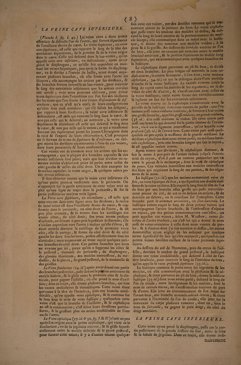 LA VEINE CAVE SUP ÊRIEU RE. (P/anche I. fig. I. 45.) La';veine cave a deux troncs cffentieis ôc diftinôs l’un de l’autre, qui fortent feparement de l’oreillette droite du cœur. Le tronc fupérieur, ou veine cavefupèrieure , efi celle qui rapporte le fang de la tête des extrémités fupérièures, delà poitrine & de la veine azigos dans le cœur. Celle qui defcend dans le bas-ventre , qu’on appelle veine cave inferieure , ou defcendante , après avoir percé le diaphragme, ce qu’elle fait cependant en rece¬ vant les veines hépatiques, peu après la fortie du diaphrag¬ me , va fe divifer à l’entrée du badin, ayant donné aupa¬ ravant plufieurs branches, où elle forme avec l’aorte les iliaques ; elle accompagne les artères par fes divifions, ôc fes branches fortent enfemble au bas-ventre , pour recevoir le fang des extrémités inférieures que les artères crurales ont arrofé ; mais nous pouvons obferver, pour éviter toute équivoque dans l’expofition que l’on fait des blefiures fur les noms que l’on donne à ces veines d\fcendante ôc def¬ cendante , que ce n’eft qu’a caifie de leurs configurations qu’elles font ainfi nommées : car s’il falloit les défigner, par rapport à leurs fondions, la veine cave inférieure ôc defcendante , eft celle qui remonte le fang dans le cœur, ôc non pas celle qui le deicer.d ; au contraire , la veine cave fupèrieure ÔC afcendante eft celle qui delcend le fang dans le cœur, ôc non pas celle qui le monte; ce qui a occafionné fouvent des équivoques parmi les jeunes Chirurgiens dans le récit ôc l’expofé de leurs oblervations. C’eft pourquoi en fe fervant du terme de fupèrieure & q inférieure , on défi— gne mieux les divifions appartenantes à l’une de ces veines , dans leurs proximités ôc leurs anaftomofes. Ces veines ont de commun avec les artères qui les ac¬ compagnent , que la plupart des branches capitales ôc des troncs inférieurs font pairs; mais que leur divifion ou ra¬ meaux enfuite n’obfervent point de parité entre celles du côté gauche ôc celles du côté droit. On doit excepter les branches capitales, la veine azigos , ôc quelques autres pe¬ tits troncs inférieurs. 11 faut obferver encore que la veine cave inférieure n’a qu’une petite portion renfermée dans le péricarde. On n’apperçoit fur la partie antérieure de cette veine tout au plus qu’une ligne de trajet dans le péricarde, ÔC fur fa partie poftérieure environ trois lignes. La Veine cave fupèrieure, ou aicendante , eft celle que nous voyons dans cette figure avec fes divifions; la racine de cette^veine eft dans l’oreillette droite du cœur, ôc ren¬ fermée dans le péricarde, ou côté droit de l’aorte , ôc un peu plus avancée , ôc fe trouve fous les cartiliages des vraies côtes , du côté droit ; fon tronc monte prefque d’aplomb, en fuivant à-peu-près la pofition de fternum ; elle s’incline cependant vers l’aorte à mefure qu’elle s’élève , ôc étant arrivée derrière la cartillage de la première vraie côte , elle fe partage , Ôc forme du côté droit ôc du côté gauche les deux foucîavieres, pofées effieftivement fous les clavicules; mais auparavant ce tronc reçoit quelques peti¬ tes branches du côté droit. Ces petites branches que nous ne voyons pas ici , parce qu’on a fupprimé les côtes ôc le peftoral , viennent du péricarde , du diaphragme, de* glandes thimiques , des rnufcles intercoftaux, du mé- diaftin , de la plevre , du grand pe&oral, de la mammelle ôc des grailles. La Veine fouclaviere (19. idé) après avoir donné une partie des branches peftorales , pafie devant la portion anterieure du mufcle fcalene , ôc fe glitie entre la première côte ôc la cla¬ vicule, pour gagner l’ailTelle , où elle prend le nom Maxil¬ laire ; dans ce trajet, elle donne plufieurs branches, qui lont les veines mufculaires ôc thorachiques. Cette veine étant parvenue à la tête de l’hiimérus, jette uue branche confi- dérable , qu’on appelle veine céphalique, ôc le continue lur le bras fous le nom de veine baf üque ; quelquefois cette veine n’elt que la branche de l’axillaire , ôc la céphalique en eft la continuation ; c’eft félon leurs direftions particu¬ lières, & la grofîeur plus ou moins confiderable de l’une ou de l’autre. La Veine céphalique (2.7, id. & 30,fig. L ÔC //.) s’unit un peu après fon origine avec la petite céphalique, qui vient de la fouclaviere , ou de la jugulaire externe, ôc fe gliffe fuperfi- ciellement entre le mulcle deltoïde ôc le grand pcéforal, pour former çette union; il y a d’autres unions quelque¬ fois avec ces veines, par des doubles rameaux qui fe contrent autour de la jointure du bras. La veine cépha 1- que paffe entre les tendons des rnufcles cidefîùs, ÔC del¬ cend le long du bord externe de la portion externe du tmu- cle biceps; elle communique dans ce trajet avec la bafili- que , 6c donne des rameaux aux rnufcles voifins , a la peau ÔC à la graiflfe. Au-deflous du condyle externe de i’os du bras , elle jette un rameau qui remonte entre le mufcle brachial antérieur , Ôc la portion fupèrieure du mulcle long fupinateur, qui va communiquer avec quelques branches de la bafilique. La céphalique étant parvenue au pli du bras , fe divifô en deux brahehes. La plus longue cil nominee la veine ra¬ diale externe ; la courte fe nomme , fi l'on veut, veine médiane céphalique , (34.idé) ce qui la dilbngue alorsdune pareille branche de la veine bafilique. La radiale externe coule le long du rayon entre les muicles Ôc les tégumens , en le di- vilanî de côté ôc d’autre , Ôc s’anaftomolant avec celles de la veine bafilique; cette veine forme des veinules comme la iàphene en fait fur les extrémités inférieures. La veine courre de la céphalique s analtomote avec la pareille de la bafilique dont nous venons de parler , que i on nomme aufîi veines n édianes Littérales, ôc forment a leur union une greffe branche, appellée grojfe médiane, ou grande médiane, (38. id ) dite aufli médiane de riolan. De cette union part aulli une branche qui delcend fur la partie interne de 1 avant- bras , vis-à-vis le ligament interoffeux , qu’on Appelle vdne profonde (36* id.) de l’avant-bras. Cette veine part aulfi quel¬ quefois un peu après la naiflance de la grande médiane. La médiane céphalique dont nous avons parlé, ou médiane Litté¬ rale céphalique ,'jette une branche longue qui fuit le rayon , ÔC eft appellée radiale interne. Après toutes ces divifions, la céphalique diminue, & fuit la route à-peu-près de l’artère radiale jufqu’à l’extré¬ mité du rayon , d’où il part un rameau particulier qui va entre le pouce ôc le métacarpe , fous le nom de céphalique du pouce. Ces veinules fôurniffent aux rnufcles interoffeux des filets qui reçoivent le fang de ces parties , Ôc des tégu¬ mens de la main. La bafilique (3 1. idé) que les anciens nommoient veine dit foie, ou veine hépatique du bras , a quelquefois une double naif- fance de la veine axillaire. Elle reçoit le fang fous la tête de l’os du bras par une branche allez groffe qui pafie traverfale- ment autour du col, de cet os de dedans en arriéré , ÔC de derrière en dehors , en fe ramifiant fur l’omoplate. Cette branche peut fe nommer articulaire, ou fous-humérale. La bafilique enfuite reçoit le fang de deux petites veines qui accompagnent l’artère brachiale, ÔC l’embrafient d’efpace en efpace, par des petites communications entr’elles , on peut appeller ces veines , félon M. Winflow, veines fa- tellites de l'artère brachiale ; car c’efi: lui qui a donné le nom aufii de veines articulaires à celle dont nous venons de par¬ ler , ôc à d’autres dont j’ai fait mention ci-defiùs , les autres Anatomifies ayant négligé de les indiquer par quelque terme fignificatif du lieu qu’elles occupent ; quelquefois ces petites veines fateilites naifiènt de la veine profonde fupé-. rieure. Au défions du col de l’humérus, près du creux de l’aif- felle , derrière le tendon du grand peéloral, la bafilique donne une veine confiderable, qui defcend à côté de l’ar¬ tère brachiale, pour recevoir le fang de l’intérieur du bras , qu’on appelle la veine profonde fupèrieure (33 .id.). La bafilique continue fa route entre les tégumens ôc les rnufcles, où elle communique avec la profonde ôc la cé¬ phalique , Ôc étant parvenue au pli du bras , donne la médiane, bafilique (3 yidé) dont nous avons parlé ; defcend le long de l’os du coude , entre les tégumens ôc les rnufcles, fous le nom de cubitale interne, en s’anaflomofant toujours de part Ôc d’autre. Elle jette au commencement de fon trajet fur l’avant- bras , une branche nommée cubitale interne ; Ôc étant parvenue à l’extrémité de l’os du coude, elle jette fur la convexité du carpe plufieurs rameaux , dont un , fous le nom de falvatelL , va gagner le petit doigt, du côté du doigt annulaire. LA VEINE CAVE INFÉRIEURE. Cette veine ayant percé le diaphragme, pafie par la par¬ tie poflérieure de la grande feiffure du foie, entre le lobe ôc le lobule de J'pigeUius. Dans ce trajet, elle donne ordi- nairemenc