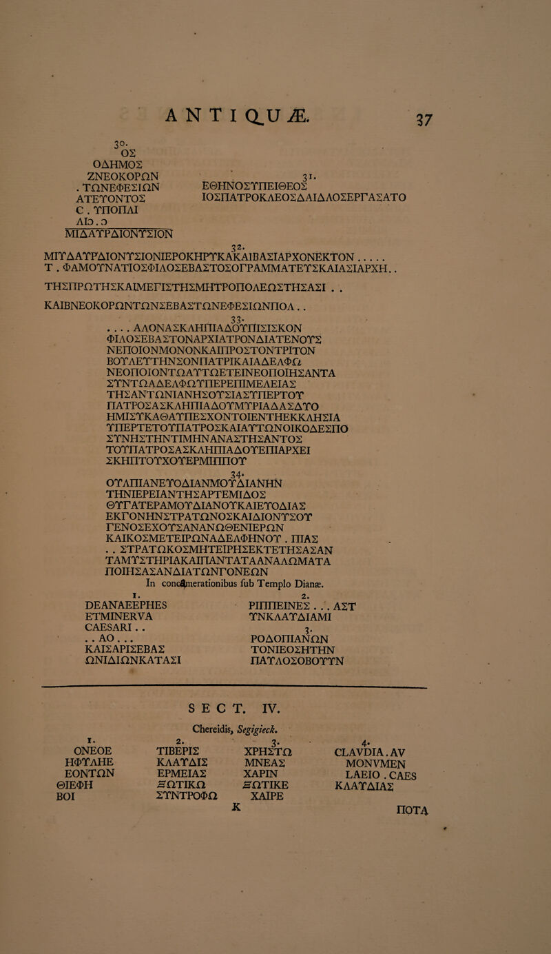 0AHM02 ZNEOKOPnN . THNEOESION ATETONTO2 c. rnonAi AID. D MIAATPAIONT2ION 31. E©HNO2TnEI0EO2 IOSnATPOKAEOSAAIAAOSEPrASATO 22. MIYAAYFAIONY2IONIEPOKHPYKAKAIBA2IAPXONEKTON. T . <MM0YNATI02$IA02;EBA2T020rPAMMATEY2KAIA2IAPXH.. THSnPOTHSKAIMEriSTHZMHTPOIIOAEOSTHSASI . . KAIBNEOKOPONTnNSEBASTONE^ESiaNnOA. . 33* .... AAONASKAHniAAOTniSISKON 0IA02EB A 2TON APXIATPON AI ATEN0T2 NETTOIONMONONKAinPOSTONTPlTON BOTAEYTHNSONIIATPIKAIAAEA^O NEOIIOIONT I2AYT HETEINEOIIOIH2ANTA XYNTHAAEA^OTIIEPEniMEAEIAS THSANTaNIANHSOTSIAXTnEPTOT nATPOSASKAHniAAOTMTPIAAASATO HMISTKA ©ATITESXONTOIENTHEKK AH2IA TnEPTETOTITATPOSKAIATTElNOIKOAESnO STNHSTHNTIMHNANASTHSANTOS TOTnATPOSASKAHniAAOTEniAPXEI 2KHnTOTXOTEPMinnOT 34* OTAIII ANETO AIANMOT AIANHN THNIEPEIANTH2APTEMIAOS ©TrATEPAMOTAIANOTKAIETOAIAS EKr ONHN2TPATON OSKAIAIONTSOT rENOSEXOTSANANOQENIEPaN KAIKOSMETEIPONAAEA^HNOT . IIIA2 . . 2TPATOK02MHTEIPH2EKTETH2A2AN TA M Y2THPIAK AIFfANT AT A ANAAOM AT A nOIHSASANAIATaNrONEON In concamerationibus fub Templo Dianae. i. DEANAEEPHES ETMINERVA CAESARI . . ..AO... KAI2API2EBA2 T2NIAII2NKATA2I PIIHIEINE2 ... A2T TNKAATAIAMI 3* POAOI7IANON TONIEOSHTHN IIATAOSOBOTTN S E C T. IV. i. ONEOE H^TAHE EONTON ©IE<I>H BOI Chereidis, Segigieck. 2. TIBEPI2 KAATAI2 EPMEIA2 HOTIKa ZTNTPO^a 3* XPH2TO MNEA2 XAPIN HOTIKE XAIPE 4* CLAVDIA. AV MONVMEN LAEIO . CAES KAATAIA2 K TOTA