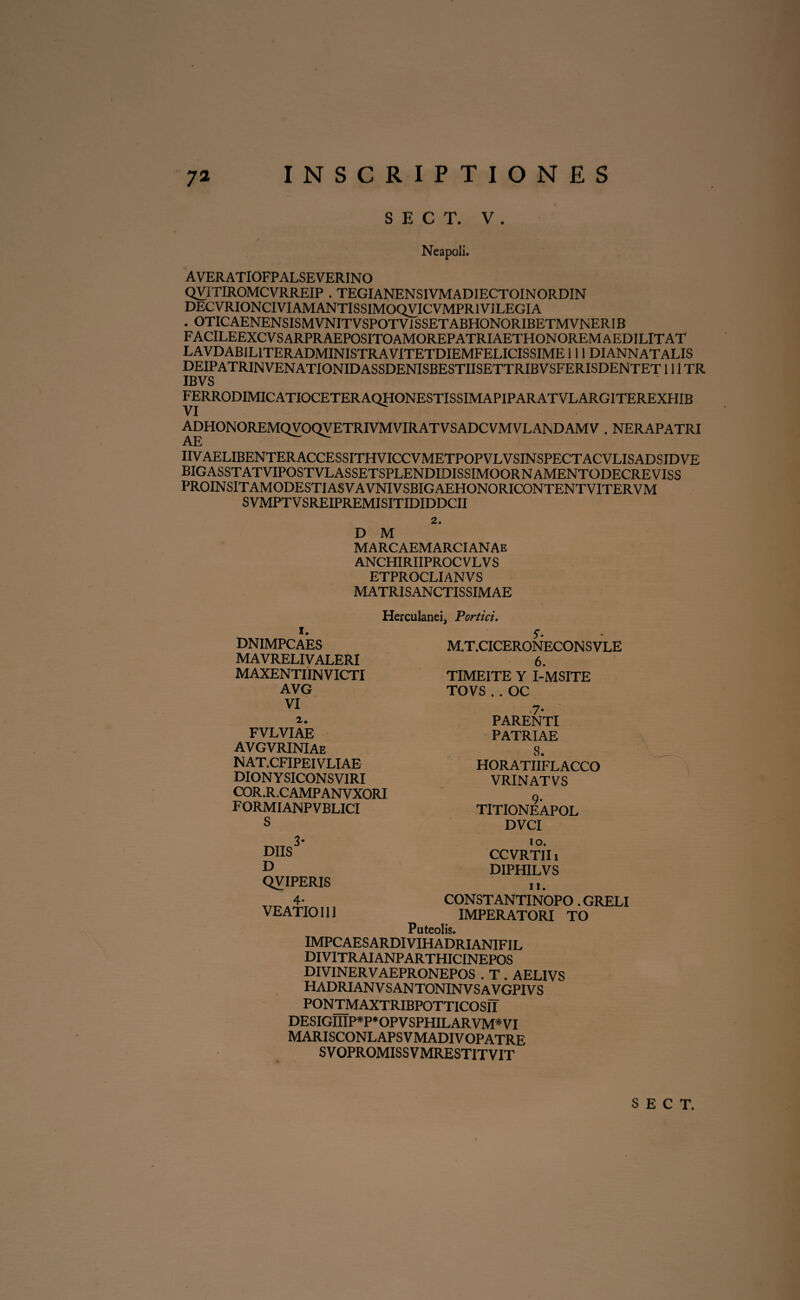 S E C T. V . r Neapoli. AVERATIOFPALSEVER1NO QVITIROMCVRREIP . TEGIANENS1VMAD1ECTOINORDIN DECVRIONCIVIAMANTISSIMOQVICVMPRIViLEGIA . OTICAENENSISMVNITVSPOTV1SSETABHONORIBETMVNER1B facileexcvsarpraepositoamorepatriaethonoremaedilitat LAVDAB1L1TERADMINISTRAVITETDIEMFELICISSIME111 DIANNATALIS DEIPATRINVENATIONIDASSDENISBESTIISETTRIBVSFERISDENTET111TR IBVS FERRODIMICATIOCETERAQHONESTISSIMAPIPARATVLARG1TEREXHIB ADHONOREMQVOQVETRIVMVIRATVSADCVMVLANDAMV . NERAPATRI IIVAELIBENTERACCESSITHVICCVMETPOPVLVSINSPECTACVLISADSIDVE BIGASSTATVIPOSTVLASSETSPLENDIDISSIMOOR N AMENTODECRE VISS PROINSITAMODESTIASVAVNIVSBIGAEHONORICONTENTVITERVM SVMPTVSREIPREMISITIDIDDCII 2. D M MARCAEMARCIANAe ANCHIRIIPROC V L V S ETPROCLIANVS MATRISANCTISSIMAE Herculanei. Vortici. 1. dnimpcaes mavrelivaleri MAXENTIINVICTI AVG VI 2. FVLVIAE AVGVRINIAe NAT.CFIPEIVLIAE DIONYSICONSVIRI COR.R.CAMPANVXORI FORMIANPVBLICI S 5’. M.T.CICERONECON S VLE 6. TIMEITE Y I-MSITE TOVS . . OC 7* PARENTI PATRIAE 8. HORATIIFLACCO VRINATVS 9- TITIONEAPOL DVCI 3* DIIS D QVIPERIS 4* VE ATIO 111 io. CCVRTII i DIPHILVS ii. CONSTANTINOPO. GRELI IMPERATORI TO Puteolis. IMPCAESARDIVIHADRIANIFIL DIVITRAIANPARTHICINEPOS DIVINERVAEPRONEPOS . T . AEL1VS HADRIANVSANTONINVSAVGPIVS pontmaxtribpotticosiT DESIGIIIP*P*OPVSPHILARVM*VI MARISCONLAPSVMADIVOPATRE SVOPROMISSVMRESTITVIT S E C T. »