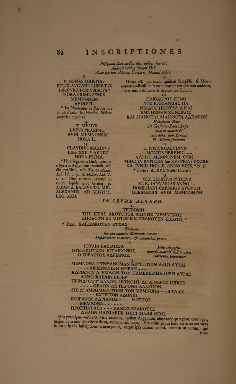 / 82 INSCRIPTIONES 8. Pojlquam duos medios dies abfens fuerat, Audivit veniens Jonum Dei. Anno Jeptimo Adriani Caefaris, Domini nofri. V. NONAS MARTIAS FELIX AVGVSTI LIBERTVS PROCVRATOR VSIACVS * HORA PRIMA SEMIS MEMNONEM AVDIVIT. * Ita Nordenius et Pocockius: an ab Vzitay feu Vzeciay Africae propriae oppidis ? 13* T. MVSIVS LVPVS PRAEFAC. AVDI MEMNONEM HORA II, 14. CLAVDIVS MAXINVS LEG. XXII. * AVDIVI HORA PRIMA. * Hanc legionem Caefar primus e Syria in Aegyptum traduxit, ubi diu perftitit, tefte Tacito Annat. Lib. IV. c. 5. & Hijlor. Lib. V. c. 1. Eius mentio habetur in vetere lapide apud Gruter. p. DXXV. 2. BALBVS TR. MIL. ALEXANDR. AD AEGYPT. 9' . Grasca eft, qua Ni*/XD£G{ quidam Serapidis, fe Mem¬ nonem audivifle teftatur : eam ut tentare non audeam, literse nimis diftortas et depravatae faciunt. 10. HAIOAOPOS ZHNO NOS KAISAPEIAS nA NIA AOS HKOYSA A KAI EMNHS0HN ZHNGNOS KAI AIANOT (f. AIAIANOT) AAEA<f>GN Heliodorus Zeno¬ nis Caefareo-Paneadenjis audivi quater & recordatus fum Zenonis & Aeliani fratrum 11. L. IVNIVS CALVINVS -MONTIS BERENIC. - - AVDIVI MEMNONEM CVM MINICIA RVITCEA (an RVSTICA) VXORE KA. IVNIIS HOR. II. ANNO VIXX. * N. C. * Forte : A. XVI. Noftri Caefaris 12. SEX. LICINIVS PVDENS XI. K. IANVARIAS ANNO - - DOMITIANI CAESARIS AVGVSTI GERMANICI AVDI MEMNONEM LEG. XXII. IN CRVRE ALTERO. 1. TPEBOMH THS IEPAS AKOYOTSA «LGNH2 MEMNONOS EIIO0OTN SE MHTEP KAI ESAKOTEN EXXOG. * * Puto : KAIESAKOYEN ETXAS Treboma facram audiens Memnonis vocem : Defiderabam te mater, G? exaudiebat preces. 2. IOTAIA BASIAISSA OTE HKOTSEN IOTAIEGNOS O SEBASTOS A APIANOS. luha Augujla quando audivit luliae nepos Adrianus Imperator. MEMNONA nTNGANOMAN AITYnTION AAIG ATSAI -MEMNONIHN ©HBAN_ AAPIANON A’ ESIAGN TON nAMBASlAHA nPIN ATSAS AONG XAIPHN EinEP- nPINA’ OTT’ EAAGN AETKOISI AP AI0EPOS mnOIS -GPAGN AE nEPONH XAAEnON. GS A’ AMBOAOKTTnEH TON MEMNONA - - ATAAN .ESTPITON AAONIH KOIPANOS AAPIANOS - - - - KATTOS MEMNONA - - -- nponn at as a — ka©gs esakotse AHAON nAlSIAETE TOICI $IAI0I 0EOI Hos praecipue verfus ut viris eruditis, quibus Aegyptum aliquando peragrare continget, majori cum.otio defcnbere liceat, vehementer opto. Vix enim pauca haec verba ex corrupti & male habita infcnptione eruere potui, eaque ipfa dubius animi, tantum ut eorum, qui forte