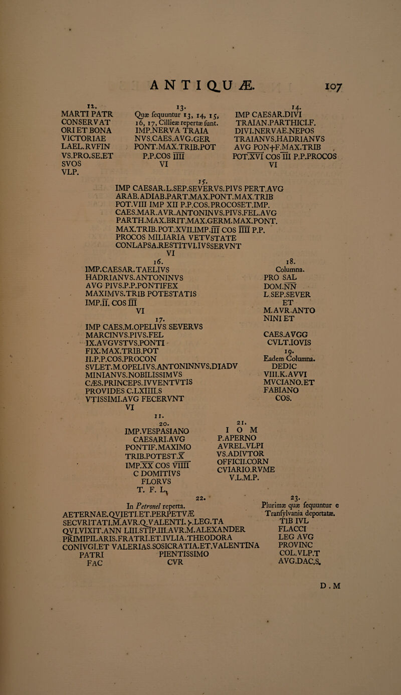 II. MARTI PATR CONSERVAT ORI ET BONA VICTORIAE LAEL.RVFIN VS.PRO.SE.ET SVOS VLP. Quae fequuntur ij, 14, 15, 16, 17, Cillieae repertae funt. IMP.NERVA TRAIA NVS.CAES.AVG.GER PONT. MAX.TRIB.POT P.P.COS IUI VI 14. IMP CAESAR.DIVI TR AI AN .PARTHICI.F. DIVI.NERVAE.NEPOS TRAIANVS.HADRIANVS AVG PONfF.MAX.TRIB . POT.XVI COS III P.P.PROCOS VI i?- IMP CAESAR.L.SEP.SEVERVS.PIVS PERT.AVG AR AB. ADIAB .PART.MAX.PONT. MAX.TRIB POT.VIII IMP XII P.P.COS. PROCOSET.IMP. CAES.MAR.AVR.ANTONINVS.PIVS.FEL.AVG PARTH.MAX.BRIT.MAX.GERM.MAX.PONT. MAX.TRIB.POT.XVII.IMP.III COS IIII P.P. PROCOS MILIARIA VETVSTATE CONLAPSA.RESTITVI.IV SSERVNT VI 15. IMP. CAESAR. TAELIVS HADRIANVS.ANTONINVS AVG PIVS.P.P.PONTIFEX MAXIMVS.TRIB POTESTATIS IMP.II. COS III VI 17- IMP CAES.M.OPELIVS SEVERVS M ARCIN V S.PI V S.FEL IX.AVGVSTVS.PONTI FIX. MAX.TRIB.POT II.P.P.COS.PROCON SVLET.M. OPELI VS. ANTONINN VS.DIADV MINIANVS.NOBILISSIMVS C^ES. PRINCEPS. IVVENTVT IS PROVIDES C.LXIIII.S VTISSIMI.AVG FECERVNT VI 18. Columna. PRO SAL DOM.NN L. SEP.SEVER ET M. AVR.ANTO NINI ET CAES.AVGG CVLT.IOVIS lg. Eadem Columna. DEDIC VIII.K.AWI MVCIANO.ET FABIANO COS. 11. 20. 21. IMP.VESPASIANO CAESARI.AVG PONTIF. MAXIMO TRIB.POTEST.X IMP.XX COS VIIII C DOMITI VS FLORVS T. F. U I O M P.APERNO AVREL.VLPI VS.ADIVTOR OFFICII.CORN CVIARIO.RVME V.L.M.P. 22. In Petronel reperta. aeternae.qvieti.et.perpetv® SECVRlTATI.M.AVR.QAr ALENTI. >-.LEG.TA QVI.VIXIT.ANN LIII.STIP.III.AVR.M. ALEXANDER PRIMIPILARIS.FRATRI.ET.IVLIA.THEODORA CONIVGI.ET VALERIAS. SOSICRATI A. ET. V ALENTIN A PATRI PIENTISSIMO FAC CVR „ . 2i- Plurimas qu* fequuntur e Tranfylvania deportat*. T1B IVL FLACCI LEG AVG PROVINC COL.VLP.T AVG.DAC.S. V D.M