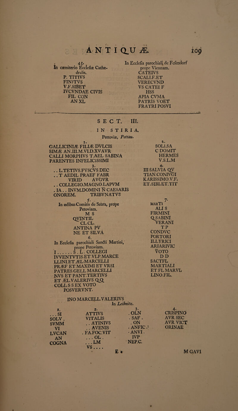 td csemiterio Ecclefise Cathe- dralis. P. TITIVS FINfTVS V.F.SIBET IVCVNDAE CIVIS FIL CON AN XL In Ecclefia parochiali de Pcfendorf prope Viennam. CATEIVS SCALI.F.ET VERECVND VS CATEI F HSS APIA CVMA PATRIS VOET FRATRI POSVI iii 8ECT. IlL IN STIRIA. Pettovise, Pettau. i. GALLICINIA FILIA DVLCIS SIMA AN.III.M.VI.D.XVAVR CALLI MORPHVS T.AEL SABINA PARENTES INFELICISSIMI 3- .. L.TETIVS .FVSCVS DEC . . T AEDIL PRAEF FABR VIRID AVGVR . . COLLEGIO.MAGNOXAPVM . IA . . INVM.DOMINI N CAESARIS ONOREM. TRIBVNATVS # f • In sedibus Comitis de Satira, prdpe Petoviam. M S QVINTIL CL.CL. ANTINA PV NE ET SILVA 6. In Ecclefia parochiali San&i Martini, prope Petoviam. I.S . L. COLLEGI IVVENTVTIS ET.VLP. MARCE LLINI.ET.ALMARCELLI PRAF ET.MAXIMI ET VRSI PATRES GELL MARCELLI NVS ET PANT.TERTIVS ET AL.VALERIVS QX*. COLL S S EX VOTO POSVERVNT. SOLI .S A C DOMIT HERMES V.S.L.M 4* III SALVIA QV TIAN.COJNIVGI KARISSIMOV.F. ET.SIBI.ET.TIT 7- marTi ALI S FIRMINI Q^SABINI VERANI TP CONDVC PORTORI ILLYRICI ARIARIVIC VOTO DD SACTFL MARTIALI ET FL MARVL LINO.FIL. INO MARCELL.VALER1VS In Leibnitz. I. 2. 3- 4* . . .SI ATTIVS . OLN CRISPINO SOLV. VITALIS . SAF . AVRSEC SVMM . . ATINIVS . ON AVR VICT VI . . AVENIS .ANFICJ ORINAE lvcan . FA.FOC.VIT • ANVI. AN .. • OL . IVP COGNA ...LM VS .. . . NEP.C. E e MGAVI