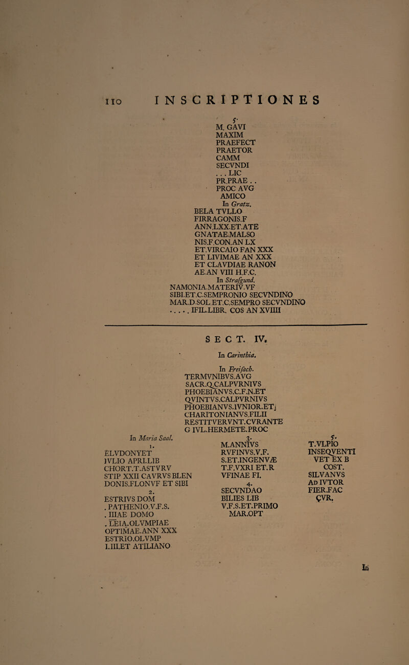 s- M. GAVI MAXIM PRAEFECT PRAETOR CAMM SECVNDI . . . LIC PR.PRAE . . • PROC AVG AMICO In Gratz. BELA TVLLO FIRR AGONIS. F ANN.LXX.ET.ATE GNATAEMALSO NIS.F.CON. AN LX ET.VIRCAIO FAN XXX ET LIVIMAE AN XXX ET CLAVDIAE RANON AE.AN VIII H.F.C. In Strafgund. N AMONIA.M ATERIV. VF SIBI.ET.C.SEMPRONIO SECVNDINO MAR.D SOL ET.C.SEMPRO SECVNDINO .. . . . IFIL.LIBR. COS AN XVIIII S E C T. IV, In Carinthia. In Freifach. TERMVNIBVS.AVG SACR.QTALPVRNIVS PHOEBIANVS.C.F.N.ET QVINTVS.CALPVRNIVS PHOEBIANVS.lVNIOR.ETj CHARITON IANVS.FILII RESTITVERVNT.CVRANTE G IVL. HERMETE. PROC In Maria Saal. 1. ELVDONYET JVLIO APRI.L1B CHORT.T. AST V RV STIP XXII CAVRVS BLEN DONIS.FLONVF ET SIBI 2. ESTRIVS DOM . PATHENIO.V.F.S. . IIIAE DOMO . LEIA.OLVMPIAE OPTIMAE.ANN XXX ESTRIO.OLVMP I.III.ET ATILIANO 3- M.ANNIVS RVF1NVS.V.F. S. ET.INGENVjE T. F.VXRI ET.R VF1NAE FI. 4* SECVNDAO BILIES LIB V.F.S.ET.PRIMO MAR.OPT 5- T.VLPIO INSEQVENTI VET EX B COST, SILVANVS AD IVTOR FIER.FAC <?VR.