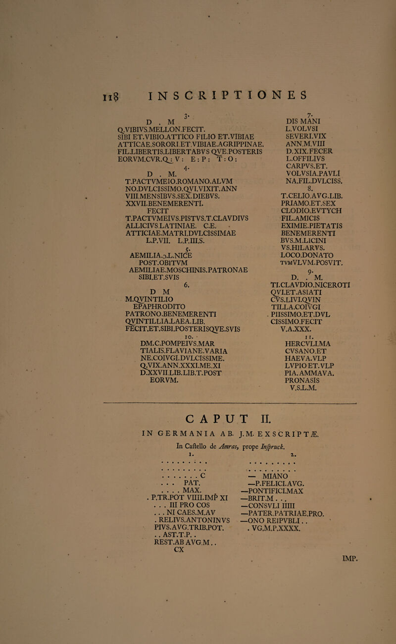 3* D . M Q..VIBIVS.MELLON.FECIT. SIBI ET.VIBIO.ATTICO FILIO ET.VIBIAE ATTICAE.SORORI.ET. VIBIAE. AGRIPPINAE. FIL.LIBERTIS.LIBERTABVS QVE.POSTERIS EORVM.CVR.Q_£ V : E : P : T : O : 4. D . M. T.PACTVMEIO.ROMANO.ALVM NO.DVLCISSIMO.QVT. VIXIT. ANN VIII.MENSIBVS.SEX.DIEBVS. XXVII. BENEMERENTI. FECIT T.PACTVMEIV S.PISTVS.T.CLAVDIVS ALLICIVS LATINI AE. C.E. ATTICIAE.MATRI.DVLCISSIMAE L.P.VII. L.P.III.S. 5* AEMILIA0.L.NICE POST.OB1TVM AEMILI AE.MOSCHINIS. PATRONAE SIBI.ET.SVIS 6. D M M.QVINTILIO EPAPHRODITO PATRONO.BENEMERENTI QVINTILLIA.LAEA.LIB. FECIT.ET.SIBI.POSTERISQVE.SVIS 10. • DM.C.POMPEIVS.MAR TIALIS.FLAVIANE.VARIA NE.COIVGI.DVLCISSIME, QATX.ANN.XXXI.ME.XI D.XXVIILIB.LIB.T.POST EORVM. 7* DIS MANI L.VOLVSI SEVERI.VIX ANN.M.VIII D.XIX.FECER L.OFFILIVS CARPVS.ET. V OLVSIA.PAVLI NA.FIL.DVLCISS. 8. T.CELIO.AV G.LIB. PRIAMO.ET.SEX CLODIO.EVTYCH FIL. AMICIS EXIMIE.PIETATIS BENEMERENTI BVS.M.LICINI VS.H1LARVS. LOCO.DONATO tvmVLVM.POSVIT. _ 9- D. . M. TI.CLAVDIO.NICEROTI QVI.ET.ASIATI CVS.LIVI.QVIN TILLA.COIVGI PIISSIMO.ET.DVL CISSIMOFECIT V.A.XXX. 1 r. HERCVLI.MA CVSANO.ET HAEVA.VLP LVPIOET.VLP PIA.AMMAVA. PRONASIS V.S.L.M. CAPUT II. IN GERMANIA AB. J.M. EXSCRIPTI. In Caftello de Amrast prope Infpruck. 1. 2. .C . . . PAT. .... MAX. P.TR.POT VIIII.IMP XI ... III PRO COS ... NI CAES.M.AV . RELIVS.ANTONINVS PIVS. AVG.TRIB.POT. . . AST.T.P. . REST.AB AVG.M.. CX — MIANO —P.FELICI.AVG. —PONTIFICI.MAX —BRIT.M . . . —CONSVLI IIIII —PATER.PATRIAE.PRO. —ONO REIPVBLI. . . VG.M.P.XXXX. IMP.