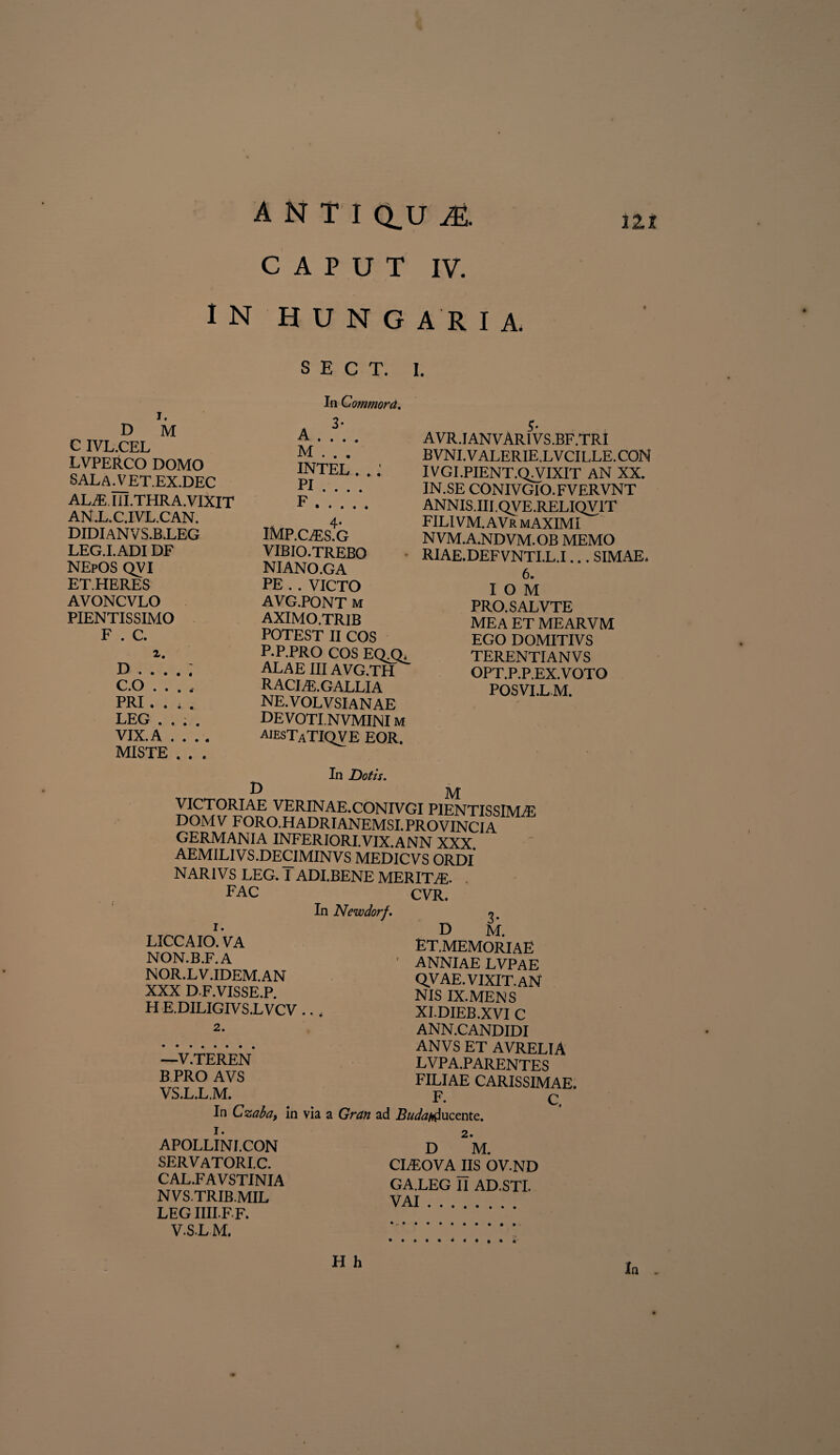 CAPUT IV. IN HUNGARIA. S E C T. I. 1. D M C IVL.CEL LVPEJtCO DOMO SALAVET.EX.DEC AL JE. I1I.THRA.VIXIT AN.L.C.IVL.CAN. DIDIANVS.B.LEG LEG.I.ADI DF NEpOS QVI ET.HERES AVONCVLO PIENTISSIMO F . C. 2. D . . . • « C.O . . . , PRI . . ; . LEG .... VIX. A .... MISTE . . . In Commora. x A • • • • M . . . INTEL..’ PI . . . . F . . , 4* IMP.CffiS.G VIBIO.TREBO NIANO.GA PE . . VICTO AVG.PONT M AXIMO.TRIB POTEST II COS P.P.PRO COS EQ.Q. ALAEIIIAVG.TH raci/e.gallia ne.volvsianae devoti.nvmini m aiesTaTIQVE EOR. AVR.IANVAR1VS.BF.TRI BVNI.VALERIE.LVCILLE.CON IVGI .PIENT.Q/VIXIT AN XX. IN.SE CONIVGIO. FV ERVNT ANNIS.III.QVE.RELIQVIT FILI VM. AVR mAXIMI NVM.A.NDVM.OB MEMO RIAE.DEFVNTI.L.I... SIMAE. 6. I O M PRO.SALVTE MEA ET MEARVM EGO DOMITIVS TERENTIA NVS OPT.P.P.EX.VOTO POSVI.LM. D In Dotis. M VICTORIAE VERINAE.CONIVGI PIENTISSIMA5 DOMV FORO.HADRIANEMSI.PROVINCIA GERMANIA INFERIORI.VIX.A NN XXX. AEMILIVS.DECIMINVS MEDICVS ORDI NARIVS LEG. I ADI.BENE MERERE. FAC CVR. 1. LICCAIO. VA NON.B.F.A NOR.LV.IDEM.AN XXX D F.VISSE.P. H E.DILIGIVS.LVCV 2. In Newdorf. • ♦ • • •••• • . —V.TEREN B PRO AVS VS.L.L.M. In Czaba, In via a Gran ad t. 3- D M. ET.MEMORIAE ' ANNIAE LVPAE Q.VAE. VIXIT. AN NIS IX.MENS XI.DIEB.XVI C ANN.CANDIDI ANVS ET AVRELIA lvpa.parentes FILIAE CARISSIMAE. F- C. jBW^/rducente. i. APOLLINI.CON SERVATORI.C. CAL.FAVSTINIA NVS.TRIB.MIL LEG IIIIFF. V.SL M. 2. D M. CliEOVAJIS OV.ND GA.LEG II AD.STI. VAI.