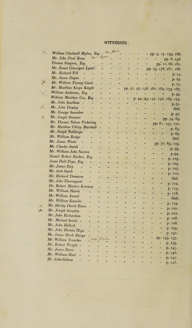 WITNESSES: K X >c X A William Chadwell Mylne, Esq. - Mr. John Paul Rowe Jp _ Thomas Simpson, Esq. - Mr. James Gascoigne Lynde - Mr. Richard Till - - - - - Mr. James Dupin - Mr. William Tierney Clark - Mr. Matthias Koops Knight - - - William Anderson, Esq. - William Matthew Coe, Esq. - Mr. John Southam - Mr. John Dowley - - Mr. George Saunders - Mr. Joseph Steevens - Mr. Thomas Nelson Pickering - Mr. Matthew Chitty Marshall - Mr. Joseph Nelthorpe - Mr. William Rudge - Mr. James Weale - Mr. Charles Smith - Mr. William John Newton - Daniel Robert Barker, Esq. - Jonas Hall Pope, Esq. - Mr. James Day - Mr. Seth Smith - Mr. Richard Dennison - Mr. John Thorowgood - Dr. Robert Masters Kerrison - Mr. William Harris _ Mr. William Ansted ~ Mr. William Knowles - Mr. Shirley David Beare - Mr. Joseph Simpkin - Mr. John Richardson - Mr. Michael Smith - Mr. John Bullock - Mr. John Thomas Hope - Mr. James Birch Sharpe - ... Mr. William Treacher Mr. Robert Wright - Mr. James Davis - Mr. William Hart - Mr. John Gibson - - PP- 3- 17- 179- 186. pp. 8. 138. pp' 10. 66. 181. PP- !3- 178. 181. 186. .P-15- p. 23. .P- 25. PP- 3i- 97- 158- 161. 169. 173. 187. p. 34. - P- 44- 95* 147- !52. 169. 173. .P-5i- - ibid. .P- 52. PP- 54- 69. pp. 61. 157. 172. p. 63. .P- 69. ~ ibid. pp. 70. 83. 129. p. 93. . P-94- .P- 103. - p. 105. - p. 107. p. 110.   - - - ibid. p. 112. .P-115- p. 118. “ - - - ibid. .P- 119- p. 120. p. 122. p. 126. p. 128. - p. 129. .P- 130. - pp- 133- 137* - p. 139. - P- 143. p. 146. .P- 147- p. 148.