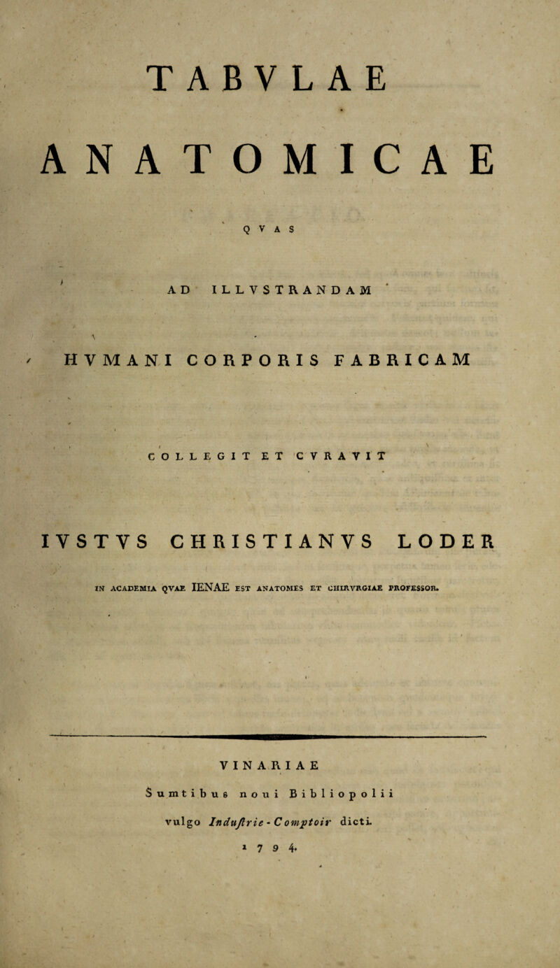 T A B V L A E ANATOMICAE Q V A S AD ILLVSTRANDAM A ' HYMANI CORPORIS FABRICAM * COLLEGIT ET CVRAYIT \ IYSTYS CHRISTIANVS LODER - . ( IN ACADEMIA QVAE IENAE EST ANATOMES ET GHIR.VRGIAE PROFESSOR. VINARIAE Sumtibu6 noui Bibliopolii vulgo Indujlrie - Comjptoir dicti. 1 7 9 4*