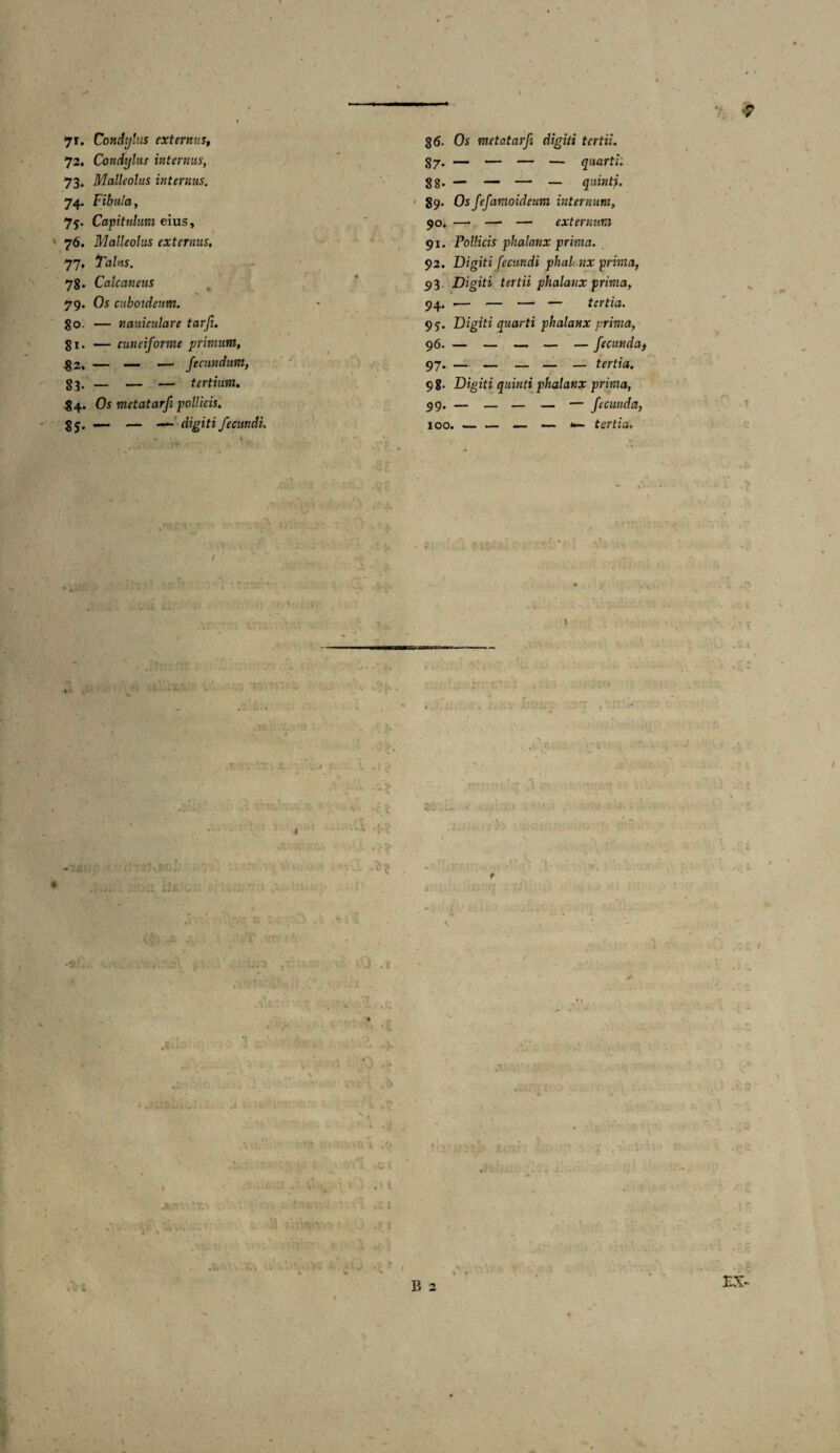 71. Condylus externus, 72* Condylus internus, 73. Malleolus internus. 74. Fibula, 75. Capitulum eius, 76. Malleolus externus, 77. Talus. 78. Calcaneus 79. Os cuboideum. 80. — nauiculare tarji, 81. — cuneiforme primum, £2, — — —■ fecundum, 83- - — — tertium. $4. Os metatarfi pollicis, 85. — — — digiti fecundi. 36. Os metatarfi digiti tertii. 87. ~ — — — quarti. 88. — — — — quintj. 89. Os fefamoideum internum, 90. —• — — externum 91. Pollicis phalanx prima. 92. Digiti fecundi phah.nx prima, 93. Digiti tertii phalanx prima, 94. •— — —• — tertia. 95'. Digiti quarti phalanx prima, 96. — — — — — fecundat 97. — — — — — tertia. 98. Digiti quinti phalanx prima, 99. — — — — — fecunda, 100. — — — — tertia. \ 1 A J. * / i ■: .1 ac..- • . .. V Jii/*. ' i ?' > ’ i.' / ^ /r. '* *l i j .] I