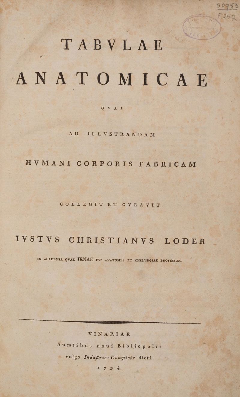OY X s AD^ ILLVSTRANDAM HVMANI CORPORIS FABRICAM COLLEGIT ET CVRAVIT IVSTVS CHRISTIANVS LODERER IN ACADEMIA QVAE TIENAE zsr ANATOMES ET CHIRVRGIAE PROFESSOR. VINARIAE : vulgo Induftrie- Comptoir dicti. &amp;7.9 ^4