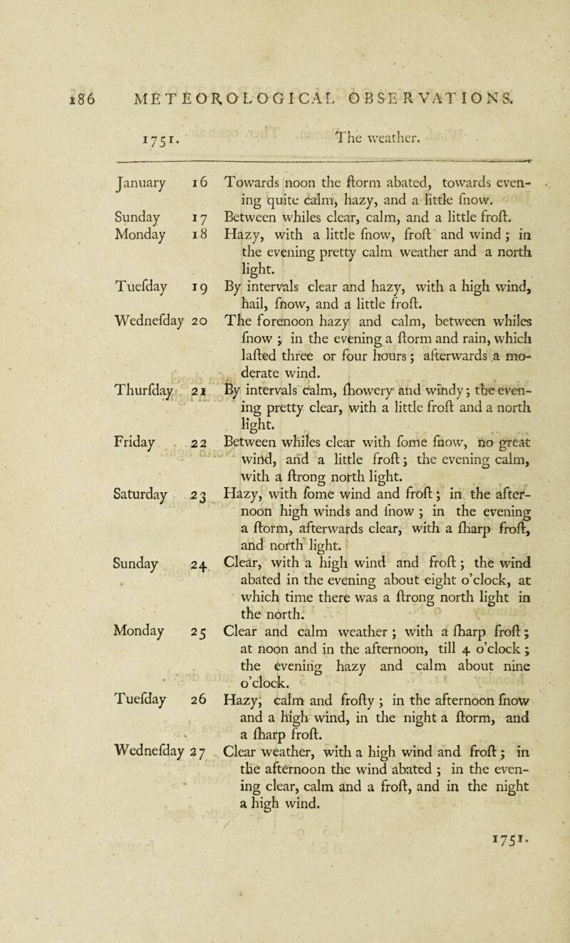 1751. The weather. January 16 Sunday Monday 18 Tuefday 19 Wednefday 20 Thurfday 21 Friday 22 l fiJ Saturday 2 3 Sunday 24. Monday 2 5 Tuefday 26 Wednefday 27 Towards noon the ftorm abated, towards even¬ ing quite calm, hazy, and a little fnow. Between whiles clear, calm, and a little frofh Hazy, with a little fnow, froft and wind ; in the evening pretty calm weather and a north light. By intervals clear and hazy, with a high wind, hail, fnow, and a little froft. The forenoon hazy and calm, between whiles fnow ; in the evening a ftorm and rain, which lafted three or four hours; afterwards a mo¬ derate wind. By intervals calm, fhowery* and windy; the even¬ ing pretty clear, with a little froft and a north light. Between whiles clear with fome fnow, no great wind, and a little froft; the evening calm, with a ftrong north light. Hazy, with fome wind and froft; in the after¬ noon high winds and fnow ; in the evening a ftorm, afterwards clear, with a fharp froft, and north light. Clear, with a high wind and froft; the wind abated in the evening about eight o’clock, at which time there was a ftrong north light in the north. Clear and calm weather ; with a fharp froft; at noon and in the afternoon, till 4. o’clock ; the evening hazy and calm about nine o’clock. Hazy, calm and frofty ; in the afternoon fnow and a high wind, in the night a ftorm, and a fharp froft. Clear weather, with a high wind and froft ; in the afternoon the wind abated ; in the even¬ ing clear, calm and a froft, and in the night a high wind. 1751.