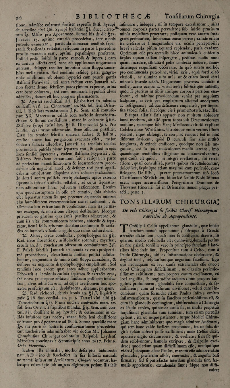 tione, ad mi fce colatura* fortiter expreflae tfeift. Syrupi de acredine citri §ifi. Syrupi byfantini \ j. Succi citreo-^ rum |i. Mifce pro Apozeraatc. Sumat bis de die^iv. Januarii 15. optime curatio procedebat, fere omnis putredo evanuerat , particula duntaxat tendinis fepa- randa tollenda reftabat, relitjuum in parte k putredine prorfus mundum erat, optimi pepafmipus proferens. Pollici pedis finiftri in parte carnofa & fupera ( nam ea tantum afteda erat) tunc eft applicatum unguentum aureum , defuper tenuiter impolito cum ftuppa canna¬ bina meile rofato. Sed tendinis refidu? parti gangrae- nofie adhibitum eft oleum hyperici cum paucis guttis Balfami Peruviani , uti antea fadum erat. Januarii 16. non fuerat denuo febrilem paroxyfmum expertus, urina erat bene colorata , fed cum amurcofa hypoftafi alvus adllridi, datum eft hoc purgans pharmacum. Ifj. Agarici trochifcati 3 >• Rhabarbari in taleolas conici ili 3 i 6. 22. Cinnamomi an. 9 S. fol. fen? Orien- tal. a ftipicibus mundatorum 5 ft. Sem. anifi contufo- rum 36. Maceremur calide tota node in decodofru- d ium Sc florum cordialium , mane in colaturae D .folve iyrupi volati lax. \ i 6. Diaphcnici 3iij. Pro hmftu, cras mane alfumendo. Bene officium prteftitit. Cu n ita tenuior febrilis materia fudore & halitu, crallio autem hac purgatione evacuata eflet, major {aniratis fiducia allucebat. Januarii 23. tendinis refidua portiuncula putrida plane lepatata erat, & quod in ejus loco fordidi fupererat , eodem Balfamo Hyperici , & B ilfimo Peruviano percuratum fuit : reliqua in parte ad perfed.am mundiheationem & incarnationem proce¬ debant ufu unguenti aurei , & defuper toti puti appli¬ cabatur emplutrum diapalma oleo rofaceo malaxatum. In dextri autem pollicis terti? phalangis apice externo fquamula fphacelo afteda reflabat, ad cujus feparatio- nem adhibuimus hunc pulverem exficcantem. Etenim ejus quod corruptum in oife eft curatio, fola ablatio eft: feparatur aurem iis qu? potenter deficando omnem ejus liuiniditatem excrementitiam cariei authorem , & alimentariam exhuiriunt & confumunt: nam ita perma¬ net exangue, & nurritione vitaque deftituitur. ldeoque privatum eo glutino quo lanis partibus adhaerebat , & cum iis vitee communionem habebat, abfcedit & fepa¬ ratur, ficuti folia arborum decidunt confumpto & arefa- do eo humoris vifeofo coagulo quo ramis cohaerebant. Aloes, cretee combuftae , pompholygos an. jij. Rad. ireos florcntin.e, ariftoiochiae rotund?, myrrhee, cerulee an. 3 j. Concharum oftreorum combuftarum 3 fi- F. Pulvis (librilis. Januarii 27. omnia ex voto profpeiri- me procedebant, cicatrifantia liniftro pollici adhibe¬ bantur , unguentum de minio cum ftuppa cannabina, & defuper ex unguento diapompholygos emplaftrum : Sed tendinis loco eadem quae antea adhuc applicabantur. Februarii 3. laminula cariofa feparata & extrada erat, fed nova ?x corpore affiuxio liniftrum pollicem infefta- bac , alvus adttrida erat, ad cujus averhonem hoc apo- zema preeferiptum eft , deobftruens , alterans, purgans, 'lf. Rad. cichorei, dentis leonis an. § ifi. liquiritiae rafae 3 i fi- for. cordial. an. p. j. Tartari vini albi § j. Tamarindorum ij. Pruna nucleis confradis num. xv. fol- fenar Orient. a ftipitibus mundat. ^ ij. Sem. anifi con¬ tuli 3 i j. ebulliant in aq. hordei; & detineantur in ca¬ lida infulione tota node, mane fada leni ebullitione Colentur pro Apozemate ad tb i 6. Sumat quotidie mane §v. ira pono ad fanitatis confurrmationem procedeba- tur. Encheirefin adminiftrabat vir dodus Mr. Johannes Camphutius Chirurgus ordinarius Reipubl. Leydenf. hiftoriam concinnavit &confcripfit anno 1637. Febr.6. O^bn Heurtifus. Eadem illa animalia, morbo deferipto inducendo na*'., a D ■<- ino de Rochefort in fua hiftoria naturali ac norali infu arum Aitiilarum, Chicjues vocantur; ha- bccqnc edam ipfe fub ungues digitorum pedum illa fefe B IB’LIOTHECj£ Tonfillarum Chirurgia infinuare , indeque t ni in tempore extrahantur , alias omnes corporis partes pervadere; fub initio pruritum minus moleftum procreare; poftquam verb cutem intfi- gram perforarunt, inflammationem parete; exinde etiatn ita crefcere ut k magnitudine vix oculis perceptibili , brevi veliculae pifum aequanti replendae , paria evadant. Optimum efle pro arcendis hilce animalcuiis cubiculo faepius aquam fallam infpergere , pedibus nudis nun¬ quam incedere, tibialia £ pelle confeda induere, mun¬ ditiemque exquifitam obfervare. In ipso autem morbo, pro confumenda puuedine, viridi atris, aqua forti, oleo vitrioli , ac alumine ullo uti ; ur & etiam fuccb citri minoris intenfc acido. Unguentum praeterea conficit e meile, aceto acriori ac viridi aeris; fubjicirque raridetti, quod fi pruritus in tibiis aliifque corporis partibus ena- fcatur , ei minime providendum veniat per unguium fcalptum, at Vero per emplaftrum aliquod anodyflUlB ac refrigerans ; talique deficiente emplati.ro , per imjpo- fita rabaci folia, fuCcoque cirri praememoraro.Haec ille, E fupra allatis fatis apparet non multum abludere hunc morbum, ab alio quem lupra fub Dracunculorum nomine, quemque fub Ven? MediuCofis titulo explicat Celeberrimus Welfchius. Utrobique enim vermes illum pariunt, iique oblongi, teretes, ac tenues; fed irt hoC differunt invicem , quod D acunculi fine aliis mtiltb longiores, & exinde crafliores , quodque non feb titl- guibus, ied in ipfo muiculorum medio lateanc, imb quandoque tendinibus illigentur ac circumvolvantur , qua? catifa eft qubd, ni integri evellantur, fui retra- dionc, quali convulfiva, partes quibus circumducuntur, dolorifice, faepiulque etiam maximo cum periculo, cor.* ftringanr. De illis , prxrer praememorarum fub loco Clarilfimum 'WeUchium, hiftoricc feribit Nobiliffimus juxta atque accuratiflimus Peregrinator Dominus dc Thevenot Itinerarii fui in Orientales mundi plagas per- adi, parte 3. TONSILLARUM CHIRURGIA’ De Hac Chirurgia fic feribit Clari f Hieronymus Fabricius ab Aquayendente. TOnfill? k Celfb appellantur glandula:, quae initio faucium mutuo opponuntur ; ideoque k Graecis 4Lvriu$t( didar lunt, quafi inter le contrarias dixeris,in quarum medio columella ell; quamvis columella potius in fine palati, tonlillar vero in principio faucium k late¬ ribus hinc inde lint. Proponitur tum a Celfo, tum k Paulo Chirurgia, ubi ex inflammatione obduruere, Sc deglutitioni , refpirationiquc negotium faceflunt. Ego qui nequaquam ex levi caufa extrahendas efle duco} quod Chirurgiam difficillimam , ne dixerim periculo- fiflimam exiftimem; rum propter earum exclfionem, exi loci anguftia, & longitudine arduam j cum propter fan- guinis profufionem. glandulis fere conjundam , & fa¬ miliarem ; cum ad valorum divifiones, veluti cunei in¬ cumbant,- quam formidat etiam Paulus infra ; omitto inflammationem, quae in faucibus penculofiffima eft, & cum iis glandulis conjungitur , abftinendum a Chirurgia ex Paulo cenfeo, quibus de caufis fit, ut multi perpetuo hujufrnodi glandulas tum tumidas, tum etiam pertufas geftent, ita ut neque patientes, neque Medici Chirur¬ giam hanc adminiftrent: quo magis admiror Audores, qui rem hanc valde facilem proponunt, ita ut folis di¬ gitis ipfaiti auferri polle exi (liment; unde Celfus dixit, oportere digito circunradere, & evellere; fi ne fic qui¬ dem relblvuntur, hamulo excipere, & fcalpello exci¬ dere ; quod etiam quam difficillimum efle , unufquifquc videt.Quanquam dicat Paulus, manum efle admovendam glandulis, praefertim albis, contradis , & angufta bali firmatis; fed fi putrefadae interdum glandulae fint, ha¬ mulis apprehenfae, extrahenda fune j idque non diffi¬ culter