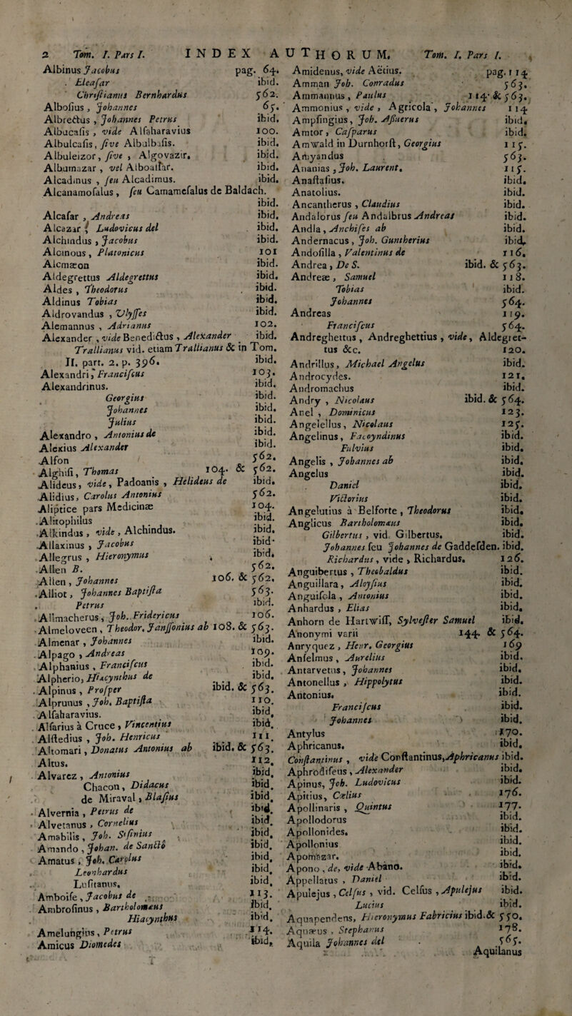 Albinus Jacobus pag. 64. . Eleafar ibid. Cbriftianut Bernharcitis 562. Albofius , Johannes 6y. Albredus , Johannes Petrus ibid, Albacalis , vide Alfaharavius IOO. Albulcalis , Jive Albaibafis. ibid« Albuleizor, five , Algovazir. ibid. Albumazar , vel Alboatfar. ibid. Alcad.nus , [eu Alcadirnus. ibid. Alcanamofalus , [eu Camamefalus de Baldach. ibid. Alcafar , Andreas ibid. Alcazar ; Ludovicus dei . ibid. Alchindus > Jacobus ibid. Alcinous, Platonicus IOI Alcmaeon ibid. Aidegrettus Aldegrettus ibid, Aldes , Theodorus , ibid. Aldinus Tobias ibid. Aidrovandus , ZJlyjfes ibid. Alemannus , Adrianus *02. Alexander , vide Benedi&us ■> Alexander g ibid. Trallianus vid. etiam Trallianus & in Tom. II, part. 2. p. 39^* ibid. Alexandri ,* Francifcus 1 °3 • Alexandrinus. ibid. Georoius ibid. * •» • 1 Johannes Ibid. Julius |bid. Alexandro, Antoniusdc |bjd. Alcxius Alexander ibid. Alfon 5 2* Algbifi, Thomas l04‘ ^ 1^2. Alideus, vide, Padoanis , Helideus de ibid. Alidius, Carolus Antonius 562. Aliptice pars Medicinae 1°4* .Alitophilus . Aikindus, vide, Alchindus. ibid. ■Allaxinus , Jacobus ibid- Alle^rus , Hieronymus . ibid* •A»tn J. , .S6/- AUen , Johannes 106, oc 502, • Alliot, Johannes Baptifla 5^3* . Petrus ibid. Allmacherus, Joh. Fridericus 106. • Almeloveen , Theodor, Janjfonius ah 108. & y5y- Almenar , Johannes ibid. . Alpago > And’ eas *^9* Alphanius , Franctfcus ibid. Alpherio, Hi*cynthus de ibid. . Alpinus , Profper ibid. oc 50 3. Alprunus , Joh, Baptifla 1 IO. Alfaharavius. ^bid, . Alfarius a Cruce , Vincentius ibid. Alftedius , Joh. Hernicus H i, AUomari, Donatus Antontus ab ibid. & 565. Altus. Alvarcz , Antonius Jbid, Chacon, Didacus ibid. de Miraval > Blaftus ibid, • Alvernia , Petrus de *!<{• • Alvetanus , Cornehus ibid. Amabilis, Joh. Stfinius ^ ibid. Amando , Johan. de Santto ibid. Amatus , J oh. Carolus ibid, Leonhardus ibid, Lufitamis, ib‘d, Amboi (e, Jacobus de - Ambrofinus , Bartholomaus fbid. Hiatynthus ibid, Amelungius, Petrus *14. Amicus Diomedes *bide Amidenus, vide Aedus. pag. f 1^, Amman Joh. Conradus 563, Arnmannus , Paulus 114’&y63. Ammonius y vide , Agricola, Johannes iiq. Ampfingius, Joh. Afuerus ibid, Amtor, Cafparus ibid. AmWald in Durnhorft, Georgius 1 iy. Amyandus 563. Ananias , Joh. Laurent. 11 y. Anaftalius. ibid. Anatolius. ibid. Ancantherus , Claudius ibid. Andalorus feu Andaibrus Andreas ibid. Andla , Anchifes ab ibid. Andernacus , Joh. Guntherius ibid* Andofilla , Valentinus de 115, Andrea, De S. ibid. &y6y. Andreee , Samutl 11 8. Tobias ibid. Johannes y 64. Andreas ny. Francifcus y Andreghettus , Andregbettius , vide, Aldegret- tus &c. 120. Andrillus, Michael Angelus ibid. Androcydes. 121, Andromachus ibid. Andry , Nicolaus ibid. & y 6.4.. Anel , Dominicus 123. Angeleilus, Nicolaus 12y. Angelinus, Facoyndinus ibid. Fulvius ibid. Angelis , Johannes ab ibid. Angelus ibid. Danicl ibid. Vitlorius ibid. Angelutius a Belforte , Theodorus ibid, Anglicus Barthol ornans ibid. Gilbertus , vid< Gilbcrtus. ibid. Johannes feu Johannes de Gaddefden. ibid. Richardus, vide » Richardus. 12 5. Anguibertus , Theobaldus ibid. Anguillara, Aloyfius ibid. Anguifcla , Antonius ibid. Anhardus , Elias ibid, Anhorn de Hartwiff, Sylvefier Samutl ibid. Anonymi varii J44* ^ y^4* Anryquez , Henr. Georgius 169 Anfelmus, Aurelius ibid. Ar.tarvetus, Johannes ibid, Antonellus Hippolytus Antonius. j^!d. Francijcus ibid. Johannes ibid. Antylus Aphricanus. ibid. Conflantinus , vide Corftantinus,Aphricanus ibid. Aphrodifeus, Alexander ibid. Apinus, Joh. Ludovicus ibid. Apitius, Coelius i ■ * 176. Apollinaris , Quintus *77* Apollodorus I.^* Apollonides. Apollonius ? Apomazar. Apono , de, vide Abano. Appellatus , Danitl ibtd. Apulejus , Celfus , vid. Celfus , Apulejus ibid. Lucius ibid. Aquapendcns, Hieronymus Fabricius ibid.& yyo. Aquaeus , Stephaniis 17®* Aquila Johannes dtl . Aquilanus