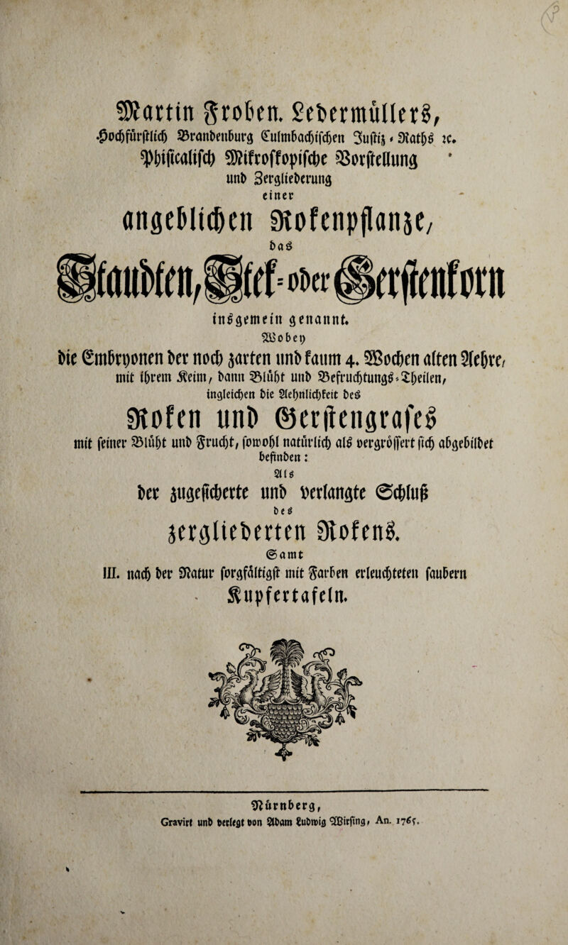 Martin groben. 2et>ermüUer£, .fjoc&fürftltdj SBranbeitburg <Eu[mbadjtfdjen 3uj!ij < fHat^ö je. Wjicalifd) 9)?iftoffopifcbe sBorfteHunfl unb Serglteberung einer «ngeblidien stofenpflanse/ t>a$ idtt^^pebokt^enforn internet'« genannt. SBobet) bie £mbtt)onen bet noch jatten unb faum 4. Soeben alten Siebte/ mit t(jeem .Steint, bann ©lübt unb SBefrucIjtungtf* feilen, ingleicfjm bie aiefjnlic^fett beö Stofen unb ©ecitengrafei» mit feiner 331üf)t unt> grudjt, fomoljl natürlich al$ Der<jrojfert fidj aBöebiltet ^eftnben: 9U* bet augejicbette unb rerlanste ©eblub Oe $ jerglieberten Stofen?. ©amt III. nach ber Statur forgf&tigft mit Farben erleuchteten fanbern $upfertafeln. Sftärn&erg, Gravirt unO oerleflt wn StOam EuOroifl <3Birftns # An. 176?.