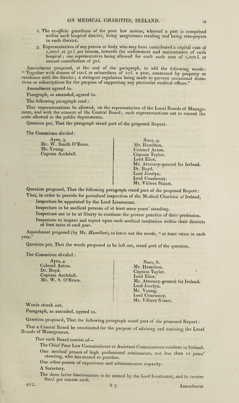 IX 2. The ex-officio guardians of the poor law unions, whereof a part is comprised within such hospital district, being magistrates residing and being rate-payers in such district. 3. Representatives of any person or body who may have contributed a capital sum of 1,000/. or 50/. per annum, towards the endowment and maintenance of such hospital; one representative being allowed for each such sum of 1,000/. or annual contribution of 50/. Amendment proposed, at the end of the paragraph, to add the following words: “ Together with donors of 100/. or subscribers of 10/. a year, connected by property or residence with the district; a stringent regulation being made to prevent occasional dona¬ tions or subscriptions for the purpose of supporting any particular medical officer.” Amendment agreed to. Paragraph, as amended, agreed to. The following paragraph read : That superannuations be allowed, on the representation of the Local Boards of Manage¬ ment, and with the consent of the Central Board; such superannuations not to exceed the scale allowed in the public departments. Question put, That the paragraph stand part of the proposed Report. The Committee divided: Ayes, 3. Mr. W. Smith O’Brien. Mr. Young. Captain Archdall. Noes, 9. Mr. Hamilton. Colonel Acton. Captain Taylor. Lord Eliot. Mr. Attorney-general for Ireland. Dr. Boyd. Lord Jocelyn. Lord Courtenay. Mr. Villiers Stuart. Question proposed, That the following paragraph stand part of the proposed Report: That, in order to provide for periodical inspection of the Medical Chanties of Ireland, Inspectors be appointed by the Lord Lieutenant. Inspectors to be medical persons of at least seven years’ standing. Inspectors not to be at liberty to continue the private practice of their profession. Inspectors to inspect and report upon each medical institution within their districts at least tzeice in each year. Amendment pioposed (by Mr. Hamilton), to leave out the words, “ at least twice in each year. Question put. That the words proposed to be left out, stand part of the question. The Committee divided : , Ayes, 4. Noes, 8. Colonel Acton. Mr. Hamilton. Dr- B°yd- Captain Taylor. Captain Archdall. Lord Eliot. Mr. W. S. O Brien. Mr. Attorney-general for Ireland. Lord Jocelyn. Mr. Young. Lord Courtenay. Mr. Villiers Stuart. Words struck out. Paragraph, as amended, agreed to. Question proposed, That the following paragraph stand part of the proposed Report: That a Central Board be constituted for the purpose of advising and assisting the Local Boards of Management. D That such Board consist of— The Chief Poor Law Commissioner or Assistant Commissioner resident in Ireland. One medical person of high professional attainments, not less than 10 years’ standing, who has ceased to practise. One other person of experience and administrative capacity. A Secretary. The three latter functionaries to be named by the Lord Lieutenant, and to receive 000/. per annum each.