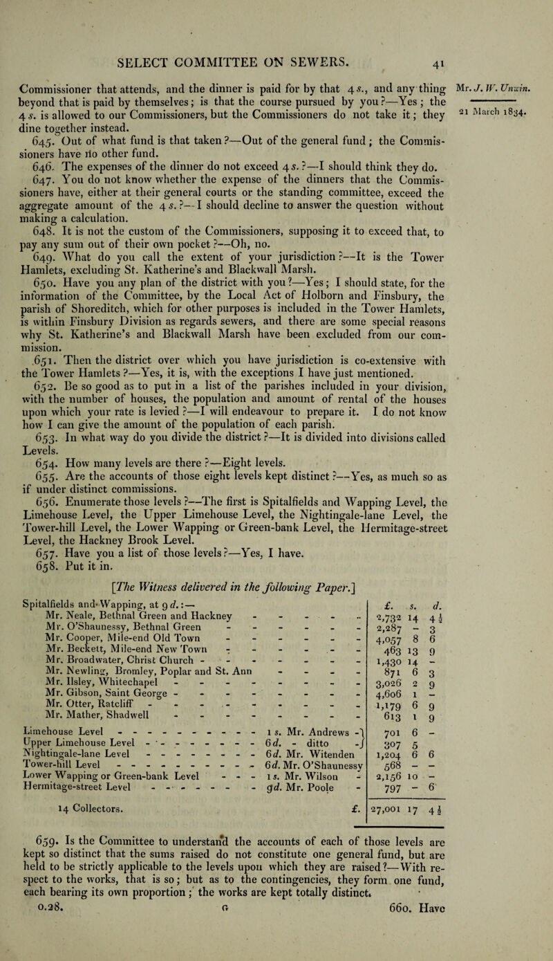 Commissioner that attends, and the dinner is paid for by that 45., and any thing beyond that is paid by themselves; is that the course pursued by you?—Yes; the 4 s. is allowed to our Commissioners, but the Commissioners do not take it; they dine together instead. 645. Out of what fund is that taken ?—Out of the general fund ; the Commis¬ sioners have rio other fund. 646. The expenses of the dinner do not exceed 4 s. ?—I should think they do. 647. You do not know whether the expense of the dinners that the Commis¬ sioners have, either at their general courts or the standing committee, exceed the aggregate amount of the 45.?—I should decline to answer the question without making a calculation. 648. It is not the custom of the Commissioners, supposing it to exceed that, to pay any sum out of their own pocket ?—Oh, no. 649. What do you call the extent of your jurisdiction ?—It is the Tower Hamlets, excluding St. Katherine’s and Blackwall Marsh. 650. Have you any plan of the district with you?—Yes; I should state, for the information of the Committee, by the Local Act of Holborn and Finsbury, the parish of Shoreditch, which for other purposes is included in the Tower Hamlets, is within Finsbury Division as regards sewers, and there are some special reasons why St. Katherine’s and Blackwall Marsh have been excluded from our com¬ mission. .651. Then the district over which you have jurisdiction is co-extensive with the Tower Hamlets ?—Yes, it is, with the exceptions I have just mentioned. 652. Be so good as to put in a list of the parishes included in your division, with the number of houses, the population and amount of rental of the houses upon which your rate is levied ?—I will endeavour to prepare it. I do not know how I can give the amount of the population of each parish. 653. In what way do you divide the district ?—It is divided into divisions called Levels. 654. How many levels are there ?—Eight levels. 655. Are the accounts of those eight levels kept distinct ?—Yes, as much so as if under distinct commissions. 656. Enumerate those levels ?—The first is Spitalfields and Wapping Level, the Limehouse Level, the Upper Limehouse Level, the Nightingale-lane Level, the Tower-hill Level, the Lower Wapping or Green-bank Level, the Hermitage-street Level, the Hackney Brook Level. 657. Have you a list of those levels?—Yes, I have. 658. Put it in. [The Witness delivered in the following Paper.] Spitalfields and-Wapping, at 9 d.: — Mr. Neale, Bethnal Green and Hackney - - - ■ - Mr. O’Shaunessy, Bethnal Green _____ Mr. Cooper, Mile-end Old Town _____ Mr. Beckett, Mile-end New Town - - - - Mr. Broadwater, Christ Church ------ Mr. Newline, Bromley, Poplar and St. Ann - Mr. llsley, Whitechapel Mr. Gibson, Saint George - Mr. Otter, Ratcliff Mr. Mather, Shadwell Limehouse Level ------ Upper Limehouse Level - * - - - Nightingale-lane Level - - - - Tower-hill Level ------ Lower Wapping or Green-bank Level Hermitage-street Level - - - - - - - 15. Mr. Andrews -1 - - - 6 d. - ditto -J - - - 6 d. Mr. Witenden - - - 6d. Mr. O’Shaunessy - - - 15. Mr. Wilson - gd. Mr. Poole £. 5. ^732 14 2,287 — 4>°57 8 463 13 M3© H 871 6 3,026 0 j* 4,606 1 M79 6 613 1 701 6 307 5 1,204 6 568 — 2,156 10 797 . — d. 4 3 3 6 9 3 9 9 9 6 6 14 Collectors. £. 27,001 17 41 659. Is the Committee to understand the accounts of each of those levels are kept so distinct that the sums raised do not constitute one general fund, but are held to be strictly applicable to the levels upon which they are raised?—With re¬ spect to the works, that is so; but as to the contingencies, they form one fund, each bearing its own proportion; the works are kept totally distinct* 0.28. a Mr. J. IV. Unwin. 21 March 1834. 660. Have