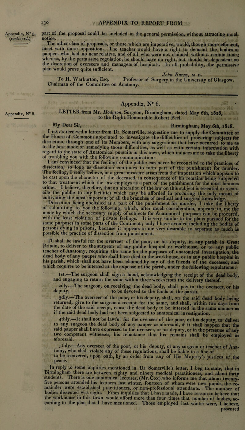 Appendix, N® 5, part of the proposal could be included in the general permission, without attracting much {continued.') notice. -- The other class of proposals, or those which are imperative, would, though more efficient, meet with more opposition. The teacher would have a right to demand the. bodies of paupers who had no near relative, and of all who were not claimed within a certain time; whereas, by the permissive regulation, he should have no right, but should be dependent on the discretion of overseers and managers of hospitals. In all probability, the permissive plan would prove quite sufficient. John Burns, m. d. To H. Warburton, Esq. Professor of Surgery in the University of Glasgow. Chairman of the Committee on Anatomy. Appendix, N* 6. ;' * Appendix, N“6. LETTER from Mr. Hodgson, Surgeon, Birmingham, dated May 6th, 1828, -!— to the Right Honourable Robert Peel. My Dear Sir, Birmingham, May 6th, 1828. I have received a letter from Dr. Somerville, requesting me to supply the Committee of the House of Commons appointed to investigate the difficulties of procuring subjects for dissection, through one of its Members, with any suggestions that have occurred to me as to the best mode of remedying those difficulties, as well as with certain information with regard to the state of Anatomical pursuits in this town, which induces me to take the liberty of troubling you with the following communication : I am convinced that the feelings of the public can never be reconciled to the practices, of dissection, so long as dissection continues to form part of the punishment for murder. The feeling, I really believe, in a great measure arises from the imputation which appears to be cast upon the character of the deceased, in consequence of his remains being subjected to that treatment which the law employs as a part of the punishment for the most heinous crime. I believe, therefore, that an alteration of the law on this subject is essential to recon¬ cile the public to any facilities which may be afforded in procuring the only means of cultivating the most important of all the branches of medical and surgical knowledge. Dissection being abolished as a part of the punishment for murder, I take the liberty of submitting to you the following, which, after much consideration, appears to me the mode by which the necessary supply of subjects for Anatomical purposes can be procured, with the least violation of private feelings. It is very similar to the plans pursued for the same purposes in some parts of the Continent; only I have avoided including the bodies of persons dying in prisons, because it appears to me very desirable to separate as much as possible the practice of dissection from punishment. IT shall be lawful for the overseer of the poor, or his deputy, in any parish in Great Britain, to deliver to the surgeon of any public hospital or workhouse, or to any public teacher of Anatomy, requiring the same for the purposes of anatomical investigation, the dead body of any pauper who shall have died in the workhouse, or in any public hospital in his parish, which shall not have been claimed by any of the friends of the deceased, and which requires to be interred at the expense of the parish, under the following regulations : 1st.—The surgeon shall sign a bond, acknowledging the receipt of the dead body, and engaging to return the same within three weeks from the delivery thereof. 2dly.—The surgeon, on receiving the dead body, shall pay to the overseer, or his deputy, to be devoted to the funds of the parish. 3dly.—The overseer of the poor, or his deputy, shall, on the said dead body being returned, give to the surgeon a receipt for the same, and shall, within two days from the date of the said receipt, cause the dead body to be interred in the same manner as if the said dead body had not been subjected to anatomical investigation. \ 4thly.—It shall not be lawful for the overseer of the poor, or his deputy, to deliver to any surgeon the dead body of any pauper as aforesaid, if it shall happen that the said pauper shall have expressed to the overseer, or his deputy, or in the presence of any two competent witnesses, his reluctance that his remains shall be employed as aforesaid. 5thly.—Any overseer of the poor, or his deputy, or any surgeon or teacher of Ana¬ tomy, who shall violate any of these regulations, shall be liable to a fine of to be recovered, upon oath, by an order from any of His Majesty’s justices of the peace. In reply to some inquiries mentioned in Dr. Somerville’s letter, I beg to state, that in Birmingham there are between eighty and ninety medical practitioners, and about forty students. There is one anatomical lecturer, (Mr. Cox) who informs me that about twenty- five persons attended his lectures last winter, fourteen of whom were new pupils, the re¬ mainder were established practitioners, or non-professional attendants. The number of bodies dissected was eight. From inquiries that I have made, I have reason to believe that the workhouse in this town would afford more than four times that number of bodies, ac¬ cording to the plan that I have mentioned. Those employed last winter were, I believe, procured