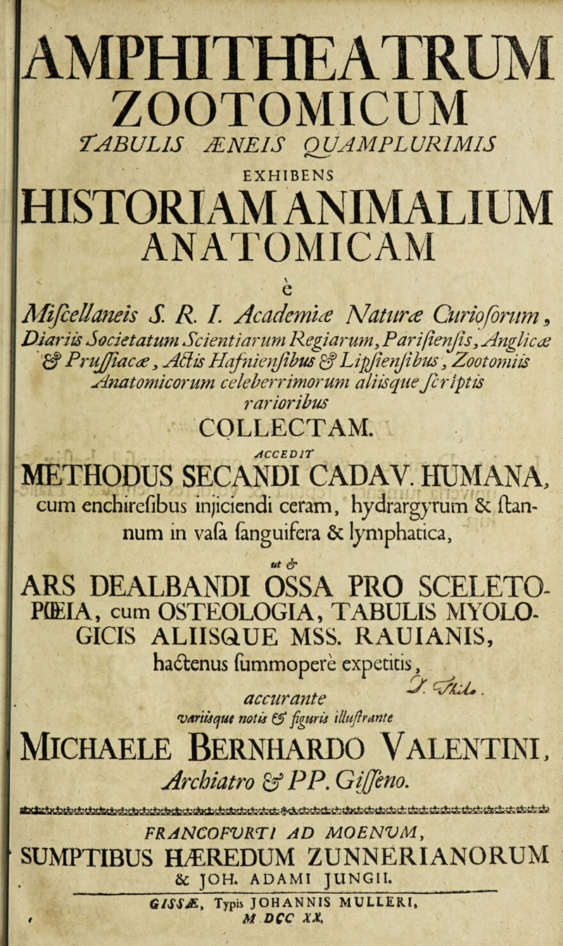 ZOOTOMICUM TABULIS ALNEIS OUAMPLURIMIS EXHIBENS HISTORIAM ANIMALIUM ANATOMICAM \ e Mijcellaneis S. R. I. Academiae Natur# Curio forum, Diariis Societatum Scientiarum Regiarum, Parifienjis, Anglicce PruJJiac&lt;£, Adis Hafnienfibus £§ Lipjienjibus, Zootomiis Anatomicorum celeberrimorum aliis que Jcrlptis rarioribus COLLECTAM. ACC EDlT METHODUS SECANDI CADAV. HUMANA, cum enchirefibus injiciendi ceram, hydrargyrum &amp; ftan- num in va(a (anguifera &amp; lymphatica, ut &amp; ARS DEALBANDI OSSA PRO SCELETO- PflEIA, cum OSTEOLOGIA, TABULIS MYOLO- GICIS ALIISQUE MSS. RAUIANIS, ha&amp;enus (iimmopere expetitis, accurante Mriisque notis &amp; figuris illufirante Michaele Bernhardo Valentini, Archiatro &amp; PP. G i (feno. &gt; 'SUI? • %■ il' ' 'A G-. e ' O t \ 'N ' • H£ % , ' 'v FRANCOFVRTl AD MOENVM, SUMPTIBUS HTREDUM ZUNNERIANORUM &amp; JOH. ADAMI JUNGII. G/SSM, Typis JOHANNIS MULLERl, i M DCC XX,