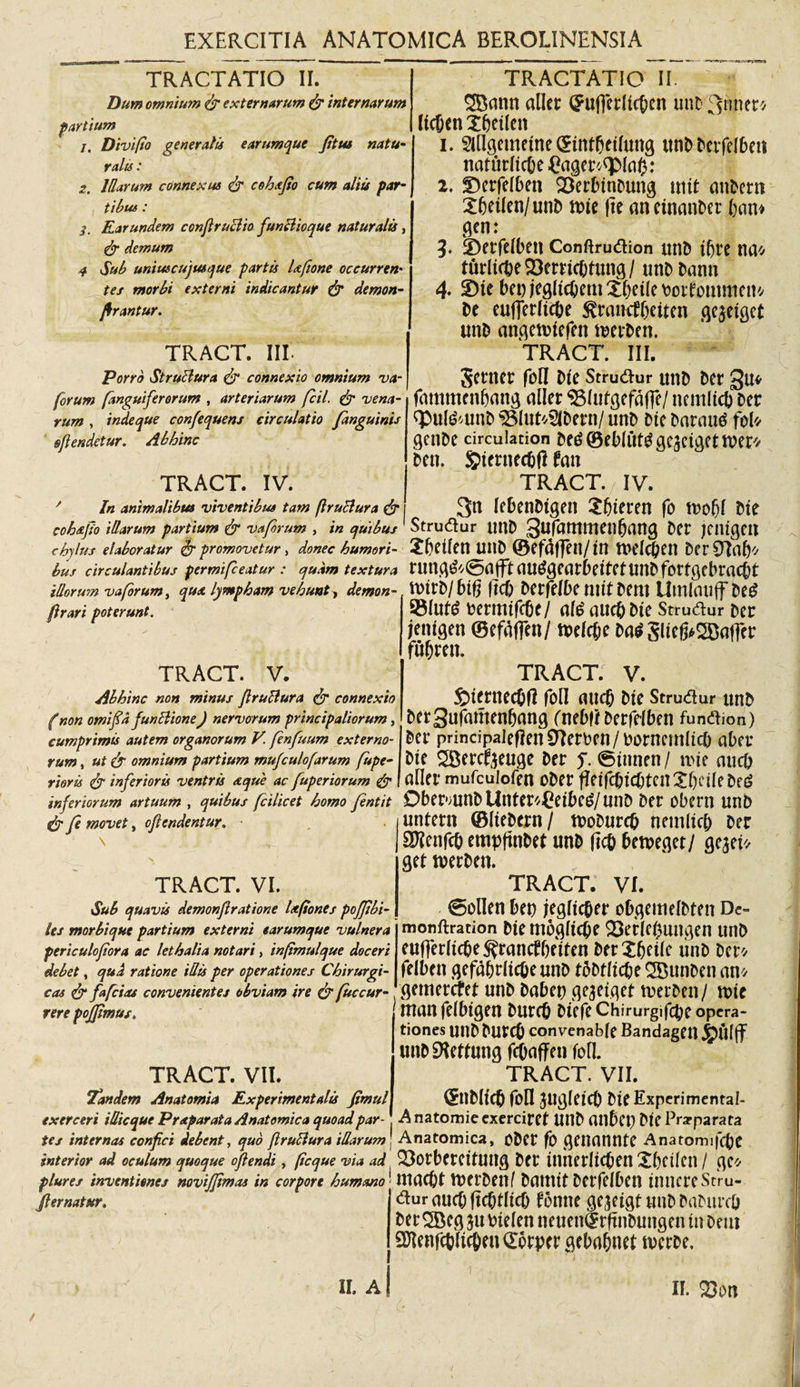 EXERCITIA ANATOMICA BEROLINENSIA TRACTATIO II. SBtmn aller C?ufjer(ict)cn utrt3mter* ItcbenXbetlen 1. Slflgemetne CEtnfbetlung unD Devfelben natMcbe£ctger*&lt;JMcib: 2. 2)erfelben 03erbinDung uut curtem Xbetlen/unD nue fte anetnanDer ban* m- 5)erfdbett Conftrudion Utrt l^tC UCt* turltcbe&amp;emcDfung/ unD tuum 4* 2)te bet)jegItcbem£bdIebord&gt;mmem De eufiedtcbe ^rctntfbdten .qcjeiget utrt angemtefen tuerDen. TRACT. III. Scnter foll tue Strudur unD Der 3u* fammenbang ctller 33Iufgefafie/ ttemltcb Der T&gt;utemtrt$Mut'/2(Dertt/unD Dtebaratrt fol* getrte drculation Deg ©ebito geseigetwr* Dett. S&gt;tmiecb(l fati TRACT. / IV. 3*t IfbenDtgen £bieren fo rtofjl Dte cohafio illarum partium &amp; vaforum , in quibus 1 Strudur UttD 3Ufctttt ttt C tt b it n g Det )CI1IC^Clt chylus elaboratur &amp; promovetur, donec humori- ?bdlcn UttD ©ef6f]etl/tn ttfdcbett Der 37cif)^ bus circulantibus permifceatur : quam textura rUttg£'/(5cifft ClUCSgeCirbettCtUnbforfgebrciCbt TRACTATIO II. Dum omnium &amp; externarum &amp; internarum partium 1. Divifio generalis earumque Jitus natu¬ ralis : 2. Illarum connexus &amp; cohafio cum aliis par¬ tibus : 3. Rarundem conflruBio funclioque naturalis, &amp; demum 4 Sub uniuscujusque partu Ufione occurren• tes morbi externi indicantur &amp; dem on¬ erantur. TRACT. III- Porro StruBura &amp; connexio omnium va¬ forum fanguiferorum , arteriarum fcil. &amp; vena¬ rum , indeque confequens circulatio /anguinis eflendetur. Abhinc TRACT. IV. In animalibus viventibus tam flruBura &amp; | illorum vaforum, qua lympham vehunt, demon firari poterunt. TRACT. V. Abhinc non minus flruBura &lt;^r connexio (non orni fid funBione) nervorum principaliorum, cumprimis autem organorum V. fenfuum externo¬ rum , ut &amp; omnium partium mufculofarum fupe- rioris &lt;fy inferioris ventris aque ac fuperiorum &amp; rtttrt/ big ftcb DerfelbemttDem Utrtlaujf Deg 93Iut6 Dermtfcbe/ al$ aitcbDte Strudur Der jenigen ©efafien/ n&gt;elcbe Da$5(teg*2Bafter fubrett. TRACT. V. £&gt;tmtec&amp;tf fon cutcb Dte Strudur UttD DerSufamenbang fnebtf Derfdben fundion) Der principaleflenCHerDen/DornemltcO aber Dte 2Bercf$euge Der J. ©tttnett / n&gt;te aucb aller mufcuiofen oDer getfcbtcbtenXbdleDeg inferiorum artuum , quibus fcilicet homo fentit Obet^UtlD Unter^etbet?/ UttD Der ObCTll UttD &amp; fe movet, oflcndentur. TRACT. VI. Sub quavis demonflratione Ufiones po/Jibi- les morbique partium externi «arumque vulnera periculofiora ac lethalia notari, infimulque doceri debet, qua ratione i dis per operationes Chirurgi¬ cas &lt;&amp; fafcios convenientes obviam ire &amp; fuccur- rere pojjimus. TRACT. VII. Tandem An atomi a Experimentalis fimul exerceri idicque Praparata Anatomica quoadpar- untern ©IteDcrn/ tuoDurcb nemltcb Der aftenfcb empgnDet unD (tcb bernget/ gejeb get tverDen. TRACT. VI. 0oOen bep jegltcber obgemdDten De~ monftration Dte mbgltcbe 23edcbutigen unD euffedtcbe^rancfbetten DerXbeile tinD Der* felbett gefdbrltcbe unD tDDfltcbe SBunDen an* , gemercfet unD Dabep ge^eigd- tverDen/ n&gt;tc 1 tttCtn felbtgen Durcb Diefe Chirurgifcbe opera¬ tiones unD Durcb convenabfe Bandagetl $Ulff uttDSHettung fcbaffen foll. TRACT. VII. gtlDItcb fod JUgletcb DteExperimental- A natomie exercirel UttD (ttlbcp Dte Prarparata tes internas confici debent, quo flruBura idarum] Anatomica, ODer fo gettnnttte Anatomifcbc interior ad oculum quoque oflendi , ficque via ad 33otberettUttg Dft tttttefltcben ^()Ci(ett / gC* plures inventiones noviffimas in corpore humano - UlCtCbt VDetDett/ Ddttttt Dcrfelben tttttereSrru- ft er natur. II. A dur ctucfj (tcbtltcb fotttte ge^eigt unD DnDurcb Der 2Beg ju bielen neuett$rgttDungen in Dent 9)lenrcblt(6m £ orper gebnbnet tverDe, II. &lt;£m