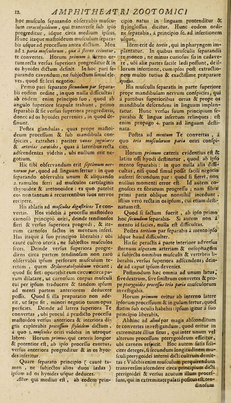 i II AMPHITHEATRI Z00T0M1C1 hoc mufculo feparando obfervabis mufcu- cipio natus in linguam protenditur &amp; lum coracohyoideum, qui transverfe fub iplo ftylogloffus dicitur. Hunc eodem ordi- progreditur , idque circa medium ipfius. ne feparabis, a principio fc. ad infcrtionem Hunc itaque maftoideum mufculum fepara- ufque. bis ufquead proceffum antea diiftum. Mox Idem erit de tertio ,qui in pharyngem im- ad 2. paria mufculorum , qua a flerno criuntur, plantatur. In quibus mufculis feparandis te convertes. Horum -primum a fterno or- te moneo &gt; ne minus curiofus fis in cadave- tumreda verfus fuperiora progreditur &amp; in re , ubi ali* partes facile l*di poliunt, deil- os hyoides didum definit. In hoc pari fe- lorum inlertione, cum ipfos poft extradio- parando cavendum,ne fubjedumfimulele* nem multo tutius &amp; exa&amp;iffime praeparare ves, quod fit levi negotio. qu^as. Primo pari feparato fecundum par fepara- His mufculis feparatis in parte fuperiore bis eodem ordine , in quo nulla difficultas: prope mandibulam nervum confpicies, qui ab eodem enim principio fuo , quod ab a partibus fuperioribus ortus &amp; prope os angulo luperiore IcapuI* trahunt, primo mandibul* defcendens in linguam implan- feparabis &amp;fic verfus fuperiora progredieris, tatur. Hunc verfus fuum principium fe- donecados hyoides pervenies , in quod de- parabis &amp; lingu* infertum relinques : eft finunt. enim propago 4. paris ad linguam defti- Poftea glandulas , quas prope maftoi- nata, deum proceffum &amp; fub mandibula con- Poftea ad mentum Te convertas , d quo tria mufculorum paria oriri confpi¬ cies. Horum primum caeteris evidentius eft &amp; latius offi hyodi deftinatur , quod ab ipfo fpicies , extrahes : pariter venas jugulares &amp; arterias carotides, quas a lateribus reda adfcendentes videbis, ubi nullum erit ne¬ gotium. Hic tibi obfervandum erit feptimum ner- mento feparabis : in quo nulla alia diffi vorum par, quod ad linguam fertur : in quo cultas , nifi quod fimul poffit facili negotio feparando obfervabis unum &amp; aliquando auferri fecundum par : quod fi fieret, non 2. ramulos ferri ad mufculos cartilaginis nullius momenti error eft. Id autem co- thyroide* &amp; aretonoide* : ex quo patebit gnofees cx fibrarum progreffu ; nam fibrae eos non tantum a recurrentibus luos nervos primi paris oblique nonnihil incedunt , recipere. illius vero reda in os ipfum, cui etiam defti- His ablatis ad mufculos digaflricos Te con- natum eft. vertas. Hos videbis a proceffu maftoideo Quod fi fadum fuerit , ab ipfo primo carnofo principio oriri, deinde tendinofos hoc fecundum feparabis» Si autem non d fieri &amp; verfus fuperiora progredi, &amp; ite- mento id facies, nulla eft difficultas, rum carnofos fados in mentum inferi. Poftea tertium par feparabis a mento ipfo Has itaque a fuo principio liberabis ubi idque haud difficulter, caute cultro uteris, ne fubjedos mufculos Hisfic peradis a parte interiore ad verfus feces. Deinde verfus fuperiora progre- fternum afperam arteriam &amp; oefophagttm diens circa partem tendinofam non raro a fubjedts omnibus mufculis &amp; vertebris li- obfervabis ipfum perforare mufculum te- berabis, verfus fuperiora adfcendensj dein- retem , quem Styloceratohyoideum vocant; de ad caput ipfum devenies, quod fic fiet: oportebit eum circumcirca pa- Poftmodum h*c omnia ad unum latus l rum dilatare, ut carnofum corpus mufculi five dextrum, fi ve finiftrum convertes &amp;pro- tui per ipfum traducere &amp; tandem ipfum pepterygoides proceffus tria paria mufculorum ad menti partem anteriorem deducere inveftigabis. poffis. Quod fi illa praeparatio non ade- Horum primum oritur ab interno latere rit, ut f*pe fit, minori negotio tuum opus ipforum proceffuum &amp; in gulam fertur,quod perficies. Deinde ad latera fuperiora Tc ftatim fub oculis habebis: ipfum igitur a fuo convertas , ubi procul a prsedido proceffu principio liberabis, maftoideo verfus anteriora &amp; interiora di- Abhinc ad aliud par magis abfeonditum gtis explorabis proceffum flyloidem didum , te convertes inveftigandum, quod oritur in a quo i, mufculos oriri videbis in utroque extremitate illius litus, qui inter unum vel latere. Horum primus, qui caeteris longior alterum proceffum pterygoideum efficitur, &amp; potentior eft, ab ipfo proceffu exortus, ubi carnem refpicit. Hoc autem fatis feli— verfus anteriora progreditur &amp; in os hyoi- citer deteges,fi fecundum longitudinem mu- des inferitur. fculipterygoidei interni didti cultrum demit- Quare feparato principio ( caute ta- tas: Videbis enim mufculum perquirendum men , ne fubjedlos alios duos l*das ) transverfim afeendere circa principium diifti ipfum ad os hyoides ufque deduces. pterigoidei &amp; verfus acutum illum procef- Alter qui medius eft, ab eodem prin- fum, qui in extremitate palati politus eft, ten- dinofum