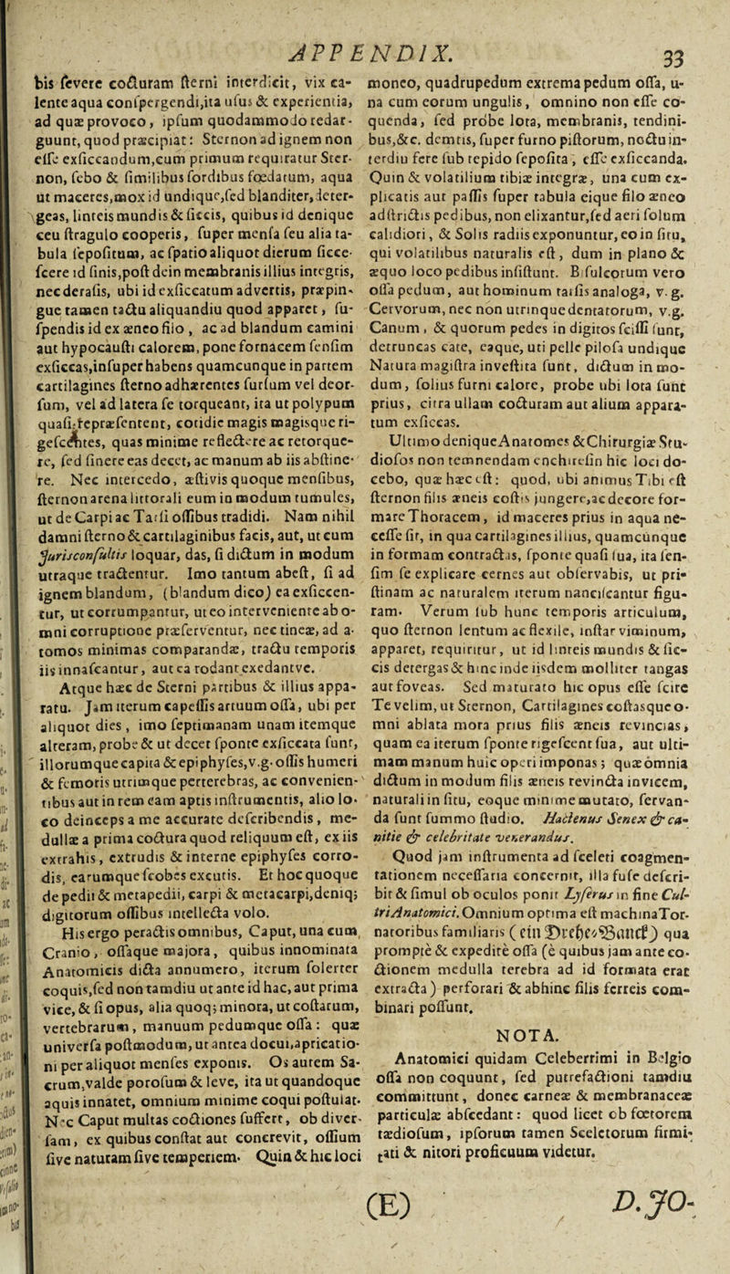 ; . APPI bis fevere ecduram fterni interdicit, vix ca¬ lente aqua confpergendi,ita uius &amp; experientia, ad quae provoco, ipfum quodammodo redar¬ guunt, quod praecipiat: Sternon ad ignem non efle exficeandum,eum primum requiratur Ster¬ non, febo &amp; fimilibusfordibusfoedatum, aqua ut maceres,mox id undique,fed blanditer, deter¬ geas, linteis mundis &amp;ficcis, quibus id denique ceu ftragulo cooperis, fuper menfa feu alia ta¬ bula fepofitum, ac fpatioaliquot dierum ficce- fcere id finis,poft dein membranis illius integris, necderafis, ubi id exficeatum advertis, praepin¬ gue tamen tadu aliquandiu quod apparet, fu- fpendis id ex aeneo filo , ac ad blandum camini aut hypocaufti calorem, pone fornacem fenfim ex(iccas,infuper habens quamcunque in partem cartilagines fterno adhaerentes furlum vel deor- fum, vel ad latera fe torqueant, ita ut polypum quafiTepraefcntent, cotidie magis magisque ri- gefc^fites, quas minime refledere ac retorque¬ re, fed linere eas decet, ac manum ab iisabftine* re. Nec intercedo, aftivis quoque menfibus, fternonarena littorali eum in modum tumules, ut de Carpi ac Tarfi olTibus tradidi. Nam nihil damni fterno 6c cartilaginibus facis, aut, ut cum ffurisconfultis loquar, das, fi didum in modum utraque trademur. Imo tantum abeft, fi ad ignem blandum, (blandum dieoj eaexficcen- tur, ut corrumpantur, ut eo intervementeabo- mni corruptione praeferventur, nec tineae, ad a- tomos minimas comparandae, tradu temporis iisinnafeantur, autca rodantexedantve. Atque haec de Sterni pArtibus &amp; illius appa¬ ratu. Jam iterum capellis artuum ofla, ubi per aliquot dies , imo feptimanam unam itemque alteram, probe &amp; ut decet fponte cxficcata funr, illorumquecapita &amp;epiphyfes,v.g-oftis humeri &amp; femoris utrimque perterebras, ac convenien*' tibusautinremeam aptis mftrumcntis, alio lo¬ co deinceps a me accurate deferibendis, me¬ dullae a prima codura quod reliquum eft, ex iis extrahis, extrudis &amp; interne epiphyfes corro¬ dis, earumquefeobes excutis. Ethoequoque de pedii &amp; metapedii, carpi &amp; metacarpi,deniq; digitorum oflibus intelleda volo. Hisergo peradis omnibus, Caput, una cum, Cranio , oflaque majora, quibus innominata Anatomicis dida annumero, iterum folerter coquis,fed non tamdiu ut ante id hac, aut prima vice, &amp; fi opus, alia quoq; minora, ut coftarum, vertebrarum, manuum pedumque ofla : qua: univerfa poftmodura, ut antea docui,apricatio¬ ni per aliquot menfes exponis. Os aurem Sa- crum,valde porofum &amp; leve, ita ut quandoque aquis innatet, omnium minime coqui poftulat* N 'C Caput multas codiones fufferc, ob diver- fam, ex quibus conftat aut concrevit, odium five naturam five temperiem- Quia &amp; hic loci N D1X. 33 moneo, quadrupedum extrema pedum ofla, u- na cum eorum ungulis, omnino non cfle co¬ quenda, fed probe lota, membranis, tendini¬ bus, &amp;c. demtis, fuper furno piftorum, nodu in- terdiu fere fub tepido fepofita , cfle exficcanda. Quin &amp; volatilium tibiae integra;, una cum ex¬ plicatis aut paflis fuper rabula eique filo aeneo adftridis pedibus, non elixantur,fed aeri folum calidiori, &amp; Solis radiisexponuntur,eoin firu, qui volatilibus naturalis eft, dum in plano &lt;5c sequo loco pedibus infiftunr. B fulcorum vero ofla pedum, aut hominum raifis analoga, v. g. Cervorum, nec non utrinquedentatorum, v.g. Canum , &amp; quorum pedes in digitos feifll funt, detruncas cate, eaque, uti pelle pilofa undique Natura magiftra inveftita funt, didum in mo¬ dum, folius furni calore, probe ubi lota funt prius, citra ullam coduram aut alium appara¬ tum exficcas. Ultimo denique A naromes &amp;Chirurgia? Stu- diofos non temnendam cnchirdin hic loa do¬ cebo, quae haeceft: quod, ubi animusTibi fft fternon filis xneis coftts jungere,ac decore for¬ mare Thoracem , id maceres prius in aqua ne- ccfle fir, in qua cartilagines illius, quamcunque in formam contradas, fponie quafi lua, ita len- fim fe explicare cernes aut oblervabis, ut pri- ftinam ac naturalem irerum nanedeantur figu¬ ram. Verum lub hunc temporis articulum, quo fternon lentum ac flexile, inftar viminum, apparet, requiritur, ut id linteis mundis &amp; fie- cis detergas&amp; hmc inde iisdem molliter tangas aut foveas. Sed maturato hic opus efle fcire Te velim, ut Sternon, Cartilagines coftasqueo- mni ablata mora prius filis aeneis revincias, quam ea iterum fponte rigefcenr fua, aut ulti¬ mam manum huic operi imponas; qua:omnia didum in modum filis aeneis revinda invicem, naturali in fitu, eoque minime mutato, fervan* da funt fummo Audio. Hatlenus Senex &amp; ca¬ nitie &amp; celebritate venerandus. Quod jam inflrumenta ad fceleti coagmen¬ tationem neceflaria concernit, illa fufe deferi- bit &amp; fimul ob oculos ponn Lyferus in fine Cul~ triAnatomici. Omnium optima eft machinaTor- natoribus familiaris ( etll 'DutyoSQantf) qua prompte &amp; expedire ofla (e quibus jam ante eo- dionem medulla terebra ad id formata erae extrsda) perforari &amp; abhinc filis ferreis com¬ binari poflunr. NOTA. Anatomici quidam Celeberrimi in Belgio ofla non coquunt, fed putrefadioni tamdiu committunt, donec carneae &amp; membranaceae particula abfcedant: quod licet obfoetorera taediofum, lpforum tamen Scelctotum fitmi- tati &amp; nitori proficuum videtur. / D-JO-