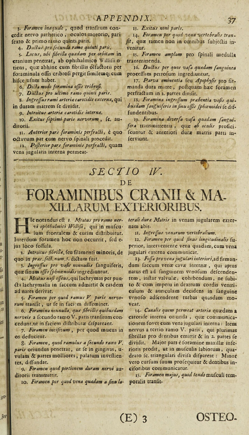 3. Foramen inaquate , quod tranfitum con¬ cedit nervo pathetico , oculos motorio, pari jfexto &amp; primo ramo quinti paris. 4. Dulius pro fecundo ramo quinti paris. 5. Locus, ubi fibrilla quadam per orbitam in cranium penetrat, ab ophihalmieo \Tllifiio- tiens, quae abhinc eum fibrillis olfa&amp;oni per foraminula offis cribrofi pergit fimilemq; cum hifce ufum habet. 6. Dicta modo foramina offis cribrofi. 7. Diilius pro ultimo ramo quinti paris. 8. Jngreffus rami arteria carotidis externa, qui in duram matrem fe dividir. 9. Introitus arteria carotidis interna. 10. Exitus feptimi paris nervorum , fc. au¬ ditorii. 11. Anterior pars foraminis perfralli, equo oftavum par cura nervo fpinali procedit. ii. Pofleriorpars foraminis perfralii, quam vena jugularis interna permeat¬ is. Exitus noni paris. 14. Foramen per quod vena vertebralis tran- fit, quae tamen non in omnibus fubje&amp;is in¬ venitur. 15. Foramen amplum pro fpinali medulla transmittenda. 16. Ductus per quos vafa quadam [anguinea procefTum petrofum ingrediuntur. 17. Parva eminentia feu Apopbyfis pro fir¬ manda dura matre , poftquam haec foramen perfra&amp;um m 2. partes divifir. 18. Foramina ingreffum prabentia vafis qui- busdam f'anguiferis in finu offis fphcenotdei fe dif¬ fundentibus- 19. Foramina diverfa vafa quadam fangui- fera transmittentia , quae ab oculis profici- fcuntur &amp; anteriori durae matris parti m- ferviunt. SECTIO IV. FORAMINIBUS CRANII &amp; MA- XILLARUM EXTERIORIBUS. Hic notandus eft 1. Meatus pro ramo ner¬ vi ophthalmici Widifii, qui in mufeu- lum frontalem &amp; cutim diftribuitur. Interdum foramen hoc non occurrit, fed e- jus loco fofifula. z. Introitus fibrilla, feu filamenti minoris, de quo in prae, felt,num.S. di&amp;um fuit. 3. lngreffus pro vafis nonnullis fanguiferis, quae finum offis fphneenoidis ingrediuntur. 4. Meatus nafi ojfeus,qm laehrymas per pun- fta laehrymaiia in faecum admittit &amp; easdem ad nares derivat. 5. Foramen per quod ramus V. paris nervo¬ rum tranfit, ut fe in facUm difTeminer. 6. Foramina nonnulla, qua fibrillis quibusdam nerveis a fecundo ramo V. paris tranfitum con¬ cedunt,ut in faciem diftributae difpareant. 7. Foramen incifivum , per quod mucus in os deducitur. g. Foramen, quod ramulus a f eundo ramo V. paris oriundus penetrat, ut fc in gingivas, u- vulam &amp; partes molliores, palatum mveftien- tes, diffundat. 9. Foramen quod portionem duram nervi au¬ ditorii transmittit. 10. Foramen per quod vena quadam a finu la- teralt dura Matris in venam jugularem exter» nam abit- 11. lngreffus venarum vertebralium. 12. Foramen per quod finus longitudinalis fu- perior, interveniente vena quadam, cum vena jugulari externa communicat. 14 Foffa pro vena jugulari interiori,a d firm a n- dutn faecum venae cavae internae , qui aptus natus eft ad fanguinem venofum defeenden- tem , inftar valvulae, cohibendum, ne fu bi¬ to &amp; cum impetu in dextrum cordis ventri¬ culum &amp; auriculam decidens in fanguinc venofo adfcendente turbas quasdam mo¬ vear. 14. Canalis quem permeat arteria quaedam a carotide interna oriunda , quae communica¬ tionem fovet cum vena jugulari interna: Item nervus a tertio ramo V. paris , qui plurimas fibrillas pro dentibus emittit &lt;3c in 2. partes fe dividit. Major pars i foramine maxilla infe¬ rioris prodit, ut m raufculis labiorum , qua¬ drato fe. triangulari divifa difpareat : Minor vero curfum fuum profequitur &amp; dentibus in- ciforibus communicatur. 15. Foramen majus; quod tendo mufeuli tem¬ poralis tranfit- (E) 3 OSTEO.