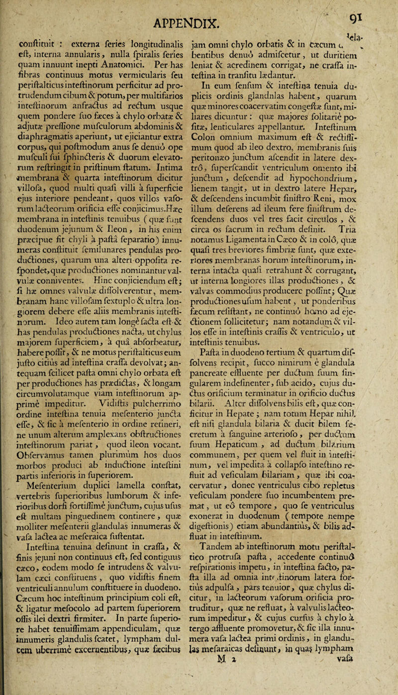 conftituit : externa feries longitudinalis eft, interna annularis, nulla fpiralis feries quam innuunt inepti Anatomici. Per has fibras continuus motus vermicularis feu pepiftalticus inteftinorum perficitur ad pro¬ trudendum cibum &amp; potum, per multifarios inteftinorum anfradus ad redum usque quem pondere fuo faeces a chylo orbatae &amp; adjutae preflione mufculorum abdominis &amp; diaphragmatis aperiunt, ut ejiciantur extra corpus, qui poftmodum anus fe denuo ope mufculi fui fp hi uderis &amp; duorum elevato¬ rum reftringit in priftinum ftatum. Intima ^ •membrana &amp; quarta inteftinorum dicitur villofa, quod multi quafi villi a fuperficie ejus interiore pendeant, quos villos vafo- rum ladeorum orificia elfe conjicimus.Haec membrana in inteftinis tenuibus ( quae funt duodenum jejunum &amp; Ileon , in his enim praecipue fit chyli a pafta feparatio) innu¬ meras conftituit femilunares pendulas pro¬ ductiones, quarum una alteri oppofita re- fjpondet, quse productiones nominantur val¬ vulae conniventes. Hinc conjiciendum eft; fi hae omnes valvulae diflblverentur, mem¬ branam hanc villofamfextuplo&amp; ultra lon¬ giorem debere effe aliis membranis intefti¬ norum. Ideo autem tam longe lacta efi &amp; has pendulas productiones nada, ut chylus majorem fuperficiem, a qua abforbeatur, habere pofiit, &amp; ne motus periftalticus eum jufio citius ad inteftina crafia devolvat; an¬ tequam fcilicet pafia omni chylo orbata efi per productiones has praedictas, &amp; longam circumvolutamque viam inteftinorum ap¬ prime impeditur. Vidiftis pulcherrimo ordine inteftina tenuia mefenterio juncta elfe, &amp; fic a mefenterio in ordine retineri, ne unum alterum amplexans obftructiones inteftinorum pariat, quod ileon vocant. Obfervamus tamen plurimum hos duos morbos produci ab inductione inteftini partis inferioris in fuperiorem. Mefenterium duplici lamella conftat, vertebris fuperioribus lumborum &amp; infe¬ rioribus dorfi fortilfime junctum, cujus ufus eft multam pinguedinem continere, quae molliter mefenterii glandulas innumeras &amp; ' vafa lactea ac meferaica fuftentat. Inteftina tenuina definunt in crafla, &amp; finis jejuni non continuus eft, fed contiguus exeo, eodem modo fe intrudens &amp; valvu¬ lam caeci conftituens , quo vidiftis finem ventriculi annulum conftituere in duodeno. Caecum hoc inteftinum principium coli eft, &amp; ligatur mefocolo ad partem fuperiorem olfis ilei dextri firmiter. In parte fuperio- re habet tenuilfimam appendiculam, quae innumeris glandulis fcatet, lympham dul¬ cem uberrime excernentibus, quae faecibus jam omni chylo orbatis &amp; in Caecum c. bentibus denuo admifeetur, ut duritiem leniat &amp; acredinem corrigat, ne crafia in¬ teftina in tranfitu laedantur. I11 eum fenfum &amp; inteftina tenuia du¬ plicis ordinis glandnlas habent, quarum quae minores coacervatim congeftae funt, mi¬ liares dicuntur : quae majores folitarie po¬ litae, lenticulares appellantur. Inteftinum Colon omnium maximum eft &amp; redifir¬ mum quod ab ileo dextro, membranis fuis peritonaeo jundum afeendit in latere dex¬ tro, fuperfcandit ventriculum omento ibi jundum, defeendit ad hypochondrium, lienem tangit, ut in dextro latere Hepar, &amp; defeendens incumbit finiftro Reni, mox illum deferens ad ileum fere ftniftrum de¬ feendens duos vel tres facit circulos , &amp; circa os facrum in rectum delinit. Tria notamus Ligamenta in Carco &amp; in co!6, quae quali tres breviores fimbriae funt, quae exte¬ riores membranas horum inteftinorum, in¬ terna intada quali retrahunt &amp; corrugant, ut interna longiores illas produdiones , 5c valvas commodius producere polfint; Quae produdiones ufum habent, ut ponderibus faecum reliftant, ne continuo homo ad eje- dionem follicitetur; nam notandum &amp; vil¬ los elfe in inteftinis craflis &amp; ventriculo, ut inteftinis tenuibus. Pafta in duodeno tertium &amp; quartum dif- folvens recipit, fucco nimirum e glandula pancreate effluente per dudum fuum lin¬ gularem indelinenter, fub acido, cujus du- dus orificium terminatur in orificio dudus bilarii. Alter diflblvens bilis eft, qua; con¬ ficitur in Hepate ; nam totum Hepar nihil, eft nili glandula bilaria 6c ducit bilem fe- cretum a fanguine arteriofo , per dudum fuum Hepaticum , ad dudum hilarium communem, per quem vel fluit in intefti¬ num, vel impedita a collapfo inteftino re¬ fluit ad veliculam bilariam, qua; ibi coa¬ cervatur , donec ventriculus cibo repletus veliculam pondere fuo incumbentem pre¬ mat , ut eo tempore, quo fe ventriculus exonerat in duodenum (tempote nempe digeftionis) etiam abundantius, &amp; bilis ad* fluat in inteftinum. Tandem ab inteftinorum motu periftal- tieo protrufa pafta, accedente continud refpirationis impetu, in inteftina fado, pa¬ fta illa ad omnia intf ftinorum latera for¬ tius adpulfa , pars tenuior, qua; chylus di¬ citur, in ladeorum vaforum orificia pro¬ truditur, qua; ne refluat, a valvulis ladeo¬ rum impeditur, &amp; cujus curfus a chylo a tergo affluente promovetur, &amp; lic illa innu¬ mera vafa ladea primi ordinis, in glandu¬ las mefaraicas defiuiunt, k qua§ lympham M ✓ vafa