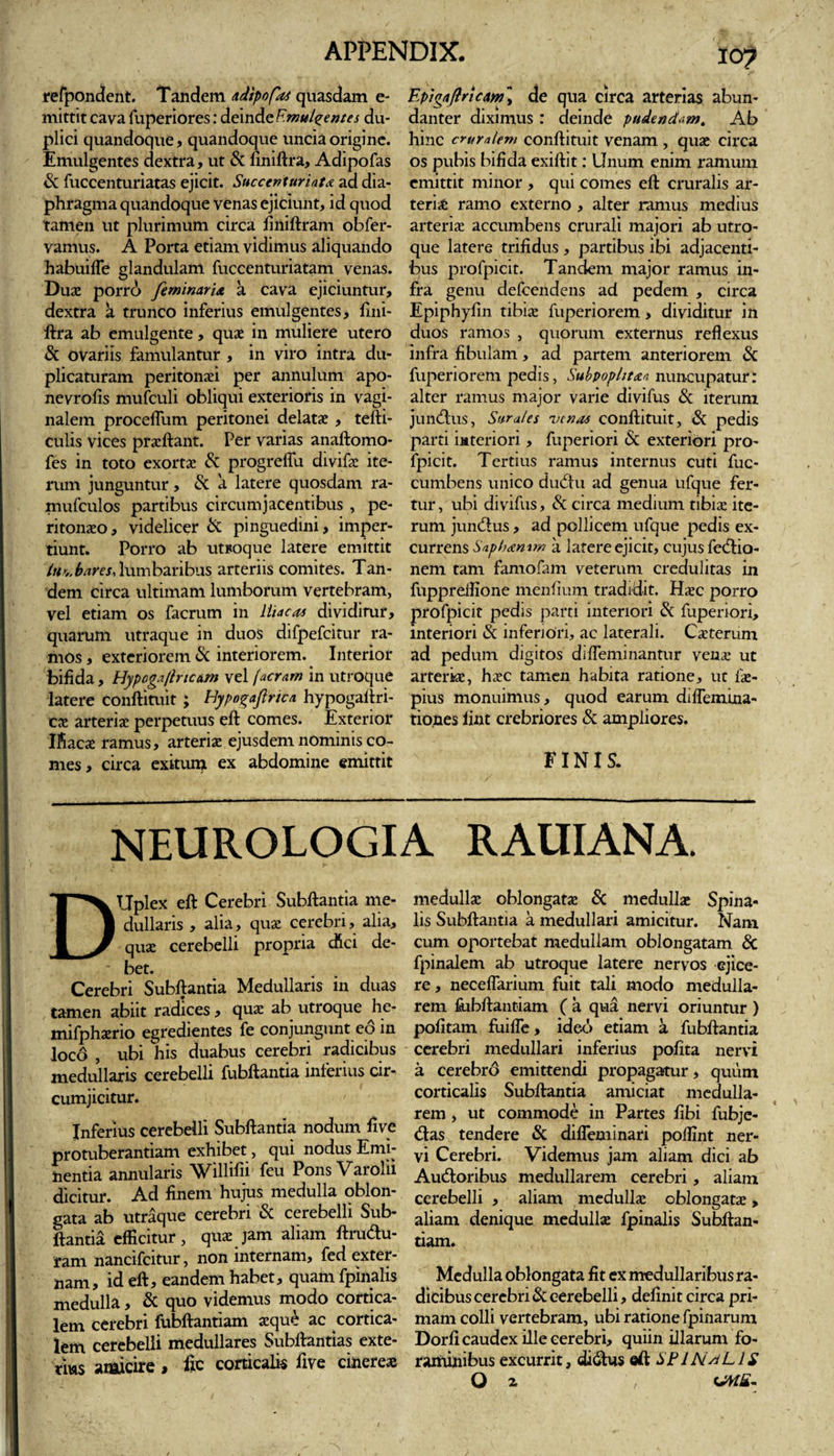 refpondent. Tandem adipofks quasdam e- mittit cava fuperiores: deinde Emulgentes du¬ plici quandoque, quandoque uncia origine. Emulgentes dextra, ut &amp; finiftra, Adipofas &amp; fuccenturiatas ejicit. Succenturiata ad dia¬ phragma quandoque venas ejiciunt, id quod Tamen ut plurimum circa finiftram obfer- vanius. A Porta etiam vidimus aliquando habuifle glandulam fuccenturiatam venas. Du» porro feminaria a cava ejiciuntur, dextra k trunco inferius emulgentes, fini¬ ftra ab emulgente, quae in muliere utero &amp; ovariis famulantur , in viro intra du¬ plicaturam peritonaei per annulum apo- nevrolis mufculi obliqui exterioris in vagi¬ nalem proceffum peritonei delatae , tefti- culis vices pracftant. Per varias anaftomo- fes in toto exortae &amp; progreffu divifae ite¬ rum junguntur, &amp; a latere quosdam ra- mufculos partibus circumjacentibus , pe¬ ritonaeo, videlicer &amp; pinguedini, imper¬ tiunt. Porro ab utuoque latere emittit turbares A umbaribus arteriis comites. Tan¬ dem circa ultimam lumborum vertebram, vel etiam os facrum in Iliacas dividirur, quarum utraque in duos difpefcitur ra¬ mos, exteriorem &amp; interiorem. Interior bifida, Hypogallncum vel (aeram in utroque latere conftituit ; Hypogaftnca hypogaftri- cae arteriae perpetuus eft comes. Exterior Ifiacae ramus, arteriae ejusdem nominis co¬ mes , circa exitum ex abdomine emittit IO? Epigaflricam \ de qua circa arterias abun¬ danter diximus : deinde pudendam,, Ab hinc crumlem conftituit venam , quae circa os pubis bifida exiftit: Unum enim ramum emittit minor , qui comes eft cruralis ar¬ teria ramo externo , alter ramus medius arteriae accumbens crurali majori ab utro¬ que latere trifidus , partibus ibi adjacenti¬ bus profpicit. Tandem major ramus in¬ fra genu defeendens ad pedem , circa Epiphyfin tibiae fuperiorem, dividitur in duos ramos , quorum externus reflexus infra fibulam, ad partem anteriorem &amp; fuperiorem pedis, Subpoplitaa nuncupatur: alter ramus major varie divifus &amp; iterum jundus, Surales venas conftituit, &amp; pedis parti iateriori, fuperiori &amp; exteriori pro¬ fpicit. Tertius ramus internus cuti fuc- cumbens unico dudu ad genua ufque fer¬ tur, ubi divifus, &amp; circa medium tibiae ite¬ rum jundus, ad pollicem ufque pedis ex¬ currens Saphamm a latere ejicit, cujus lectio¬ nem tam famofam veterum credulitas in fuppreflione menfium tradidit. Ha?c porro profpicit pedis parti interiori &amp; fuperiori, interiori &amp; inferiori, ac laterali. Ceterum ad pedum digitos difleminantur vena; ut arterke, ha!C tamen habita ratione, ut lae- pius monuimus, quod earum diffemina- tiones fiat crebriores &amp; ampliores. FINIS. NEUROLOGIA RAUIANA. DUplex eft Cerebri Subftantia me¬ dullaris , alia, quae cerebri, alia, quae cerebelli propria cfici de- * bet. . _ Cerebri Subftantia Medullaris in duas tamen abiit radices, quae ab utroque he- mifphaerio egredientes fe conjungunt eo in loco , ubi his duabus cerebri radicibus medullaris cerebelli fubftantia inferius cir¬ cumjicitur. Inferius cerebelli Subftantia nodum ftve protuberandam exhibet, qui nodus Emi¬ nentia annularis Willifii feu Pons Varolii dicitur. Ad finem hujus medulla oblon¬ gata ab utraque cerebri &amp; cerebelli Sub¬ ftantia efficitur, quae jam aliam ftrudu- ram nancifcitur, non internam, fed exter¬ nam, id eft, eandem habet, quam fpinalis medulla, &amp; quo videmus modo cortica¬ lem cerebri fubftantiam aeque ac cortica¬ lem cerebelli medullares Subftantias exte¬ rnas amicire» iic corticalis ftve cinere» medullae oblongatae &amp; medullae Spina¬ lis Subftantia a medullari amicitur. Nani cum oportebat medullam oblongatam &amp; fpinalem ab utroque latere nervos ejice¬ re , neceflarium fuit tali modo medulla¬ rem fubftantiam ( a qua nervi oriuntur ) politam fuifle, ideo etiam a fubftantia cerebri medullari inferius polita nervi a cerebro emittendi propagatur, quum corticalis Subftantia amiciat medulla¬ rem , ut commode in Partes fibi fubje- das tendere &amp; difleminari pofllnt ner¬ vi Cerebri. Videmus jam aliam dici ab Audoribus medullarem cerebri, aliam cerebelli , aliam medull» oblongat», aliam denique medull» fpinalis Subftan- tiam. Medulla oblongata fit ex medullaribus ra¬ dicibus cerebri &amp; cerebelli , definit circa pri¬ mam colli vertebram, ubi ratione fpinarum Dorfi caudex ille cerebri, quiin illarum fo¬ raminibus excurrit, didus eft SPINALIS Q 2