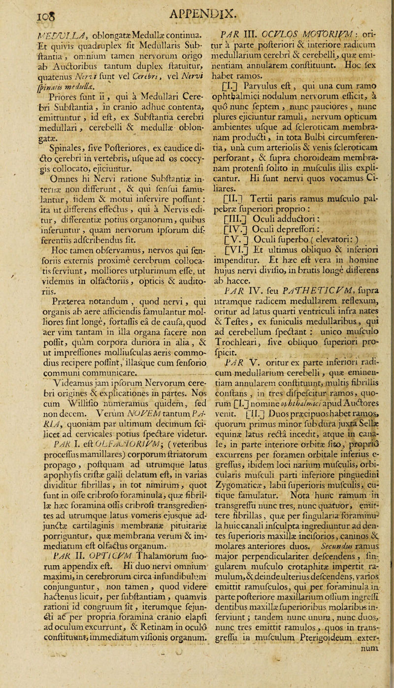 MEDVLLA, oblongata: Medullae continua. Et quivis quadruplex fit Medullaris Sub- flantia , omnium tamen nervorum origo ab A udioribus tantum duplex flatui tur, quatenus Neri i funt vel Cerebri, vel Nervi (piria/is medulla. Priores funt ii, qui a Medullari Cere¬ bri Subflantia , in cranio adhuc contenta, emittuntur , id efl, ex Subflantia cerebri medullari, cerebelli &amp; medullae oblon¬ gata:. Spinales, five Pofleriores, ex caudice cli- dlo qerebri in vertebris, ufque ad os coccy¬ gis collocato, ejiciuntur. Omnes hi Nervi ratione Subflantia: in¬ ternae non differunt, Sc qui fenfui famu¬ lantur, fidem Sc motui infervire poffunt: ita ut differens effedius , qui a Nervis edi¬ tur, differentiae potius organorum, quibus inferuntur, quam nervorum ipforum dif¬ ferentiis adferibendus fit. Hoc tamen obfervamus, nervos qui fqn- foriis externis proxime cerebrum colloca¬ tis ferviunt, molliores utplurimum effe, ut videmus in olfadtoriis, ojpticis &amp; audito¬ riis. Praeterea notandum , quod nervi, qui organis ab aere afficiendis famulantur mol¬ liores fint longe, fortaffis ea de caufa,quod aer vim tantam in illa organa facere non poffit, quam corpora duriora in alia, &amp; ut impreffiones molliufculas aeris commo¬ dius recipere poffint, illasque cum fenforio communi communicare. Videamus jam ipforum Nervorum cere¬ bri origines &amp; explicationes in partes. Nos cum Willilio numeramus quidefn, fed non decem. Verum NOVEM tantum P A- RlAr quoniam par ultimum decimum fci- licct ad cervicales potius fpedlare videtur. PAR I. efl OLFAL7ORJVM; (veteribus proceffus mamillares) corporum flriatorum propago, poflquam ad utrumque latus apophyfis criflae galli delatum efl, in varias dividitur fibrillas , in tot nimirum , quot funt in offe cnbrofo foraminula, qua: fibril¬ lae haec foramina olfis cribrofi transgredien- tes ad utrumque latus vomeris ejusque ad- junflx cartilaginis membranae pituitaria: porriguntur, quae membrana verum &amp; im¬ mediatum efl olfadlus organum. PAR II. OPTiCVM Thalamorum fuo- rum appendix efl. Hi duo nervi omnium maximi, in cerebrorum circa infundibulum conjunguntur , non tamen , quod videre hadlenus licuit, per fubflantiam , quamvis rationi id congruum fit, iterumque fejun- &lt;£ti aC per propria foramina cranio elapfi ad oculum excurrunt, &amp; Retinam in oculA conflituunt, immediatum vifionis organum. PAR III. OCVLOS MCTORI^M : ori¬ tur a parte pofleriori &amp; interiore radicum medullarium cerebri &amp; cerebelli , qua: emi¬ nentiam annularem conflituunt. Hoc fex habet ramos. CIO Parvulus efl, qui una cum ramo ophthalmici nodulum nervorum efficit, a quo nunc feptem , nunc pauciores , nunc plures ejiciuntur ramuli, nervum opticum ambientes ufque ad fcleroticam membra¬ nam produdli, in tota Bulbi circumferen¬ tia, una cum arteriolis &amp; venis fcleroticam perforant, &amp; fupra choroideam membra¬ nam protenfi folito in mufculis illis expli¬ cantur. Hi funt nervi quos vocamus Ci¬ liares. £11.1 Tertii paris ramus mufculo pal¬ pebra: fuperiori proprio : pII.J Oculi addudlori: £IV/] Oculi depreffori:. £ V. J Oculi fuperbo ( elevatori: ) £VI.J Et ultimus obliquo &amp; inferiori impenditur. Et haec efl vera in homine hujus nervi divifio, in brutis longe differetis ab hacce. PAR IV. feu PATHETICVM, fupra utramque radicem medullarem reflexum, oritur ad latus quarti ventriculi infra nates &amp;Tefles, ex funiculis medullaribus, qui ad cerebellum fpetflant : unico mufculo Trochleari, five obliquo fuperiori pro- fpicit. RAR V. oritur ex parte inferiori radi¬ cum medullarium cerebelli, qua: eminen¬ tiam annularem conflituunt, multis fibrillis conflans , in tres djfpefcitur ramos, quo¬ rum QI.j' nomine ophthalmici apud Auhlores venit. £11. J Duos praecipuos habet ramos, quorum primus minor fub dura juxta Sella: equinae latus recfla incedit, atque in cana¬ le , in parte interiore orbitae lito, propri&lt;3 excurrens per foramen orbitale inferius e- greffus, ibidem loci narium mufculis, orbi¬ cularis mufculi parti inferiore pinguedini Zygomaticae, labii fuperioris mufculis, cu¬ tique famulatur. Nota hunc ramum in transgrefiu nunc tres, nunc quatuor, emit¬ tere fibrillas, quae per lingularia foraminu-1 la huic canali infculpta ingrediuntur ad den¬ tes fuperioris maxillae inciforios, caninos &lt;$t molares anteriores duos. Secundus ramus major perpendiculariter defeendens, fin- gularem mufculo crotaphitae impertit ra- t mulum, &amp; deinde ulterius defeendens, varios emittit ramufculos, qui per foraminula in, parte pofleriore maxillarium ollium ingredi dentibus maxilla fuperioribus molaribus in- ferviunt; tandem nunc unum, nunc duos, nunc tres emittit ramulos, quos in trans- grefiu in mufculum Pterigoideum exter¬ num