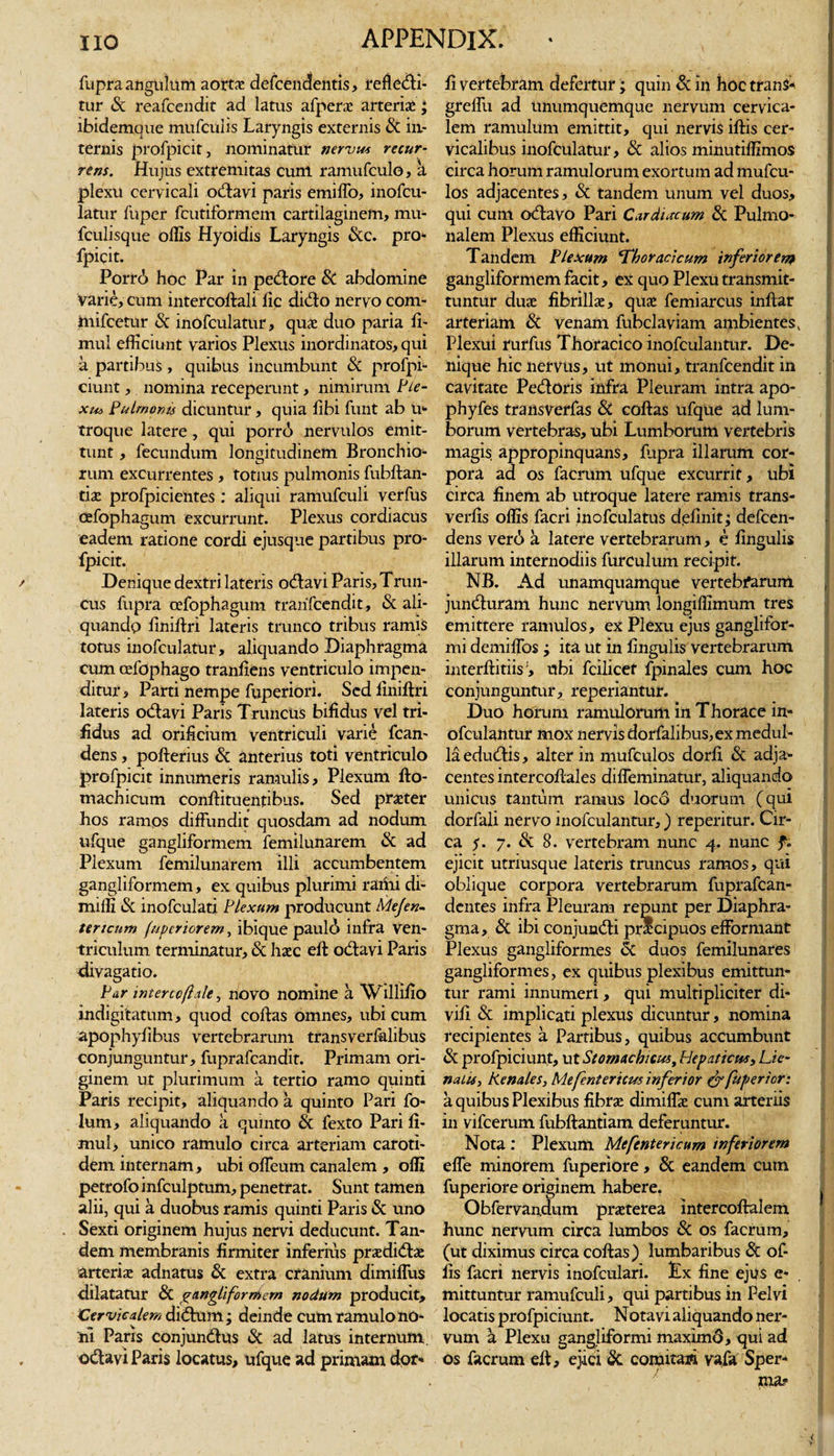 lio APPENDIX. fupra angulum aortae defcendentis, refledi- tur «Sc reafcendit ad latus afperae arteriae; ibidemoue mufculis Laryngis externis Sc in¬ ternis profpicit, nominatur nervus recur¬ rens. Hujus extremitas cum ramufculo, a plexu cervicali odavi paris emiffo, inofcu- latur fuper fcutiformem cartilaginem, mu- fculisque offis Hyoidis Laryngis &amp;c. pro¬ fpicit. Porr6 hoc Par in pedore Sc abdomine Varie, cum intercoftali fic dido nervo com- mifcetur «Sc inofculatur, quae duo paria ft- mul efficiunt varios Plexus inordinatos, qui a partibus, quibus incumbunt &amp; profpi- ciunt, nomina receperunt, nimirum Ple- xut, Pulmonis dicuntur, quia libi funt ab u- troque latere, qui porr(!&gt; nervulos emit¬ tunt , fecundum longitudinem Bronchio¬ rum excurrentes , totius pulmonis fubftan- tiae profpicientes : aliqui ramufculi verfus oefophagum excurrunt. Plexus cordiacus eadem ratione cordi ejusque partibus pro¬ fpicit. / Denique dextri lateris odavi Paris, Trun- cus fupra oefophagum tranTcendit, Sc ali¬ quando finiftri lateris trunco tribus ramis totus inofculatur, aliquando Diaphragma cum cefophago tranliens ventriculo impen¬ ditur, Parti nempe fuperiori. Sed finiftri lateris odavi Paris Trunctis bifidus vel tri¬ fidus ad orificium ventriculi varie fcan- dens, pofterius Si anterius toti ventriculo profpicit innumeris ramulis. Plexum fto- machicum conftituentibus. Sed praeter hos ramos diffundit quosdam ad nodum ufque gangliformem femilunarem Sc ad Plexum femilunarem illi accumbentem gangliformem, ex quibus plurimi rami di- miffi «Sc inofculati Plexum producunt Me/en- tencum (uperiorem, ibique pauli infra ven¬ triculum terminatur, &amp; haec eft odavi Paris divagatio. Par inter ccft de, novo nomine a Willifio indigitatum, quod coftas omnes, ubi cum apophyfibus vertebrarum transverfalibus conjunguntur, fuprafcandit. Primam ori¬ ginem ut plurimum a tertio ramo quinti Paris recipit, aliquando a quinto Pari fo- lum, aliquando a quinto &amp; fexto Pari ft- mul&gt; unico ramulo circa arteriam caroti¬ dem internam, ubi offeum canalem , offi petrofo infculptum, penetrat. Sunt tamen alii, qui a duobus ramis quinti Paris Sc uno Sexti originem hujus nervi deducunt. Tan¬ dem membranis firmiter inferius praedidae arteria: adnatus Sc extra cranium dimiffus dilatatur Sc gangliformem nodum producit, 'Cervicalem didum; deinde cum ramulo no¬ ni Paris conjundus «Sc ad latus internum odavi Paris locatus, ufque ad primam dor-* fi vertebram defertur; quin Sc in hoc tranS- greffu ad unumquemque nervum cervica¬ lem ramulum emittit, qui nervis iftis cer¬ vicalibus inofculatur, Sc alios minutiffimos circa horum ramulorum exortum ad mufeu- los adjacentes, Sc tandem unum vel duos, qui eunt odavo Pari Cardiacum Sc Pulmo¬ nalem Plexus efficiunt. Tandem Plexum Thoracicum inferiorem gangliformem facit, ex quo Plexu transmit¬ tuntur duae fibrillae, quae femiarcus inftar arteriam Sc venam fubclaviam ambientes, Plexui rurfus Thoracico inofculantur. De¬ nique hic nervus, ut monui, tranfeendit in cavitate Pedoris infra Pleuram intra apo- phyfes transverfas Sc coftas ufque ad lum¬ borum vertebras, ubi Lumborum vertebris magis appropinquans, fiipra illarum cor¬ pora ad os facrum ufque excurrit, ubi circa finem ab utroque latere ramis trans- verfis offis facri inofculatus d.efinit; defeen- dens ver6 a latere vertebrarum, e fingulis illarum internodiis furculum recipit. NB. Ad unamquamque vertebrarum junduram hunc nervum longiffimum tres emittere ramulos, ex Plexu ejus ganglifor- mi demiffos ; ita ut in fingulis vertebrarum interftitiis, ubi fcilicef fpinales cum hoc conjunguntur, reperiantur. Duo horum ramulorum in Thorace in¬ ofculantur mox nervis dorfalibus,ex medul¬ la edudis, alter in mufeulos dorfi Sc adja¬ centes intercoftales diffeminatur, aliquando unicus tantum ramus loco duorum (qui dorfali nervo inofculantur,) reperitur. Cir¬ ca 7. &amp; 8. vertebram nunc 4. nunc f. ejicit utriusque lateris truncus ramos, qui oblique corpora vertebrarum fuprafcan- dentes infra Pleuram repunt per Diaphra¬ gma, Sc ibi conjundi prllcipuos efformant Plexus gangliformes Sc duos femilunares gangliformes, ex quibus plexibus emittun¬ tur rami innumeri, qui multipliciter di- vifi Sc implicati plexus dicuntur, nomina recipientes a Partibus, quibus accumbunt Sc profpiciunt, ut Stomachicus, Hepaticus, Lie¬ nalis, Renales, Mefentericus inferior &amp; fuperior: a quibus Plexibus fibraz dimiffx cum arteriis in vifcerum fubftantiam deferuntur. Nota : Plexum Mefentericum inferiorem effe minorem fuperiore, Sc eandem cum fuperiore originem habere, Obfervandum praterea intercoftalem hunc nervum circa lumbos Sc os facrum, (ut diximus circa coftas) lumbaribus Sc of- iis facri nervis inofculari. Ex fine ejus e- mittuntur ramufculi, qui partibus in Pelvi locatis profpiciunt. Notavi aliquando ner¬ vum a Plexu gangliformi maximd, qui ad os facrum eft, ejici Sc comitari vafa Sper- ma-