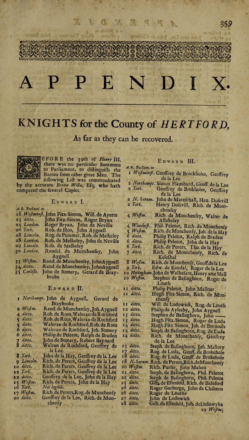 APPENDIX. KNIGHTS for the County of HERTFORD, As far as they can be recovered. EFORE the 59th of Henry III. there was no particular Summons to Parliament, to diftinguifh the Barons from other great Men. The following Lift was communicated by the accurate Brown Willis, Efqj who hath compared the feveral Copies. Ed WARD I. A. R. Parliani' at 18 Weflmtnft. John Fitz-Simon, Will, de Ayette 23 ditto. John Fitz-Simon, Roger Bryan 25 London. Roger Bryan, John de Neville 26 Fork. Rob. de Hoo, John Aygnell 28 Lincoln. Rog.de Patemer, Rob. de Melkeley 28 London. Rob. de Melkeley, John de Neville 29 Lincoln. Rob. de Melkeley 30 London. Randal de Munchenfey, John Aygnell 33 Weflm. Rand.de Munchenfey, John Aygnell 34 ditto. Rand, de Munchenfey, John Aygnell 3$ Carlijle. John de Somery, Gerard de Bray- broke Edward II. Gerard de 2 4 5 5 6 6 7 8 Northampt. John de Aygnell, Braybroke Rand, de Munchenfey, Joh.Aygnell Rob. de Roos, Waleran deRochford Rob. de Roos,Waleran de Rochford Waleran de Rochford,Rob. de Roos Waleran de Rochford, Joh. Somery Philip de Peletot, Ralph de Braden John de Somery, Robert Baynard Walran de Rochford, Geoffrey de la Lee. John de la Hay, Geoffrey de la Lee Weflm. ditto. ditto. ditto. ditto. ditto. ditto. ditto. fork. Edward III. A.R. Parliam. at i Weflminfl. Geoffrey de Brockholes, Geoffrey de la Lee Northampt. Simon Flambard, Geoff, de la Lee Fork. Geoffrey de Brokholes, Geoffrey de la Lee N. Sarum. John de Marefchall, Hen. Dofevill Fork. Henry Dofevill, Rich, de Mont- chenfey Weflmi Rich, de Monchenfey, Walter de Aflakeley 4 Winchefl. Phil. Peletot, Rich, de Monchenfy 2 2 2 2 Rich, de Monchenfy, Joh. de la Hay Philip Peletot, Ralph de Braden Philip Peletot, John de la Hay Rich, de Perers, Tho. de la Hay Rich, de Montchenfy, Rich, de Kelefhal 8 Weflm. Rich.de Monchenfy, Geoff.de la Lee 9 Fork. Edw. de Kendal, Roger de la Lee 10 Notingham.John de Walkefare, Henry atte Hall 5 6 6 6 7 Weflm. ditto, ditto. Fork, ditto. 10 Weflm. ditto, ditto. ditto. ditto, ditto, ditto, ditto, ditto, ditto. ditto, ditto. 18 ditto. II 11 11 12 13 l3 *4 J4 *4 *5 *7 Stephen de Bafingborn, Roger de Louth Philip Peletot, John Mallour Hugh Fitz-Simon, Rich, de Mon¬ chenfy Will, de Lodowick, Rog. de Louth Philip deAylesby, John Aygnell Stephen de Bafingborn, John_ Hugh Fitz-Simon, Roger de Luda Hugh Fitz-Simon, Joh. de Bornouls Steph.de Bafingborn, Rog. de Luda Rich, de Montchenfy, Geoffrey de la Lee Steph. de Bafingborn, Joh. Mallory Rog. de Luda, Geoff. deBrokehole Rog. de Luda, Geoff, de Brokehole 9 Lincoln. Rich, de Perers, Geoffrey de la Lee 18 N.Sarum. Rich, de Perers,Rich.deMonchenfy o ditto. Rich, de Perers, Geoffrey de la Lee 20 Weflm. RiVh_ Purfer TnhnMahpn 7 10 ditto. Rich, de Perers, Geoffrey de la Lee 12 Fork. Rich, de Perers, Geoffrey de la Lee 12 ditto. Geoffrey de la Lee, John dela Hay 15 Weflm. Rich, de Perers, John de la Hay 16 Fork. Not legible. 17 Weflm. Rich.dePerers,Rog.de Munchenfy 20 ditto. Geoffrey de la Lee, Rich, de Mun- chenfy Weflm. ditto. ditto, ditto. ditto, ditto. 27 ditto. 28 dtitto. 21 22 25 26 26 Rich. Purfer, John Maheu Steph. de Bafingborn, Phil. Peletot Steph. de Bafingborn, Phil. Peletot Giltv,de Ellesfeld, Rich, de Bideford Roger Gerberge, John de Chiltern Roger de Louthe John de Lodowick Gilb.de Ellesfeld, Joh. deLodowyke 29 Weflmi