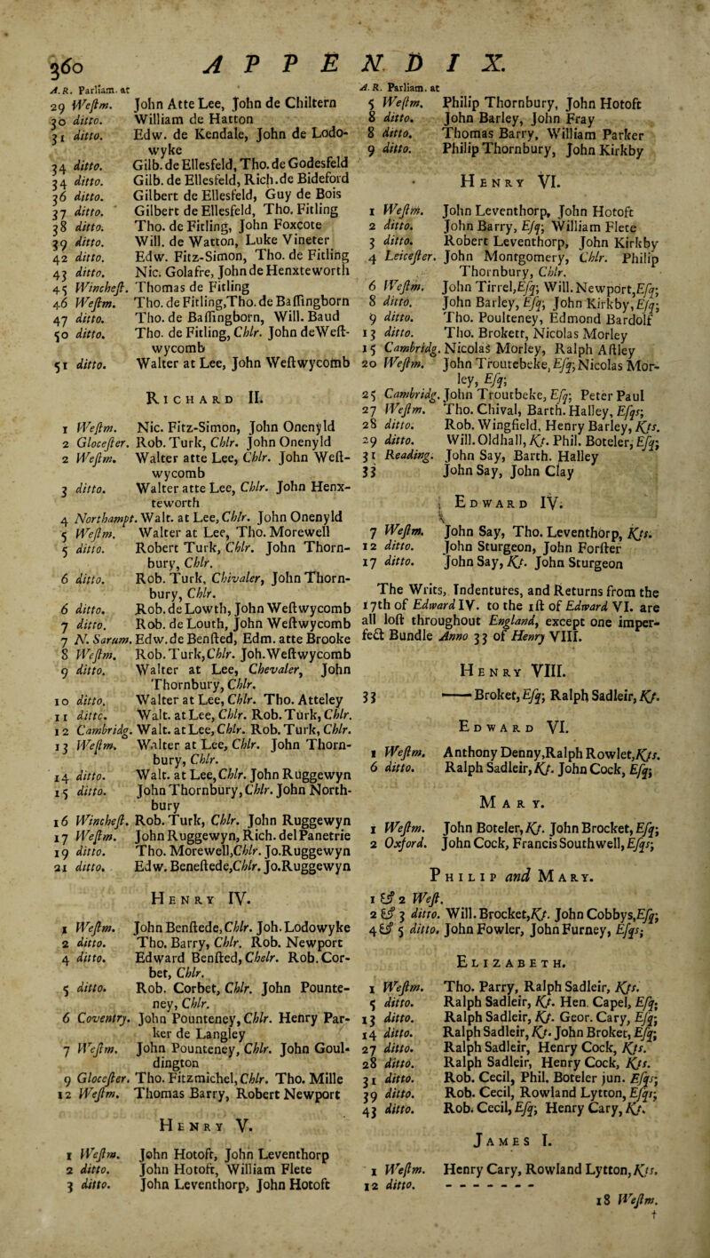 3<>o A. R. Parllam at 29 Weftm. 30 ditto. 3 1 ditto. 34 ditto. 34 ditto. 36 ditto. 37 ditto. 38 ditto. 39 ditto. 42 ditto. 43 45 Winch eft. 46 Weftm. 47 51 ^/V/0. APPENDIX. John Atte Lee, John de Chiltern William de Hatton Edw. de Kendale, John de Lodo- wyke Gilb. de Ellesfeld, Tho. de Godesfeld Gilb. de Ellesfeld, Rich.de Bidefoid Gilbert de Ellesfeld, Guy de Bois Gilbert de Ellesfeld, Tho. Fitling Tho. de Fitling, John Foxcote Will, de Watton, Luke Vineter Edw. Fitz-Simon, Tho. de Fitling Nic. Golafre, JohndeHenxteworth Thomas de Fitling Tho. de Fitling,Tho. de Baflingborn Tho. de Baflingborn, Will. Baud Tho. de Fitling, Chlr. John deWeft- wycomb Walter at Lee, John Weftwycomb A. R. Parliam. at 5 Weftm. 8 ditto. 8 ditto. 9 ditto. Philip Thornbury, John Hotoft John Barley, John Fray Thomas Barry, William Parker Philip Thornbury, John Kirkby Hen R Y VI. 1 Weftm. 2 Glocefter. 2 Weftm. 3 ditto. 4 Northampt 5 Weftm. 5 ditto. 6 ditto. 6 ditto. 7 ditto. 7 N. Saram. 8 Weftm, 9 ditto. 10 ditto. 11 ditto. 1 2 Cambridg. 13 Weftm. 14 ditto. 1 5 ditto. 16 Wine heft. 17 Weftm. 19 ditto. 2i ditto. 1 Weftm. 2 ditto. 4 ditto. 5 ditto. 6 Coventry. 7 Weftm. 9 Glocefter. 12 Weftm. 1 Weftm. 2 ditto. 3 ditto. Richard IL Nic. Fitz-Simon, John Onenyld Rob. Turk, Chlr. John Onenyld Walter atte Lee, Chlr. John Weft¬ wycomb Walter atte Lee, Chlr. John Henx- teworth . Walt, at Lee,C/;/r. John Onenyld Walter at Lee, Tho. Morewell Robert Turk, Chlr. John Thorn¬ bury, Chlr. Rob. Turk, Chivaler, John Thorn¬ bury, Chlr. Rob. de Lowth, John Weftwycomb Rob. de Louth, John Weftwycomb Edw.de Benfted, Edm. atte Brooke Rob. Turk,Chlr. Joh.Weftwycomb Walter at Lee, Chevaler, John Thornbury, Chlr. Walter at Lee, Chlr. Tho. Atteley Walt, at Lee, Chlr. Rob. Turk, Chlr. Walt, at Lee, Chlr. Rob. Turk, Chlr. Walter at Lee, Chlr. John Thorn¬ bury, Chlr. Walt, at Lee,C^/r. John Ruggewyn John Thornbury, Chlr. John North- bury Rob. Turk, Chlr. John Ruggewyn John Ruggewyn, Rich, del Panetrie Tho. Morewell, Chlr. Jo.Ruggewyn Edw. Beneftede,C£/r. Jo.Ruggewyn Henry IV. John Benftede, Chlr. Joh.Lodowyke Tho. Barry, Chlr. Rob. Newport Edward Benfted, Chelr. Rob. Cor¬ bet, Chlr. Rob. Corbet, Chlr. John Pounte- ney, Chlr. John Pounteney, Chlr. Henry Par¬ ker de Langley John Pounteney, Chlr. John Goul- dington Tho. Fitzmichel, Chlr. Tho. Mille Thomas Barry, Robert Newport Henry V. John Hotoft, John Leventhorp John Hotoft, William Flete John Leventhorp, John Hotoft 1 Weftm. 2 ditto. 3 ditto. 4 Leicefter. 6 Weftm. 8 ditto. 9 ditto. 13 ditto. 1 5 Cambridg. 20 Weftm. 2 ^ Cambridg. 27 Weftm. 28 ditto. 29 ditto. 3 1 Reading. si John Leventhorp, John Hotoft John Barry, E/f, William Flete Robert Leventhorp, John Kirkby John Montgomery, Chlr. Philip Thornbury, Chlr. John Tirrel,£% Will. Newport,E/^; John Barley, Efy\ John Kirkby,E/q; Tho. Poulteney, Edmond Bardolf Tho. Broketr, Nicolas Morley NicolaS Morley, Ralph Aftley John Troutebeke, ££7; Nicolas Mor- ley, Efa\ John Troutbeke, Eftj; Peter Paul Tho. Chival, Barth. Halley, Efqs; Rob. Wingfield, Henry Barley, IQs. Will. Oldhall, Kj. Phil. Boteler, % John Say, Barth. Halley John Say, John Clay % Edward IV. 7 Weftm. John Say, Tho. Leventhorp, IQs. 12 ditto. John Sturgeon, John Forfter 17 ditto. John Say, IQ. John Sturgeon The Writs, Tndentutes, and Returns from the 17th of Edward IV. to the ift of Edward VI. are all loft throughout England, except one imper¬ fect Bundle Anno 33 of Henry VIII. S3 Henry VIII. — Broket, Efa Ralph Sadleir, IQ. Edward VI. 1 Weftm. Anthony Denny,Ralph Rowlet,^//. 6 ditto. Ralph Sadleir, IQ. John Cock, Efa Mary. 1 Weftm. John Boteler, IQ. John Brocket, Efq; 2 Oxford. John Cock, Francis Southwell, Eftys-} Philip and Mary. lift 2 Weft. 2 ift 3 ditto. Will. Brocket,IQ. John Cobbys,E/£; 4^5 ditto. John Fowler, JohnFurney, Efys; 1 Weftm. 5 ditto. 13 ditto. 14 ditto. 27 ditto. 28 ditto. 31 ditto. 39 ditto. 43 ditto. 1 Weftm. 12 ditto. Elizabeth. Tho. Parry, Ralph Sadleir, IQs. Ralph Sadleir, IQ. Hen. Capel, Efq. Ralph Sadleir, IQ. Geor. Cary, Eftqj Ralph Sadleir, IQ. John Broket, Efq; Ralph Sadleir, Henry Cock, IQs. Ralph Sadleir, Henry Cock, IQs. Rob. Cecil, Phil. Boteler jun. Eftqs; Rob. Cecil, Rowland Lytton, Efqr, Rob. Cecil, Efty; Henry Cary, IQ. James I. Henry Cary, Rowland Lytton, IQs. 18 Weftm. t