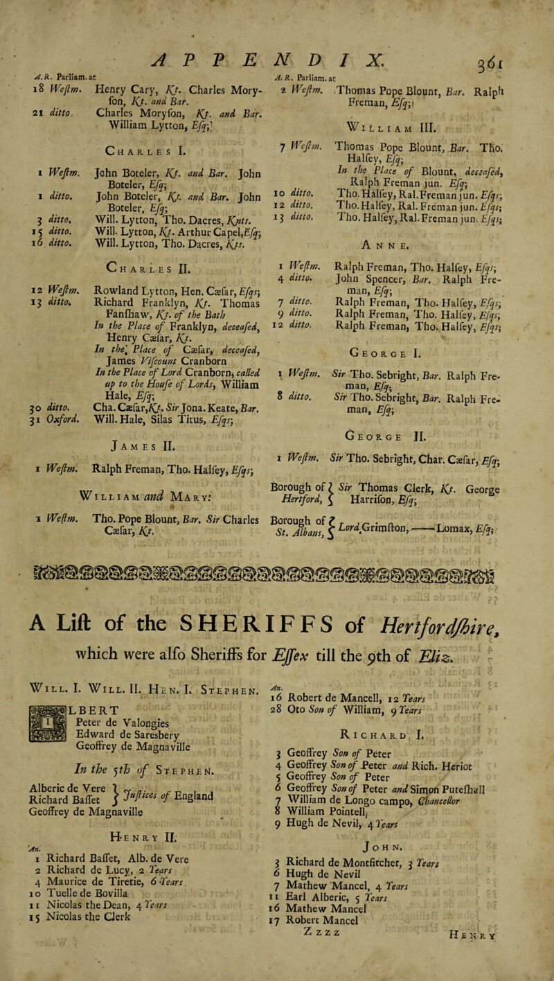 A.R. Parliam.at 18 Wejlm. Henry Cary, Kj. Charles Mory- fon, Kt. and Bar. 21 ditto. Charles Moryfon, Kj. and Bar. William Lytton, Efq-,} Charles I. i Wejlm. John Boteler, Kj. and Bar. John Boteler, Efq’ i ditto. John Boteler, Kj. and Bar. John Boteler, Efq; 3 ditto. Will. Lytton, Tho. Dacres, Kjits. 15 ditto. Will. Lytton, Kj. Arthur Capel,Efq; 16 ditto. Will. Lytton, Tho. Dacres, Kjs. Charles II. 12 Wejlm. Rowland Lytton, Hen. Casfar, Efqs; 13 ditto* Richard Franklyn, Kj. Thomas Fanfhaw, Kj. of the Bath In the Place of Franklyn, deceafed, Henry Caefar, Kj. In the% Place of C as far, deceafed, James Vifcount Cranborn In the Place of Lord Cranborn* called up to the Houfe of Lords, William Hale, Efq; 30 ditto. Cha.C»far,/C^S/>Jona.Keate, 1W. 31 Oxford. Will. Hale, Silas Titus, Efqs; James II* 1 Wejlm. Ralph Freman, Tho. Halfey, Efqs; w illiam and Mary.8 1 We(lm. Tho. Pope Blount, Bar. Sir Charles Caefar, Jft. A.R. Parliam. 2 Wejlm. 3 61 at 7 Wejl. m. 10 ditto. 12 ditto. 13 ditto. 1 We/lm. 4 ditto. 7 ditto. 9 ditto. 12 ditto. 1 Wejlm. 8 ditto. iThomas Pope Blount, Bar. Ralph Freman, Efq; 1 William III. Thomas Pope Blount, Bar. Tho. Halfey, Efq; In the Place of Blount, deceafed, Ralph Freman jun, Efq; Tho. Halley, Ral.Freman jun. Efqs; Tho. Halfey, Ral. Freman jun. Efqs; Tho. Halfey, Ral.Freman jun. EJqs; Anne. Ralph Freman, Tho. Halfey, Efqs; John Spencer, Bar. Ralph Fre- man, Efq; Ralph Freman, Tho. Halfey, Efqs; Ralph Freman, Tho. Halfey, EJqs; Ralph Freman, Tho. Halfey, Efqs; George I* Sir Tho. Sebright, Bar. Ralph Fre¬ man, Efq; Sir Tho. Sebright, Bar. Ralph Fre¬ man, Efq; George JI. t Wejlm. Sir Tho. Sebright, Char. Csfar, Efq; Borough of l Sir Thomas Clerk, Kj. George Hertford, \ Harrifon, Efq-, 1T&£i LordGrimlion, —Lomax, Efc m A Lift of the SHERIFFS of Hertford/hi re, which were alfo Sheriffs for EJfex till the 9th of Eliz. Will. I. Will. II. Hen. I. Stephen. LBERT Peter de Valongies Edward de Saresbery Geoffrey de Magnaville In the jth of Stephen. Alberic de Vere I c* a. r ^ , Richard Baffet J °f EnSla^ Geoffrey de Magnaville Henry II. ’An. 1 Richard Baffet, Alb.de Vere 2 Richard de Lucy, 2 Tears 4 Maurice de Tiretie, 6 Tears 10 Tuelle de Bovilla 11 Nicolas the Dean, 4 Tears 15 Nicolas the Clerk An. 16 Robert de Mancell, 12 Tears 28 Oto Son of William, 9 Tears Richard I. 3 Geoffrey Son of Peter 4 Geoffrey Son of Peter and Rich. Heriot 5 Geoffrey Son of Peter 6 Geoffrey Son of Peter and Simon Putefhall 7 William de Longo campo, Chancellor 8 William Pointellj 9 Hugh de Nevil, 4 Tears John. 3 Richard de Montfitchet, 3 Tears 6 Hugh de Nevil 7 Mathew 'Mancel, 4 Tears 11 Earl Alberic, 5 Tears 16 Mathew Mancel 17 Robert Mancel Zzzz H £ NR Y