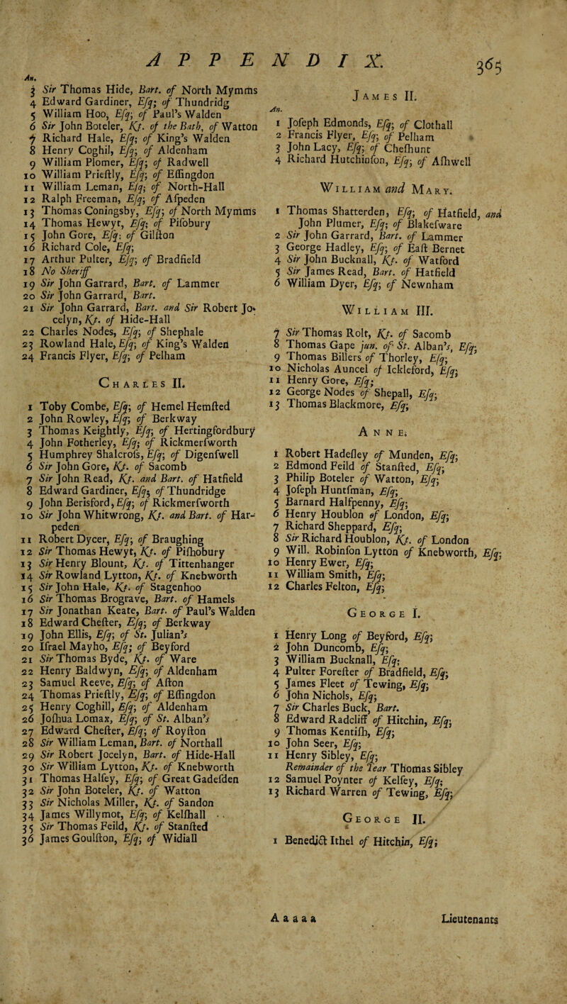 An, 3 Sir Thomas Hide, Bart, of North Mymriis 4 Edward Gardiner, Efy; of Thundridg 5 William Hoo, Efy; of Paul’s Walden 6 Sir John Boteler, JQ. of the Bath, of Watton ^ Richard Hale, Efy; of King’s Walden 8 Henry Coghil, Jiff, of Aldenham 9 William Plomer, Efy; of Radwell io William Prieftly, Efy; of Effingdon ti William Leman, Efy; of North-Hall 12 Ralph Freeman, Efy; of Afpeden 13 Thomas Coningsby, Efy; of North Mymnls 14 Thomas Hewyt, Efy; of Pifobury 15 John Gore, Efy; of Gilfton i(5 Richard Cole, Efy; 17 Arthur Pulter, Efy; of Bradfield 18 No Sheriff 19 &> John Garrard, Bart, of Lammer 20 Sir John Garrard, Bart. 21 Sir John Garrard, Bart, and, Sir Robert Jo» celyn, Kj. of Hide-Hall 22 Charles Nodes, Efy:; of Shephale 23 Rowland Hale, Efy; of King’s Waldeil 24 Francis Flyer, Efy; of Pelham Charles II, 1 Toby Combe, Efy; of Hemel Hemfted 2 John Rowley, Efy; of Berkway 3 Thomas Keightly, EJq; of Hertingfordbury 4 John Fotherley, Efq; of Rickmerfworth 5 Humphrey Shalcrofs, Efy; of Digenfwell 6 Sir John Gore, IQ. of Sacomb 7 Sir John Read, Kj. and Bart, of Hatfield 8 Edward Gardiner, Efifo 0/Thundridge 9 John Berisfordj Efy; Rickmerfworth 10 Sir John Whitwrong, IQ. and Bart, of Har- peden 11 Robert Dycer, Efy; of Braughing 12 Sir Thomas Hewyt, Kj. of Pifhobury 13 Sir Henry Blount, Kj. of Tittenhanger 14 Sir Rowland Lytton, Kj. of Knebworth 15 Sir John Hale, IQ. of Stagenhoo 16 Sir Thomas Brograve, Bart, of Hamels 17 Sir Jonathan Keate, Bart. of Paul’s Walden 18 Edward Chefter, Efy; of Berkway 19 John Ellis, Efy; of St. Julian’* 20 Ifrael Mayho, Efy; of Beyford 21 Sir Thomas Byde, IQ. of Ware 22 Henry Baldwyn, Efy; of Aldenham 23 Samuel Reeve, Eff; of Afton 24 Thomas Prieftly, Efy; of Effingdon 25 Henry Coghill, Efy; of Aldenham 26 Jofhua Lomax, Efy; of St. Alban’* 27 Edwai'd Chefter, Efy; of Royfton 28 Sir William Leman, Bart, of Northall 29 Sir Robert Jocelyn, Bart, of Hide-Hall 30 Sir William Lytton, Kj. of Knebworth 31 Thomas Halfey, Efy; of Great Gadefden 32 Sir John Boteler, JQ. of Watton 33 Sir Nicholas Miller, IQ. of Sandon 34 James Willymot, Efy; of Kelfhall •. 3 5 Sir Thomas Feild, IQ. of Stanfted 36 James Goulfton, Efy; of Widiall N D I X. ^ James II. An. 1 Jofeph Edmonds, Efy; of Clothall 2 Francis Flyer, Efy; of Pelham 3 John Lacy, Efy; of Chefhunt 4 Richard Hutchinfon, Efy; of Afhwell WlL liam and Mary. 1 Thomas Shatterden, Efy; of Hatfield, and John PIumer, Efy• of Blakefware 2 Sir John Garrard, Bart, of Lammer 3 George Hadley, Efy; of Eaft Bernet 4 Sir John Bucknall, IQ. of Watford 5 Sir James Read, Bart, of Hatfield 6 William Dyer, Efy; of Newnham William III. 7 Sir-Thomas Rolt, IQ. of Sacomb 8 Thomas Gape ]un. of St. Alban’*, Efy• 9 Thomas Billers of Thorley, Efy; 10 Nicholas Auncel of Ickleford, Efy; 11 Henry Gore, Efy; 12 George Nodes of Shepall, Efy; 13 Thomas Blackmore, Efy; Anne. 1 Robert Hadefley of Munden, Efy; 2 Edmond Feild of Stanfted, Efy; 3 Philip Boteler of Watton, Ejq; 4 Jofeph Huntfman, Efy; 5 Barnard Halfpenny, Efy; 6 Henry Houblon of London, Efy; 7 Richard Sheppard, Efy; 8 Sir_ Richard Houblon, IQ. of London 9 Will. Robinfon Lytton of Knebworth, Efy: 10 Henry Ewer, Efy; 11 William Smith, Efy; 12 Charles Felton, Efy; ♦ G E O R G E I. 1 Henry Long of Beyford, Efy; 2 John Duncomb, Efy; 3 William Bucknall, Efy• 4 Pulter Forefter of Bradfield, Efy; 5 James Fleet of Tewing, Efy; 6 John Nichols, Efy; Sir Charles Buck, Bart. Edward Radcliff of Hitchin, Efy; 9 Thomas Kentifb, Efy; 10 John Seer, Efy; 11 Henry Sibley, Efy; Remainder of the Tear Thomas Sibley 12 Samuel Poynter of Kelfey, Efy; 13 Richard Warren of Tewing, Efy; George JI. 1 Benedict Ithel of Hitchin, Efy; A a a a a Lieutenants