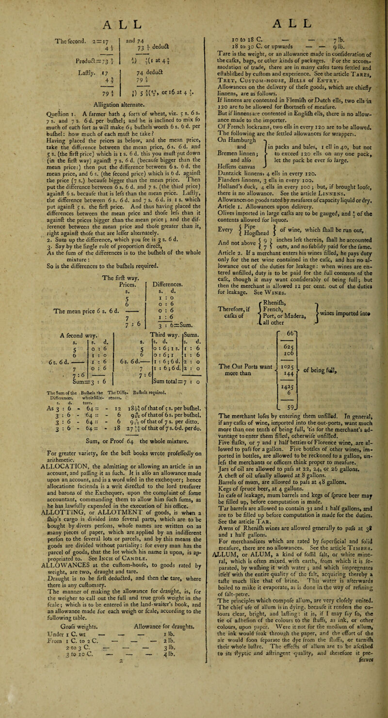 The fecond. 2 = 17 4 3 Product =73 f Laftly. * 7 4| 79 i and 74 73 I- deduct 3) 4(Iat4| 74 dedudt 79 3 ,?) S t(V» or 16 at 4 J Alligation alternate. Queftion 1. A farmer hath 4 forts of wheat, viz. 5 s. 6 s. 7 s. and 7 s. 6d. per bulhel; and he is inclined to mix fo much of each fort as will make 64. bulhels worth 6 s. 6 d. per bulhel: how much of each mult he take ? Having placed the prices as below, and the mean price, take the difference between the mean price, 6 s. 6d. and 5 s. (the firft price) which is 1 s. 6 d. this you muff put down (in the firft way) againft 7 s. 6 d. (becaufe bigger than the mean price:) then put the difference between 6 s. 6d. the mean price, and 6 s. (the fecond price) which is 6 d. againft the price (7 s.) becaufe bigger than the mean price. Then put the difference between 6 s. 6 d. and 7 s. (the third price) againft 6 s. becaufe that is lefs than the mean price. Laftly, the difference between 6 s. 6 d. and 7 s. 6 d. is 1 s. which put againft 5 s. the firft price. And thus having placed the differences between the mean price and thofe lefs than it againft the prices bigger than the mean price ; and the dif¬ ference between the mean price and thofe greater than it, right againft thofe that are leffer alternately. 2. Sum up the difference, which you fee is 3 s. 6 d. 3. Say by the fingle rule of proportion diredt, As the fum of the differences is to the bulhels of the whole mixture: So is the differences to the bufhels required. The firft way. Prices. The mean price 6 s. fid. s. 5 6 7 7 Differences, s', d. 1 : o 0:6 o : 6 1 : 6 3 • 6~Sum. A fecond way. Third way. s. s. d. s. s. d. 5 O : 6 5 0 : 6 ; 1 s. 6 1 : 0 6 0 : 6; 1 fid.- I : 6 6s. fid.- I : 6 ; 6 d. 7 0 : 6 7 1 : 6 ; 6 d. • 7:6 Sum= =3 : 6 7 : 6 Sum totals Sums, s. d. 1 : fi 1 : 6 2 : o 2 : o The Sum of the Bulhels the TheDlffe- Bufhels required. Differences. wholeMix- rences. s. d. ture. As 3 : 6 - 64:: - 12 1of that of 5 s. per bulhel. 3:6 - '64 :: - 6 9^ of that of fis. per bulhel. 3 : 6 - 64:: - 6 9^ of that of 7 s. per ditto. 3 : 6 - 64:: - 18 27 of that of 7 s. 6d. perdo. Sum, or Proof 64 the whole mixture. For greater variety, fee the beft books wrote profeffedly on arithmetic. ALLOCATION, the admitting or allowing an article in an account, and paffing it as fuch. Jt is alfo an allowance made upon an account, and is a word ufed in the exchequer; hence allocatione facienda is a writ diredted to the lord treafurer and barons of the Exchequer, upon the complaint of fome accountant, commanding them to allow him fuch fums, as he has lawfully expended in the execution of his office. ALLOTTING, or ALLOTMENT of goods, is when a fhip’s cargo is divided into feveral parts, which are to be bought by divers perfons, whofe names are written on as many pieces of paper, which are applied by an indifferent perfon to the feveral lots or parcels, and by this means the goods are divided without partiality: for every man has the parcel of goods, that the lot which his name is upon, is ap¬ propriated to. See Inch of Candle. ALLOWANCES at the cuftom-houfe, to goods rated by weight, are two, draught and tare. Draught is to be firft dedu&ed, and then the tare, where there is any cuftomary. The manner of making the allowance for draught, is, for the weigher to call out the full and true grofs weight in the fcale; which is to be entered in the land-waiter’s book, and an allowance made for each weigh or fcale, according to the following table. Grofs weights. Allowance for draughts. Under 1 C. wt — — — 1 lb. From 1 C. to 2 C. — — — 2 lb. 2 to 3 C. „ 3 to 10 C. 10 to 18 C. — — 7 !b. 18 to 30 C. or upwards — — 91b. Tare is the weight, or an allowance made in confideration of the calks, bags, or other kinds of packages. For the accom¬ modation of trade, there are in many cafes tares fettled and eftablifhed by cuftom and experience. See the article Tares, Tret, Custom-house, Bills of Entry. Allowances on the delivery of thefe goods, which are chiefly Jinnens, are as follows. If linnens are contented in Flemilh or Dutch ells, two ells in 120 are to be allowed for Ihortnefs of meafure. But if linnensare contented inEnglilh ells, there is no allow¬ ance made to the importer. Of French lockrams, two ells in every 120 are to be allowed. The following are the fettled allowances for wrappers. On Hamburgh and in packs and bales, 1 ell in 40, but not Bremen linnen; to exceed 120 ells on any one pack, and alfo let the pack be ever fo large. Heffens canvas Dantzick linnens? 4 ells in every 120. Flanders linnens, 3 ells in every 100. Holland’s duck, 4 ells in every 100 ; but, if brought loofe, there is no allowance. See the article Linnens. Allowances on goods rated by meafures of capacity liquid or dry. Article 1. Allowances upon delivery. Olives imported in large calks are to be gauged, and * of the contents allowed for liquor. Every j Hoglhe^d } wine> be run out, Ani not above 9 i inches left therein, flu.II he accounted f 7 > outs, and no lublidy paid for the fame. Article 2. If a merchant enters his wines filled, he pays duty only for the net wine contained in the calk, and has no al¬ lowance out of the duties for leakage: when wines are en¬ tered unfilled, duty is to be paid for the full contents of the calk, though it may want confiderably of being full; but then the merchant is allowed 12 per cent, out of the duties for leakage. See Wines. Therefore, if calks of t Rhenilh, l French, j Port, or Madera, .tail other 7 . >wi wines imported int® The Out Ports want more than of being full. L 59j The merchant lofes by entering them unfilled. In general, if any calks of wine, imported into the out-ports, want much more than one tenth of being full, ’tis for the merchant’s ad¬ vantage to enter them filled, otherwife unfilled. Five flalks, or 7 and 1 half betties of Florence wine, are al¬ lowed to pafs for a gallon. Five bottles of other wines, im¬ ported in bottles, are allowed to be reckoned to a gallon, un- lefs the merchants or officers think proper to meafure. Jars of oil are allowed to pafs at 22, 24, or 26 gallons. A cheft of oil ufually allowed at 8 gallons. Barrels of mum, are allowed to pafs at 48 gallons. Kegs of fpruce beer, at 4 gallons. In cafe of leakage, mum barrels and kegs of Ipruce beer may be filled up, before computation is made. Tar barrels are allowed to contain 31 and 1 half gallons, and are to be filled up before computation is made for the duties. See the article Tar. Awns of Rhenilh wines are allowed generally to pafs at 38 and 1 half gallons. For merchandizes which are rated by fuperficial and folid meafure, there are no allowances. See the article Timber. ALLUM, or ALUM, a kind of foffil fait, or white mine¬ ral, which is often mixed with earth, from which it is fe- parated, by wafhing it with water ; and which impregnates itfelf with the entire quality of the fait, acquiring thereby a tafte much like that of brine. This water is afterwards boiled to make it evaporate, as is done in the way of refining of falt-petre. The principles which compofe allum, are very clofely united. The chief ufe of allum is in dying, becaufe it renders the co¬ lours clear, bright, and lading: it is, if I may fay fo, the tie of adhefion of the colours to the ftuffs, as ink, or other colours, upon paper. Were it not for the medium of allum, the ink would foak through the paper, and the effort of the air would foon feparate the dye from the ftuffs, or tarnifh. their whole luftre. The effeifts of allum are to be afcrifaed to its ftyptic and ailrsngent quality, and therefore it pre¬ serve*