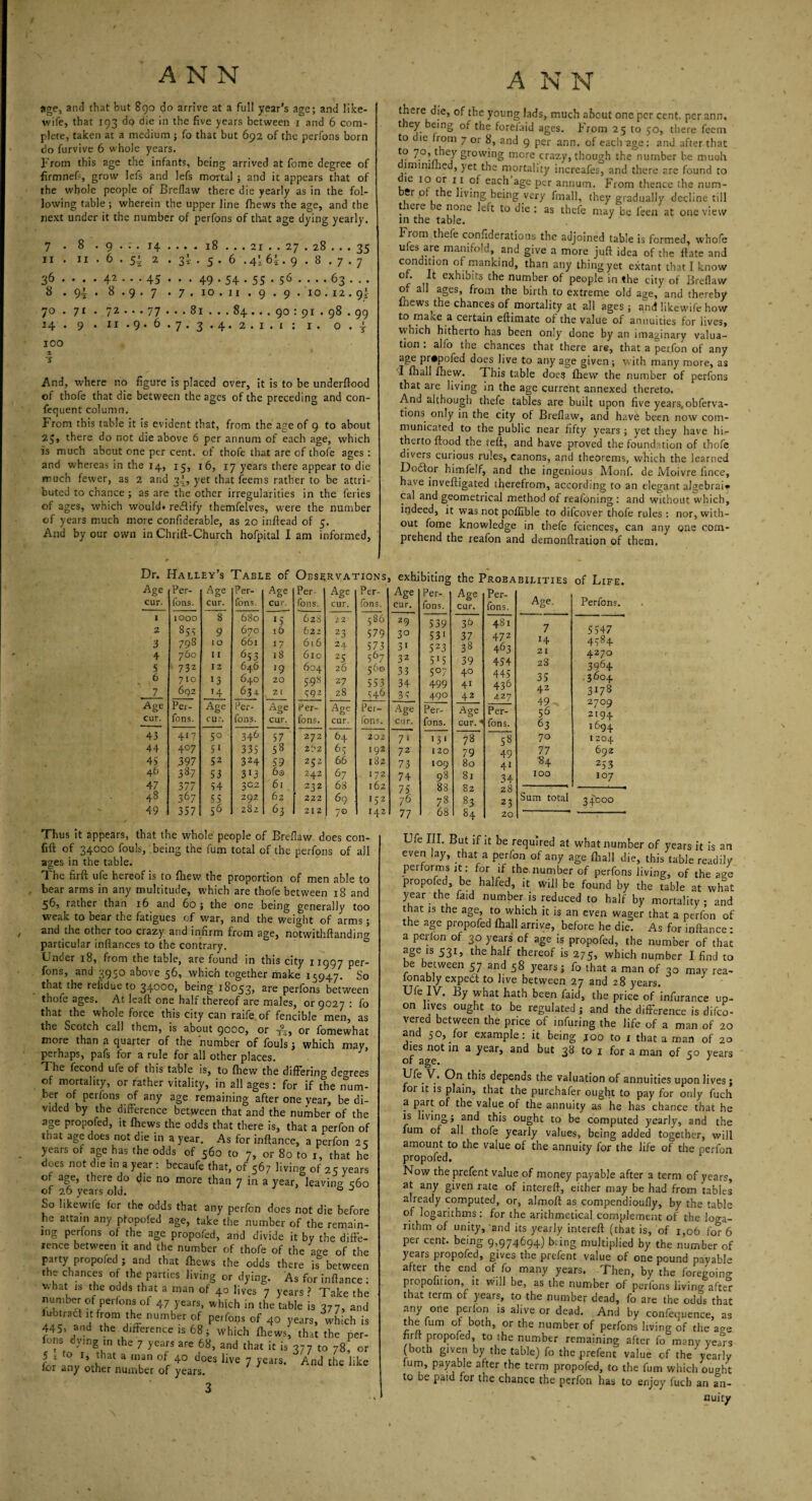 age, and that but 890 do arrive at a full year’s age; and like- wife, that 193 do die in the five years between 1 and 6 com¬ plete, taken at a medium ; fo that but 692 of the perfons born do furvive 6 whole years. From this age the infants, being arrived at fome degree of firmnef, grow lefs and lefs mortal ; and it appears that of the whole people of Breflaw there die yearly as in the fol¬ lowing table ; wherein the upper line {hews the age, and the next under it the number of perfons of that age dying yearly. 7 . 8 . 9 ... 14 .... 18 ... 2r . . 27 .28 ... 35 11 . 11.6.5:. 2 . 3* . 5 . 6 •. 4L 64.9 . 8 . 7 . 7 36 • • • • 42 • • • 4*5 • • • 4-9 • 54* • 55 • 5^ • • • • 63 • • • 8 • 9y . 8.9.7 • 7. 10. 11. 9. 9. 10.12.9I 70. 71 • 72 ... 77 ... 81 ... 84... 90: 91 . 98.99 14. 9 . 11.9.6.7.3.4.2.1.1: I. O.y 100 ■% 5 And, where no figure is placed over, it is to be underftood of thofe that die between the ages of the preceding and con- fequent column. From this table it is evident that, from the age of 9 to about 25, there do not die above 6 per annum of each age, which is much about one per cent, of thofe that are of thofe ages : and whereas in the 14, 15, 16, 17 years there appear to die much fewer, as 2 and 34, yet that feems rather to be attri¬ buted to chance; as are the other irregularities in the feries of ages, which would, redlify themfelves, were the number of years much more confiderable, as 20 inftead of 5. And by our own in Chrift-Church hofpital I am informed, there die, of the young lads, much about one per cent, per ann. they being of the forei'aid ages. From 25 to 50, there feem to ic from 7 or 8, and 9 per ann. of each^ge: and after that 7°>t ey growing more crazy, though the number be muoh iminnhed, yet the mortality increafes, and there are found to die 10 or 11 of each'age per annum. From thence the num¬ ber of the living being very fmall, they gradually decline till . ier1e e ”one to ^'e : as thefe may be feen at one view in the table. From thefe confiderations the adjoined table is formed, whofe ules are manifold, and give a more juft idea of the ftate and condition of mankind, than any thing yet extant that I know of. It exhibits the number of people in the city of Breflaw of all ages, from the birth to extreme old age, and thereby fhews the chances of mortality at all ages; and likewife how to make a certain eftimate of the value of annuities for lives, which hitherto has been only done by an imaginary valua¬ tion : alfo the chances that there are, that a petfon of any age pr*pofed does live to any age given; with many more, as I lhall ftiew. This table does {hew the number of perfons that are living in the age current annexed thereto. And although thefe tables are built upon five years, obferva- t‘°ns_ only in the city of Breflaw, and have been now com¬ municated to the public near fifty years ; yet they have hi¬ therto flood the teft, and have proved the foundation of thofe divers curious rules, canons, and theorems, which the learned Doctor himfelf, and the ingenious Monf. de Moivre fince, have inveftigated therefrom, according to an elegant algebraic cal and geometrical method of reafoning : and without which, indeed, it was not poffible to difeover thofe rules : nor, with¬ out fome knowledge in thefe fciences, can any one com¬ prehend the reafon and demonftration of them. Dr. Halley’s Table of Observations, exhibiting Age Per- Age Per- Age Per Age Per- Age Per- Age Per- cur. Tons. cur. fons. Cur. fons. cur. fons.. cur. fons. cur. fons. 1 1000 8 680 fo’ 628 22 586 29 539 3b 481 2 855 9 670 16 622 23 579 3° 5 31 37 472 3 798 I O 661 17 616 24 573 3' 38 463 4 760 I I 653 18 610 25 567 32 515 39 454 5 732 12 646 «9 604 26 56© 33 5°7 4° 445 6 710 fo 640 20 5.98 27 553 34 499 41 436 n 692 *4 634. 21 59 2 28 546 35 490 42 427 Age Per- Age Per- Age Per- Age Per- Age Per- Age Per- cur. fons. cur. fons. cur. fons. cur. fons. cor. fons. cur.1 fons. 43 4i7 5° 346 57 ‘ 272 64 202 7 1 131 78 58 44 4°7 5 1 335 58 2l?2 65 192 72 120 Z9 49 45 397 52 324 59 252 66 182 73 IOQ 80 41 46 387 53 3fo 6a 242 67 172 74 98 81 34 47 377 54 302 6l 232 68 162 75 88 82 28 48 367 55 292 62 222 69 15 2 76 78 83 23 49 357 56 282 63 212 70 142 77 68 84 20 Age. 7 14 21 2S 35 42 49 56 63 70 77 *4 100 of Life. Perfons. 5 547 4584 4270 3964 3604 317s 2709 2194 1694 1204 692 253 107 Sum total 34:000 Thus it appears, that the whole people of Breflaw does con- fift of 34000 fouls, being the fum total of the perfons of all ages in the table. The firft ufe hereof is to {hew the proportion of men able to bear arms in any multitude, which are thofe between 18 and 56, rather than 16 and 60 ; the one being generally too weak to bear the fatigues of war, and the weight of arms; and the other too crazy and infirm from age, notwithftandino- particular inftances to the contrary. Under 18, from the table, are found in this city 11997 per¬ fons, and 3950 above 56, which together make 15947. So that the rehdueto 34000, being 18053, are perfons between thofe ages. At leaft one half thereof are males, or 9027 : fo that the whole force this city can raife of fencible men, as the Scotch call them, is about 9000, or -j-, or foniewhat more than a quarter of the number of fouls; which may, perhaps, pafs tor a rule for all other places. The fecond ufe of this table is, to (hew the differing decrees of mortality, or rather vitality, in all ages : for if the num- k-e!i perfons of any age remaining after one year, be di¬ vided by the difference between that and the number of the age propofed, it {hews the odds that there is, that a perfon of that age does not die in a year. As for inftance, a perfon 25 years of age has the odds of 560 to 7, or 80 to 1, that he does not die m a year: becaufe that, of 567 living of 25 years of age, there do die no more than 7 in a year, leaving 560 of 26 years old. 0 J So likewife for the odds that any perfon does not die before he attain any pfopofed age, take the number of the remain¬ ing perfons of the age propofed, and divide it by the diffe¬ rence between it and the number of thofe of the a*e of the party propofed ; and that {hews the odds there L between the chances of the parties living or dying. As for inftance : what is the odds that a man of 40 lives 7 years ? Take the number of perfons of 47 years, which in the table is 377, and lubtradt it from the number of perfons of 40 years, which is 445, and the difference is 68; which {hews, that the per¬ fons dying in the 7 years are 68, and that it is 377 to 78; or L1 'hat a m.an off 4° does live 7 years. And the like for any omer number of years. 3 Ufe III. But if it be required at what number of years it is an even lay, that a perfon of any age {hall die, this table readily performs it: for if the number of perfons living, of the age propofed, be halfed, it will be found by the table at what year the Laid number is reduced to half by mortality; and that is the age, to which it is an even wager that a perfon of the age propofed {hall arrive, before he die. As for inftance: a perfon of 30 years of age is propofed, the number of that age is 531, the half thereof is 275, which number I find to be between 57 and 58 years; fo that a man of 30 may rea- lonably expett to live between 27 and 28 years. Ufe IV. By what hath been faid, the price of’infurance up¬ on lives ought to be regulated; and the difference is difeo- vered between the price of infuring the life of a man of 20 and 50, for example: it being 100 to 1 that a man of 20 dies not in a year, and but 38 to 1 for a man of 30 years or age. J yfe depends the valuation of annuities upon lives; for it is plain, that the purchafer ought to pay for only fuch a part of the value of the annuity as he has chance that he is living; and this ought to be computed yearly, and the fum of all thofe yearly values, being added together, will amount to the value of the annuity for the life of the perfon propofed. Now theprefent value of money payable after a term of years, at any given rate of intereft, either may be had from tables already computed, or, almoft as compendioufly, by the table of logarithms: for the arithmetical complement of the loo-a- rithm of unity, and its yearly intereft (that is, of 1,06 for 6 per cent, being 9,974694) bang multiplied by the number of years propofed, gives the prefent value of one pound payable after the end of fo many years. Then, by the foregoing propofmon, it will be, as the number of perfons living afte° that term of years, to the number dead, fo are the odds that any one perfon is alive or dead. And by confequence, as the fum of both, or the number of perfons living of the a^e firft propofed, to the number remaining after fo many years (both given by the table) fo theprefent value of the yearly fum, payable after the term propofed, to the fum which ought to be paid for the chance the perfon has to enjoy fuel) an an¬ nuity