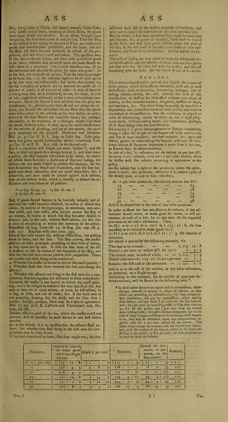 (hip, being laden at Cadiz, did depart towards Vera-Cruz; and, befdre arrival there, touching at Porto-Rico, the goods were there feized and arretted. In an action brought upon the policy, the defendant came in and pleaded, That the fhip, at her arrival in her voyage to the port of Rico, was laden with goods and merchandizes prohibited, and the fame, and alfo the (hip, did there become forfeited, by default of the pro¬ prietors, and was there f. ized and taken. The queftion was. If the owners (hould infure, and then order prohibited goods to be laden, whether that an arreft upon the fame fhould in¬ title them to a recovery? 1 he f cond objection was, If (as the defendant had pleaded his plea) the fame was good ? As to the firft, the court did all incline. That the infurance ought to be bona fide, i. e. the reftraint ought to be of fuch goods as by law were not reftrainable ; but finely that cannot be, for the intention of policies are to warrant the perils of <-.11 manner of goods, in all manner of cafes : fo that, if there be a lading bona fide, be it prohibited, or not, the fame, in c<>fe of lofs, ought to be anfwered, unlefs it were a fraudulent con¬ trivance: but to the fecond it was refolved, that the plea was infufficient; fo , admitting the fame (hould not oblige the in- furer, yet, becaufe the defendant did not drew that the goods were laden either by the infured, or by their faclor, or order, othervvife the fame fhould not conclude them ; for, perhaps, the mafter, or his mariners, or a ftranger, might load them on board, without order; fo that, upon the mere infufficiency of the manner of pleading, and not of the matter, the court gave judgment for the plaintiff. Houb and verf. Harrifon. Hill. 31, 32 Car. II. B. R. Judg. in Pafch. feq. Like judg¬ ment was given againft Lethieuliier adverf. Houbland, Trin. 32 Car. II. in B. R. Rot. 168, in the fecond cafe. But if a merchant will freight out wool, leather *, and the like, or fend out goods in a foreign bottom f, and then make a policy, the (hip happens afterwards to be taken, by reafon of which there becomes a forfeiture of (hip and lading, the infurers are not made fiibje£l to anfwer the damage; for the very foundation was illegal and fraudulent, and the law fup- ports only thofe aflurances that are made bona fide ; for, if othervvife, and men could be infured againft fuch actions, they would deftroy trade, which is diredtly to thwart the in- ftitution and true intent of all policies. * 12 Car. II. cap. 32. 14 Car. II. cap. 7. f iz Car. II. cap. 18. But, if goods (hould happen to be lawfully infured, and af¬ terwards the veflel becomes difabled, by reafon of which they relade, by confent of the fupercargo, or merchant, into ano¬ ther veflel, and that veflel, after arrival, proves the (hip of an enemy, by reafon of which the (hip becomes fubjeit to feizure ; yet, in this cafe, infurers (hall anfwer, for that this is fuch an accident as is within the intention of the policy. Ritterlhuf. ad Leg Contrail. 23. de Reg. Jur. cap. 18. p. 236, 237. Stypman diito loco num. 335. Several men lade aboard fait, without diftinilion, not putting them in fades, and the like. The (hip arrives, the mafter delivers to their principals according to their bills of lading, as they come one by one. It falls out that fome of the fait is wa(hed, or loft, by reafon of the dampnefs of the (hip, and that the twolaft men cannot receive their proportion. There are in this cafe thefe things to be conftdered : 1. Whether the mafter is bound to deliver the exail quantity ? 2. Whether thofe that have received this lofs can charge the aflurers ? 3. Whether the aflurers can bring in the firft men for a con¬ tribution, they having their fait delivered to them completely ? Certainly the mafter is not bound to deliver the exaft quan¬ tity, nor is he obliged to redeliver the very fpecifical fait, but only as men are to repay money, or corn, by diftindion, in a bag, or fack, and out of them ; but, if the fault was in not pumping, keeping dry his deck, and the like, then e contra : though, perhaps, there may be a fpecial agreement Hill. 11 Jac. in C. B. Lafthow and Tomlinfon’s cafe, Ho¬ bart, fol. 88. Befides, this is a peril of the fea, which the mafter could not prevent, and of neceflity he muft deliver to one firft before another. As to the fecond, it is no queftion but the aflurers (hall an¬ fwer ; but whether they (hall bring in the firft men for con¬ tribution may be fome doubt. It has been conceived by fome, that they ought not; for they delivered their fait to the mafter tanquam in’ereditum, arid were not to expeit the redetiverv of the fame ipecifical fait. But, by others, it has been conceived they ought to contribute pro ratione ; for, as goods of neceflity, fome muft be flowed in the ho d, and that fuch goods feldom efcape the peril of the fea; fo the reft muft of neceflity contribute to that mif- fortune, and fo m ike no diftinition. bee the article Aver¬ ages The bills of lading are very ufeful to fettle the differences be¬ tween the aflurer and the allured, of which there are three parts; one fent over fea, the other left with the mafter, and the laft remaining with the lader. See the article Bills of Lading. Remarks. Fora more comnrehenfive view of this fubjedl, the nature of other points, which have affinity therewith, muft alfo be well underftood : fuch as barratries, bottomries, averages, bills of lading, charter-parties, &c. and, indeed, the feofe of the marine law, as well as the eftablifhed cuftoms and ufages of traders, as they concern owners, freighters, matters of (hips, and mariners, &c. For there being frequently fo neceflary a dependency and connection between thefe points, and fuch an involution of circumftances, that the evidence, in regard to cafes of infurancing, cannot become at, nor a right judg¬ ment made, without taking many, and fometimes, perhaps, all of thefe things into due conlideration. Infurancing is a great encouragement to foreign commerce, feeing it takes the weight of the hazard oft from individuals, and lays it upon numbers: yet thefe number are, upon the whole, gainers by undertaking the hazard, although aflecura- tionis lucrum & damnum dependant a mera forte U fortuna, as Roccus fays, de affecurationibus. In cafe of a lofi, ’tfi cuftomary for the infurer to pay but 98 I. for every ico 1 infured, or to have 2 per cent, abated, when he fettles with the infured, according to agreement in the policy. As the infurer has a right to the premium, when the agree¬ ment is made, that premium, whatever it is, makes a part of the money paid, in cafe of lofs: theiefore, At 10 per cent, premium, the infured receives but 88!. 20 — — — — 78 25 “ — ~ ~ 73 30 — — — 68 40 —_ — — — — 58 And fo in proportion in the cafe of any other premium. In order to (hew the fum neceflary to be infured, if the ad¬ venturer would cover, or make good his outlet, or firft ad¬ venture, in cafe of a lofs, let 10 per cent, be the fuppofed premium on an 100 I. adventure. 1 hen, As 88 1. is to 1001. fo is 100 1. to 1. 113 : 12 : 8, the fum neceflary to be infured to make good 100 1. As 88 1. is to 1001. fo is 101. to 1. 11 : 7 : 3, the amount of infurance. All which is proved by the following example, viz. The fum to be infured — — 1. 113 : 12 : 8 Deduct 2 per cent, or reckon 98 1. for 100 I. 2 : 5:5 The infurer pays, in cafe of a lofs, — — 1. 111 : 7:3 Dedudt infurance on 1. 113 : 12 : 8, at 1 o per cent. 11: 7:3 Remains the firft coft of the adventure — 1. 100 : 0:0 And fo as to the reft of the articles, or any other adventure, or premium, on a fingle voyage. According to this example, the fix articles of premium be- forementioned, will be (hewn by the following table *. * In thefe tables there is no regard had to commiffions, office- charges, intereft of money, or rifque of infurers, as they often vary according to circumftances: for fome people in¬ fure themfelves, and pay no commiffion; others employ their fadtors, and pay them *- per cent, on the fum infured, and 1 or 2 per cent, on recovering Ioffes.—The office receives 4 s. 6d. for the policy, and 4 per cent, from the infured upon fettling lodes; intereft is feldom chargeable but in the cafe of long voyages.—Whatever thefe charges lhall happen to be, they may be dedufted, upon any computations, to¬ gether with the 2 per cent, abated by the inlurer. The office keeper keeps an account with the infured and infurer, and, with the confent of the infurer, retains in his hands one (hilling in the pound, or five per cent, on luch premiums as he receives from the infured. Premiums. sums to be infured to make good iool.on a fingle voyage. Abate 2 per cent. Remains. Deduil the infu¬ rance, or pre¬ mium, on the fum infured. Remains. At 10 1. per cent. '• 113 : 1 2 : 8 1. 2 : 5 : 5 1 111 : 7 : 3 )• ii : 7 : 3 1. I )0 '5 120 : 9 : 7 2 : 8 : 2 118 : 1 : 5 .8 : 1 • 5 100 20 1 .>8 : 4 : 1 » ; 11 : 3 125 : 12 : 10 25 : 12: 10 100 25 136 : 9 : 8 2 : H : 9 i34 : 4 : 11 34 : 4 : 11 100 3 0 147 : 1 : 2 2 : 18 : 10 144 : 2 : 4 44 : 2 : 4 100 40 172 : 8 : 3 3 •• 9 : 0 >—< O oc 19 : 3 68 : 19 : 3 100