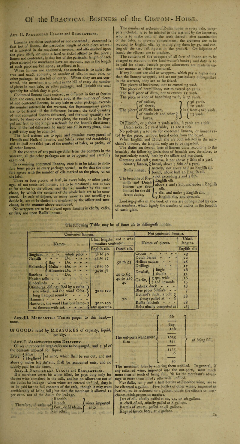 Art. II. Particular Usages and Regulations. Linnens are either contented or not contented ; contented is that foit of linnen, the particular length of each piece where¬ of is inferted in the merchant’s invoice, and alfo marked upon the piece itfelf, or upon a label or ticket affixed to the piece ; linnen not contented, is that fort of the particular length of each piece whereof the merchants have no account, nor is the length of each piece marked upon, or affixed to it. When linnens are contented, the merchant is to infert the true and exa£t contents, or number of ells, in each bale, or other package, in the bill of entry. When they are not con¬ tented, the merchant is to infert in the bill of entry the number of pieces in each bale, or other package; and likewife the total quantity for which duty is paid. Contented linnens fhort entered, or different in fort or fpecies from the entry, are to be feized ; and, if the numoerof pieces of not contented linnens, in any bale or other package, exceeds the number inferted in the warrant, the fupernumerary pieces are to be feized : if the difference between the total quantity of not contented linnens delivered, and the total quantity en¬ tered, be above one ell for every piece, the excefs is to be flop¬ ped and fent to the king’s warehoufe for the board’s directions; but, if the faid difference be under one ell in every piece, then a poft-entry may be admitted. The land-waiters are to open and examine every parcel of Flemifh and Holland linnens, and Silefia lawns and cambricks ; and at leaft one third part of the number of bales, or packs, of all other linnens. If the contents of any package differ from the contents in the warrant, all the other packages are to be opened and carefully examined. In examining contented linnens, care is to be taken to mea- fure fome pieces in every package opened, to fee that the mea- fure agrees with the number of ells marked on the piece, or on the label. Three or four pieces, at leaft, in every bale, or other pack¬ age, of not contented linnens, are to be meafured; one or two to be chofen by the officer, and the like number by the mer¬ chant, by which the contents of the whole bale are to be com¬ puted. In cafe of difpute, as many more as are neceffary to decide it, are to be chofen and meafured by the officer and mer¬ chant, in the manner above-mentioned. No wrappers are to be allowed upon linnens in chefts, cafks, or fats, nor upon Ruffia linnens. is 32 yards. 36 yards. 10 yards, from 4 to 8 yards. 13 yards. The number of archeens of Ruffia linnen in every bale, wrap¬ pers included, is to be inferted in the warrant bv the importer, who is to make oath of the truth thereof: after examination of the bales, to prevent concealment, the archeens are to be reduced to Englifh ells, by multiplying them by 57, and cut¬ ting off the two laft figures in the product. On fufpicion of fraud, the officers are to meafure. The contents of the wrappers of all forts of linnen are to be charged to account in the land-waiter’s books; and duty is to be paid for them, becaufe proper allowances are made in an¬ other manner as before mentioned. If any linnens are ufed as wrappers, which pay a higher duty than the linnens wrapped, and are not particularly diftinguifhed in the warrant, they are to be feized. The pieces of buckrams, not to exceed 15 yards. The pieces of bermillions, not to exceed 40 yards. The half piece of ditto, not to exceed 15 yards. The piece or knot of bandftring twift, of caddas, of check, The piece^ of Silefia lawn, of cambrick and other • lawns, Of Flemifh, or J about 2 yards wide, 6 yards are a tick. Dutch ticks, J 1 yard wide, 12 are a tick. No poft-entry is to pafs for contented linnens, or linnens ra¬ ted by the piece, without fpecial order from the board. When Englifh and Dutch ells are both inferted in the mer¬ chant’s invoice, the Englifh only are to be regarded. The duties on feveral forts of linnens differ according to the breadth; the following limitations of breadth are, therefore, to be particularly noted, both by the officer and merchant. Germany and eaft C narrow, is not above 7 8ths of a yard. country linnen, ( broad, above 7 Sths of a yard. „ rr 1 • t narrow, not above half an Englifh ell. Ruffia linnen, } broa(|> ’abovt ha|f an EDgIi(h The breadths of Fie-f ’ 8*' above 1 and 1 8th, and under 2 Englifh ells. 2 ells, and under 3 Englifh ells. .3 Englifh ells, and upwards. Looking-glaffes in the book of rates are diftinguifhed by cer¬ tain numbers, which fignify the number of inches in the breadth of each glafs. mifh and Dutch linnens are thus< limited for the dif¬ ferent duties. The following Table may be of fome ufe to diftinguifh linnens. Contented linnens. Not contented linnens. v Ufual lengths. and in what Ufual. 1 Names. meafure contented. Names of pieces. lengths. Englifh ells. Dutch ells. Englifh ells. Ilingham - whole piece - 38 to 40 Crocus - - - - - 23 Gentifh - - - Do. - - - 42 to 47 Dutch barras - 22 f Bag - Do. - ' ' r* 50 to S3 Heffens canvas - 28 Hollands, < Gulix - Do. - - - 28 to 30 Drillings - - - 17 C Alcumore Do. - - 34 to 38 Dowlafs, ^ ' 26 Borelaps - - - Do. - - - 40 to 65 w * 1 double - 52 Headen rolls - - - - - - - 40 to 120 Garlix l ^ Ts; wide - 26 Hinderlinds - ------ 40 ’ J § and upwards 19 Ofnaburgs, diftinguifhed by a cathe- Lubeck duck - - 28 rine wheel, and the word Ofna- > 30 to 120 Blue paper culelia s - - 7 burg ftamped round it - - - 3 Holland’s duck, a bolt 7 28 Hammels - -- -- -- - 70 always paffed at - 5 Hartfords, the word Hartford ftamp- 7 ! 30 to 100 Ruffia failcloth - - - 28 ed thereon with ink - - - j land upwards. Bolts ufually computed at 284 Art. III. Mercantile Terms proper to this head,— none. Of GOODS rated by MEASURES of capacity, liquid, or dry. Art. I. Allowances upon Delivery. Olives improper in large cafks are to be gauged, and 1 3d of the contents allowed for liquor. Every | ^^ea(j j of wine, which fhall be run out, and not above 9 inches left therein, fhall be accounted outs, and no fubfidy paid for the fame. Art. 11. Particular Usages and Regulations. If a merchant enters his wines filled, he pays duty only for the net wine contained in the cafk, and has no allowance out of the duties for leakage: when wines are entered unfilled, duty is to be paid for the full contents of the cafk, though it may want confidetably of being full; but then the merchant is allowed 12 per cent, out of the duties for leakage. f Rhenifh Therefore, If cafc of!f rc“ch . . (wine., imported ’ 1 Port, or Madeira, f into tall other J The out-ports want more than 66 625 106 1025 144 1425 6 59 r’ of being full, J The merchant lofes by entering them unfilled. In general, if any cafks of wine, imported into the out-ports, want much more than 1 tenth of being full, ’tis for the merchant’s advan¬ tage to enter them filled ; otherwife unfilled. Five flafks, or 7 and 1 half betties of Florence wine, are to be efteemed a gallon. Five bottles of other wines, imported in bottles, to be reckoned to a gallon, unlefs the officers or mer¬ chants think proper to meafure. Jars of oil, ufually paffed at 22, 24, or 26 gallons. A cbeft of oil, ufually palled at 8 gallons. Barrels of mum, paffed at 48 gallons. Kegs of fpruce beer, at 4 gallons. In