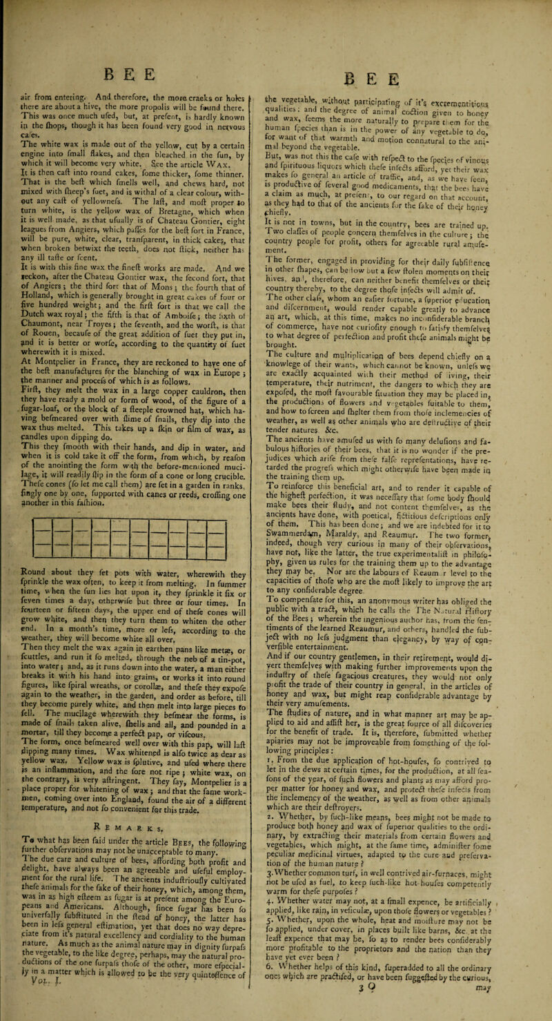 air from entering. And therefore, the more cracks or holes there are about a hive, the more propolis will be found there. This was once much ufed, but, at prefent, is hardly known ip the (hops, though it has been found very good in nervous ca'es. The white wax is maJe out of the yellow, cut by a certain engine into fmall flakes, and then bleached in the fun, by which it will become very white. See the article Wax. It is then cart into round cakes, fome thicker, fome thinner. That is the beft which fmells well, and chews hard, not mixed with fheep s fuet, and is withal of a clear colour, with¬ out any caft of yellownefs. The laft, and moft proper to turn white, is the yellow wax of Bretagne, which when it is well made, as that ufually is of Chateau Gontier, eight leagues from Angiers, which pafles for the beft fort in France, will be pure, white, clear, tranfparent, in thick cakes, that when broken betwixt the teeth, does not ftick, neither has any ill tafte or fcent. It is with this fine wax the fineft works are made. And we feckon, after the Chateau Gontier wax, the fecond fort, that of Angiers ; the third fort that of Mons j the fourth that of Holland, which is generally brought in great cakes of four or five hundred weight; and the firft fort is that we call the Dutch wax royal; the fifth is that of Amboife; the lixth of Chaumont, near Troyes; the feventh, and the worft, is that of Rouen, becaufe of the great addition of fuet they put in, pnd it is better or worfe, according to the quantity of fuet wherewith it is mixed. At Montpelier in France, they are reckoned to haye one of the beft manufactures for the blanching of wax in Europe ; the manner and procefs of which is as follows. Firft, they melt the wax in a large copper cauldron, then they have ready a mold or form of wood, of the figure of a fugar-loaf, or the block of a fteeple crowned hat, which ha¬ ying befmeared oyer with flime of fnails, they dip into the wax thus melted. This takes up a fkin or film of wax, as candles upon dipping do. This they fmooth with their hands, and dip in water, and when it is cold take it off the form, from which, by reafon pf the anointing the form witfi the before-mentioned muci¬ lage, it will readily flip jn the form of a cone or long crucible. Thefe cones (fo let me call them) are fet in a garden in ranks, fingly one by one, fupported with c^nes qr feeds, crofling one another in this fafhion. Round about they fet pots with water, wherewith they fprinkle the wax often, to keep it from melting. In fummer time, when the fun lies hot upon it, they fprinkle it fix or feven times a day, otherwife but three or four times. In fourteen or fifteen days, the upper end of thefe cones will grow white, and then they turn them to whiten the other end. In a month’s time, more or lefs, according to the weather, they will become white a}l over. Then they melt the wax again jn earthen pans like metse, or fcuttles, and run it fo melted, through the neb qf a tin-pot, into water; and, as it runs down into the water, a man either breaks it with his hand into grains, or works it into round figures, like fpiral wreaths, or corollas, and thefe they expofe again to the weather, in the garden, and order as before, till they become purely white, and then melt into large pieces to fell. The mucilage wherewith they befmear the forms, is made of fnails taken alive, (hells and all, and pounded in a mortar, till they become a perfect pap, or vifcous. The form, once befmeared well over with this pap, will laft flipping many times. Wax whitened is alfo twice as dear as yellow wax, Yellow wax is fplutive, and ufed where there is an inflammation, and the fore not ripe ; white wax on the contrary, is very aftringent. They fay, Montpelier is a place proper for whitening of wax ; and that the fame work¬ men, coming over into England, found the air pf a different temperature, and not fo convenient for this trade. R p M A r k s. T® what has been faid under the article Bees, the following further obfervations may not be unacceptable to many. The due care and culture of bees, affording both profit and delight, have always been an agreeable and ufefol employ¬ ment for the rural life. The ancients induftrioufly cultivated thefe animals for the fake of their honey, which, among them, was in as high effeem as fugar is at prefent among the Euro¬ peans and Americans. Although, fince fugar has been fo univerfally fubftiruted in the Head of honey, the latter has been in lefs general eftimation, yet that does no way depre¬ ciate from it’s natural excellency and cordiality to the human nature. As much as the animal nature may in dignity furpafs the vegetable to the like degree, perhaps, may the natural pro¬ ductions of the one furpafs thofe of the other, more efpecial- V y0^mjtter Which ‘S ?liowe- -t0 the vei7 quinteffence of BEE the vegetable, without participating of it’s exccementftic.us. qualities: and the degree of animal cotftion given to honey and wax, feems the more naturally to prepare t em for the human fpecies than is in the power of any vegetable to do, for want of that warmth and motion connatural to the ani¬ mal beyond the vegetable. But was not this the cafe with refpea to the fpeqes of vinoqs and fpirituous liquors which thefe infers afford, yet their wax makes fo genera! an article of traffic, and, as we haye feen, is productive of feveral good medicaments, that the bee< have a claim as much, at prefent, to our regard on that account, as they h^d to that of the ancients for the fake of their tmney fhiefly. ’ ' It is not in towns, but ip the country, bees are trained up. Two claffes of people concern themfelves in the culture; the country people for profit, others for agreeable rural am,ufe- ment. The former, engaged in providing for their daily fubfiftence in other fhapes, can bedow but a few ftolen moments on their hives, ap , therefore, can neither benefit themfelves or their country thereby, to the degree thofe infects will admit of. The other clafs, whopi an eafier fortune, a ftiperiot education and difeernment, would render capable greatly to advance ap art, which, at this time, makes no inconfiderable branch of commerce, have not curiofity enough to fafisfy themfelveq to what degree of perfedlion and profit thefe animals might be brought. v? ' The culture and multiplicatiqn of bees depend chiefly on a knowlege of their wants, which cannot be known, unlefs wq are exactly acquainted with their method of iving, their temperature, their nutriment, the dangers to which they are expofefl, the moft favourable fuuation they may be placed in? the productions of flowers and vegetables fuitable to them, and how tofereen apd flicker them from thofe inclemencies of weather, as well a§ other animals who are dekruCtive of their tender natures &c. The ancients have amufed us with fo many delufiops and fa¬ bulous hiftories qf their bees, that it is no wqnder if the pre¬ judices which arife from thefe falfe reprefentations, have re¬ tarded the progrefs which might otherwife have been made ip the training them up. To reinforce this beneficial art, and to render it capable of the higheft perfection, it was neceffary that fome body {hould make bees their ftudy, and not content themfelves, as the ancients have done, with poetical, fictitious deferiptions only of them, This has been done ; and we are indebted for it to Swammerdapi, Maraldy. apd Reaumur. T he two former, indeed, though very curious in rpany of their ofifervauons, have not, like the latter, the true experimentalift in philofo- phy, given us rules for the training them up to the advantage they piay be. Nor are the labours of Keaum r level to thq capacities of thofe who are the moft Jikely to improve the arc to any confiderable degree T o compenfate for this, an anonvmous writer has obliged the public with a traCt, which he calls the The Natural Hiftory of the Bees ; wherein the ingenious author has, from the fen- timents of the learned Reaumur, and others, handled the fub- jeCt with no lefs judgment than elegancy, by way of cpn- verfible entertainment. And if our country gentlemen, in their retiremept, would di¬ vert themfelves with making further improvements upon thq indultry of thefe fagacious creatures, they would not only piofit the trade of their country in general, in the articles of honey and wax, but might reap confiderable advantage by their very amufements. f 4 The ftudies of natqre, and in what manner art may fie ap¬ plied to aid and aflift her, is the great fource of all difeoveries for the benefit of trade. It is, therefore, fubmitted whether apiaries may not be improveable from fomething of the fol¬ lowing principles: 1. From the due application of hot-houfes, fo contrived to let in the dews at certain times, for the produCiion, at all fea- fons of the year, of fu.ch flowers and plants as may afford pro¬ per matter for honey and wax, and proteCI thefe infects from the inclemepcy of the weather, as well as from other apimals which are their deftroyers. 2. Whether, by fucfi-like means, bees might not be made to produce both honey and wax of fuperior qualities to the ordi¬ nary, by extraCfing their materials from certain flowers and vegetafiles, which might, at the fame time, adminifter fome peculiar medicinal virtues, adapted to the cure aud preferva- tioo of the human nature ? 3. Whether common turf, in well contrived air-furnaces, mfobt riot be ufed as fuel, to keep fuch-like hot houfes competently warm for thefe purpofes ? 4. Whether water may not, at a fmall expence, be artificially , applied, like rain, in veficulae, upon thofe flowers or vegetables ? 5. Whether, upon the whole, heat and moifture may not be fo applied, under cover, in places built like barns, &c at the leaft expence that may be, fo a? to render bees confiderably more profitable to the proprietors and the nation than they have yet ever been ? 6. Whether helps of this kind, fuperadded to all the ordinary ones which are praffifed, or have been fuggefted by the curious, 3 O may