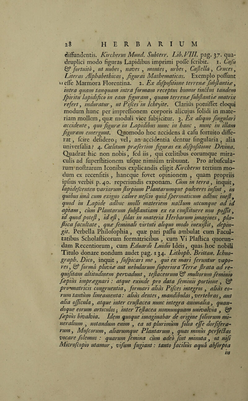 diffundentis. Kircherus MimcL Subterr. Lib. VIII. pag. 37. qua» druplici modo figuras Lapidibus imprimi poife feribit. 1. Cafii & fortuito, ut nubes, naves , montes, urbes, Caflella, Cruces , Literas Alphabethicas, figuras Mathematicas. Exemplo poffunt s-ieffe Marmora Florentina. 2. Ex difpofitione terrena fubftantia , intra quam tanquam intra formam receptus humor tinBus tandem fpiritu lapidi fico in eam figuram, quam terrena fubflanUa matrix refert, induratur, ut Pifces in Ichtyite. Clarius potuiffet eloqui modum hunc per impreffionem corporis alicujus folidi in mate¬ riam mollem, qua? moduli vice fubjicitur. 3. Ex aliquo fiingulari accidente, quo figura in Eaptdibus nunc in hanc , nunc in illam figuram emergunt. Quomodo hoc accidens a cafii fortuito diffe¬ rat, fcire defidero; vel, an accidentia dentur fmgularia , alia univerfalia ? 4. Coclitum prafertim figuras ex difpofitione Divina. Quadrat hic non nobis, fed iis, qui ccelitibus eorumque mira¬ culis ad iixperftitionem ufque nimium tribuunt. Pro arbufcula- rum noftrarum Iconibus explicandis eligit Kircherus tertium mo¬ dum ex recenfitis , haneque fovet opinionem , quam propriis ipfius verbis p. 40. reperiundis exponam. Cum in terra, inquit, lapidefcenten variarum fhrpium Plantarumque pulveres infint , in quibus unci cum exiguo calore nefcio quid fpermaticum adhuc inefl, quod in Lapide adhuc molli materiem naBum utcunque ad id aptam, ciim Plantarum fiubflantiam ex ea confiituere non poffit, id quod potefl, id efi, folas in materia Herbarum imagines, pla- flica facultate, qure feminali virtuti aliquo modo mexifiit, depin¬ git. Perbella Philofophia, qu^e pari paffu ambulat cum Facul¬ tatibus Scholafticorum formatricibus , cum Vi Plaftica quorun- dam Recentiorum, cum Eduardi Luidii Ideis, quas hoc nobili Titulo donare nondum audet pag. 134. Lithoph. Brittan. Ichno- graph. Dico, inquit, fufpicari me , qui ex mari feruntur vapo- res, & forma pluvue aut nebularum fuperiora Terra firata ad re- quifitam altitudinem pervadunt, teftaceorum 0f multorum feminio fa pius impraegnari: atque exinde pro data feminii portione , 0? pro*matncis congruentia, formari alias Pifces integros , alias eo¬ rum tantum lineamenta: alias dentes, mandibulas, vertebras, aut alia officula, atque inter cruflacea nunc integra animalia, quan¬ doque eorum articulos 5 inter Tefiacea nonnunquam univalvia , Qf fiepius bivalvia. Idem quoque imaginabar de origine foliorum mi¬ neralium , notandum enim , ea ut plurimum folia ejfie dor [fera¬ rum , Mufeorum, aliarumque Plantarum , quas minus pcrfeBas vocare folemus : quarum femina cum adeo fint minuta , ut nifi Microfcopio utamur, vifium fugiant: tanto facilius aqua abforpta