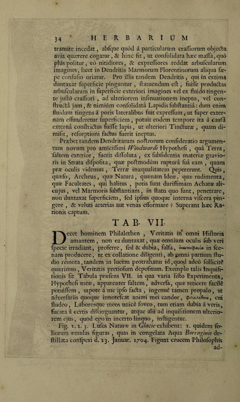 tramite incedat, abfque quod a particularum crafliorurtt objedhi avia quaerere cogatur, & hinc fit , ut confolidata haec malfa,qub plus politur, eb nitidiores, & expreffiores .reddat arbufcularum imagines, licet in Dendritis Marmorum Florentinorum aliqua fa> pe confufio oriatur. Pro illis tandem Dendritis , qui in extima duntaxat fuperficie pinguntur , flamendum eft, fuiife produdlas arbufcularum in fuperficie exteriori imagines vel ex fluido tingen¬ te juftb crafliori , ad ulteriorem infinuationem inepto, vel con- ftruc5la j am, & nimium confolidata Lapidis fubftantia: dum enim fluidum tingens a poris lateralibus fuit exprelfum, ut fuper exter¬ nam effunderetur luperficiem, potuit eodem tempore ita a caufii externa conflridtus fuiife lapis, ut ulteriori Tindturae , quam di- mifit, reforptioni fadfcus fuerit ineptus. Praebet tandem Dendritarum noftrorum confideratio argumen¬ tum novum pro amiciflimi Wuodwardi Hypothefi , qua Terra, Taltem exterior, fuerit dilfoluta , ex fubfidentia materiar gravio¬ ris in Strata difpofita, quae poftmodum ruptura fua eam , quam prae oculis videmus, Terrae inaequalitatem pepererunt. Quis, quaefo, Archeus, quae Natura, quae nam Ideae, quae rudimenta, quae Facultates , qui halitus , potis funt duriflimam Achatae ali- cujus, vel Marmoris fubftantiam , in ftatu quo fimt, penetrare, non duntaxat fuperficiem, fed ipfius quoque interna vifcera prn- * gere , & veluti arterias aut venas efformare ? Superant haec Ra¬ tionis captum. T A B- VIL Decet hominem Philalethen , Veritatis in omni Hiftoria amantem , non ea duntaxat, quae omnium oculis fiib veri fpecie irradiant, proferre, fed &: dubia, falfa, lvw7io(pa,vU in fce- nam producere, ut ex collatione diligenti, ab pmni partium Au¬ dio remota, tandem in lucem protrahatur id,quod adeo follicite quaerimus, Veritatis pretiofum depofitum. Exemplo talis 'Inquifi- tionis fit Tabula praefens VII. in qua varia fifto Experimenta, Hypothefi meae, apparenter faltem, adverfa, quae reticere facile potuiffem , utpote a me ipfo fa6ta , ingenue tamen propalo, ut adverfariis quoque innotefcat animi mei candor, cui ftudeo, Laboresque meos unice foveo, tum etiam dubia a veris, fucata a certis diftinguantur, atque alii ad inquihtionem ulterio¬ rem ejus, quod ego in incerto linquo, infligentur. Fig. i. 2. 3. Lufiis Naturae in Glacie exhibent: 1. quidem fo¬ liorum aemulas figuras , quas in congelata Aqua Borragmis de- ftillata confpexi d. 23. Januar. 1704. Figunt crucem Philofophis ad-