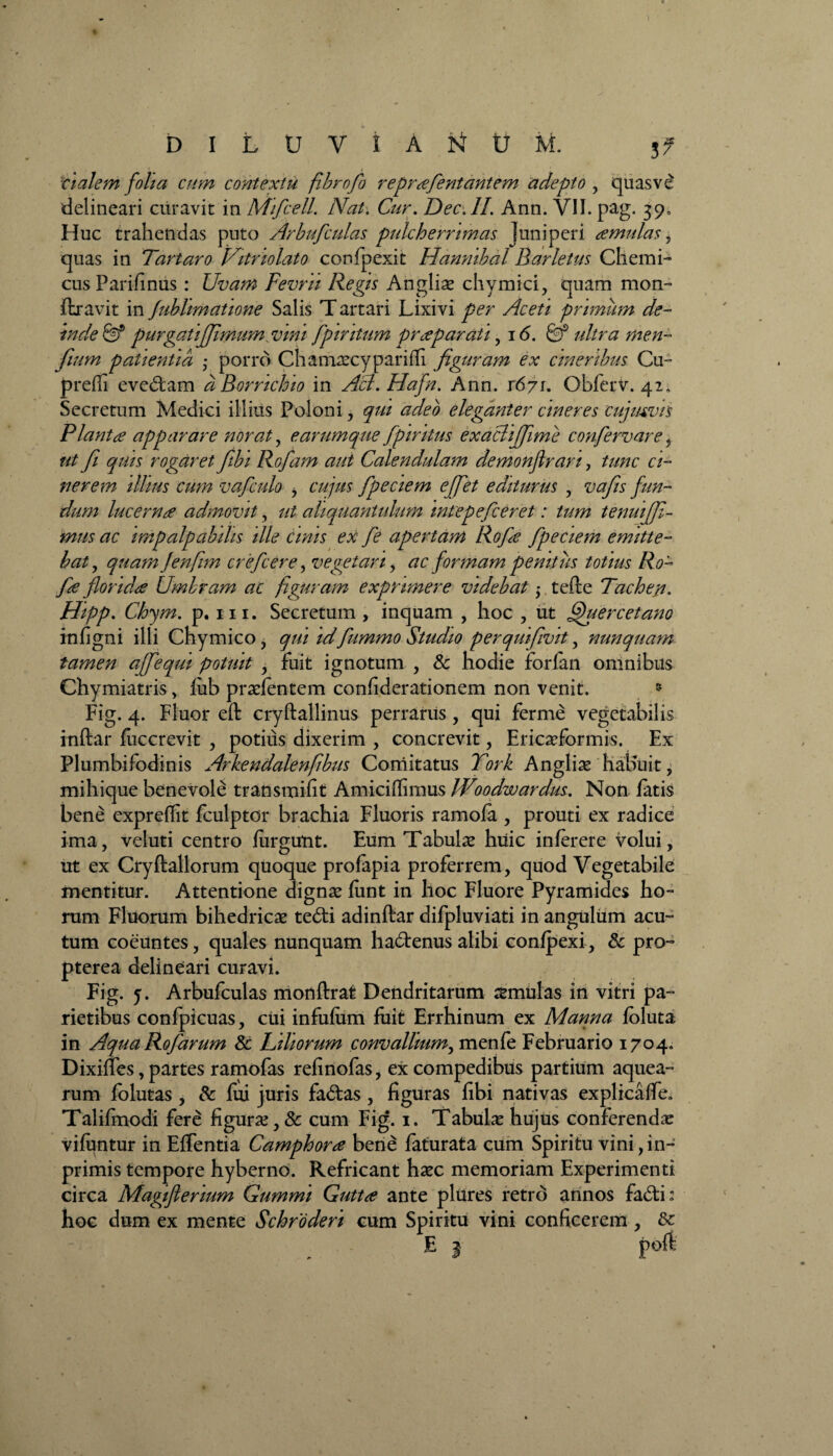 I D I L U V I A U M. 5? cialem folia cum contextu fibrofio reprafientantem adepto , quas ve delineari curavit in Mificell. Nat. Cur. DecAL Ann. VII. pag. 39. Huc trahendas puto Arbufculas pulcherrimas Juniperi amulas i quas in Tartaro Vitriolato confpexit Hannibal Barletus Chemi- cus Parifinus : Uvam Fevrii Regis Anglia? chymici, quam mon~ flravit in fubhmatione Salis T artari Lixivi per Aceti primum de¬ inde & purgattjjimum:vini fpintum praeparati, 16. & ultra men- fium patientia y porro Chama?cypariffi figuram ex cineribus Cu- preffi evedam a Bornchio in AB. Hafn. Ann. r671. Obferv. 42, Secretum Medici illius Poloni , qui adeo eleganter cineres cujmvis Planta apparare nor at, e arum que fipiritus exaclififime confervare, ut fi quis rogaret Jibi Rofiam aut Calendulam demonflrari, tunc ci¬ nerem illius cum vaficulo , cujus fpeciem ejfet editurus , vafis fun¬ dum lucem re admovit, ut aliquantulum mtepeficeret: tum tenui [fi¬ mus ac impalpabilis ille emis ex fe apertam Rofie fpeciem emitte¬ bat , quam Jenfim crefcere, vegetari , ac formam penitus totius Ro¬ fie floridae Umbram ac figuram exprimere videbat $ tefte Tacbep. Hipp. Chym. p. in. Secretum , inquam , hoc , ut fijuercetano infigni illi Chymico , qui idfiummo Studio perquifivit, nunquam tamen ajfiequi potuit , fuit ignotum , & hodie forfan omnibus Chymiatris , fiib praetentem confiderationem non venit. 5 Fig. 4. Fluor eft cryftallinus perrarus, qui ferme vegetabilis inftar fuccrevit , potius dixerim , concrevit, Ericaeformis. Ex Plumbifodinis Arkendalenfibus Comitatus Tork Anglia? habuit, mihique benevole transmifit Amiciflimus Woodwardus. Non fatis bene expreflit fculptor brachia Fluoris ramofa , prouti ex radice ima, veluti centro lurgtfnt. Eum Tabulae huic interere volui, ut ex Cryftallorum quoque profapia proferrem, quod Vegetabile mentitur. Attentione digna? fiint in hoc Fluore Pyramides ho¬ rum Fluorum bihedrica? tedi adinftar difpluviati in angulum acu¬ tum coeuntes, quales nunquam hadenus alibi conlpexi, & pro- pterea delineari curavi. Fig. j. Arbufculas monftrat Dendritarum amulas in vitri pa¬ rietibus confpicuas, cui infulum fuit Errhinum ex Manna jfoluta in Aqua Rofiarum Sc Liliorum convallium, menfe Februario 1704. Dixiffes, partes ramofas refinofas, ex compedibus partium aquea- rum folutas, Sc lui juris fadas , figuras fibi nativas explicaffe. Talifmodi fere figura?, 8c cum Fig. 1. Tabula? hujus conferenda? vitentur in Eifentia Camphora bene faturata cum Spiritu vini,in- primis tempore hyberno. Refricant ha?c memoriam Experimenti circa Magifierium Gummi Gutta ante plures retro annos fadi' hoc dum ex mente Schroderi cum Spiritu vini conficerem , &