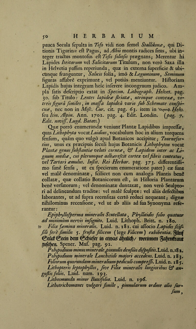 pauca Secula fepulta in Tofo vidi non femel Stallikonce, qui Di¬ tionis Tigurina? eft Pagus, ad Albii montis radices fitus, ubi in¬ teger tra&us montofus eft Tofis foliofis praegnans,* Merentur hi Lapides Iteitarum vel Salicitarum Titulum, non vero Saxa illa in Helvetia paflim reperiunda, quae in externa fuperficie & ubi¬ cunque franguntur, Salias folia, imo 8c Leguminum y Seminum figuras affabre exprimunt, vel potius mentiuntur. Hiftoriam Lapidis hujus integram heic inferere incongruum judico. Am¬ pla fatis defcriptio extat in Specim. Lithograph. Helvet. pag. 30. fub Titulo: Lentes lapidefiriatce, utrinque convexa, vi¬ treis figura fimiles, in maffa lapidea vario fub Schemate confpt- cure, nec non in Mifc. Cur. cit. pag. 63. item in ’ Ov(>i<ri<p. Helv. kxi ltin, Alpin. Ann. 1702. pag. 4. Edit. Londin. {pag* 7. Edit, novijfi. Lugd. Batav.) Quas porrd enumerandae Veniunt Plantae Lapidibus impreffar, quas Lithophyta vocat Luidius, vocabulum hoc in alium torquens fenfum, quam quo vulgo apud Botanicos accipitur,- Tournefor* tius, unus ex praecipuis feculi hujus Botanicis Lithophyton vocat Piant genus fubfl antice veluti corne ce, Sf Lapidem inter ac Li¬ gnum media, cui plerumque adharefcit cortex vel fibris contextus, vel Tartari cernulus. Inflit. Rei Herbar. pag, 573. differentifli- mo fane fenfu , ut ex fpecierum enumeratione patet) eae funt vel male denominatae , fcilicet non cum analogis Plantis ben£ collatae, quae collatio Botanicorum eft, in Hiftoria Plantarum ben£ verlatorum * vel denominatae duntaxat, non vero Sculpto¬ ri ad delineandum traditae: vel male fculptae: vel aliis defe&ibus laborantes, ut ad lupra recenfitas certo reduci nequeant; dignae nihilominus recenfione, vel ut ab aliis ad fua Synonyma refe¬ rantur : Epiphyllofperma mineralis Scutellata, Phyllitidis folio quatuor ad minimum nervis infignito. Luid. Lithoph. Britt. n. 180. 39 Filix fcemina mineralis. Luid. n. 181. cui affocio Lapidis fcifi- fili fere fimilis 5. frufia filicem (lege Filicem ) exhibentia. gfltlf ©tfltf @fem i>em @d)tefer in ctm$ tmimrn ficifymttaut Spener. Muf. pag. 92. Polypodium minus miner ale,pinnulis denflus difpofitis.LxxiH. n.18 2. Polypodium itiner ale Lonchitidi majori accedens. Luid. n. 183. Foliorum quo rundam mineralium pediculi comprejfi. Luid. n. 18 y. Lithopteris leptophyllos, fiive Filix mineralis longioribus Qf an- gufiis foliis. Luid. num. 193. Lithosmunda minor Buxi folia. Luid. n. 196. Lithotrichomanes vulgari fimile , pinnularum ordine alio fur- fum,