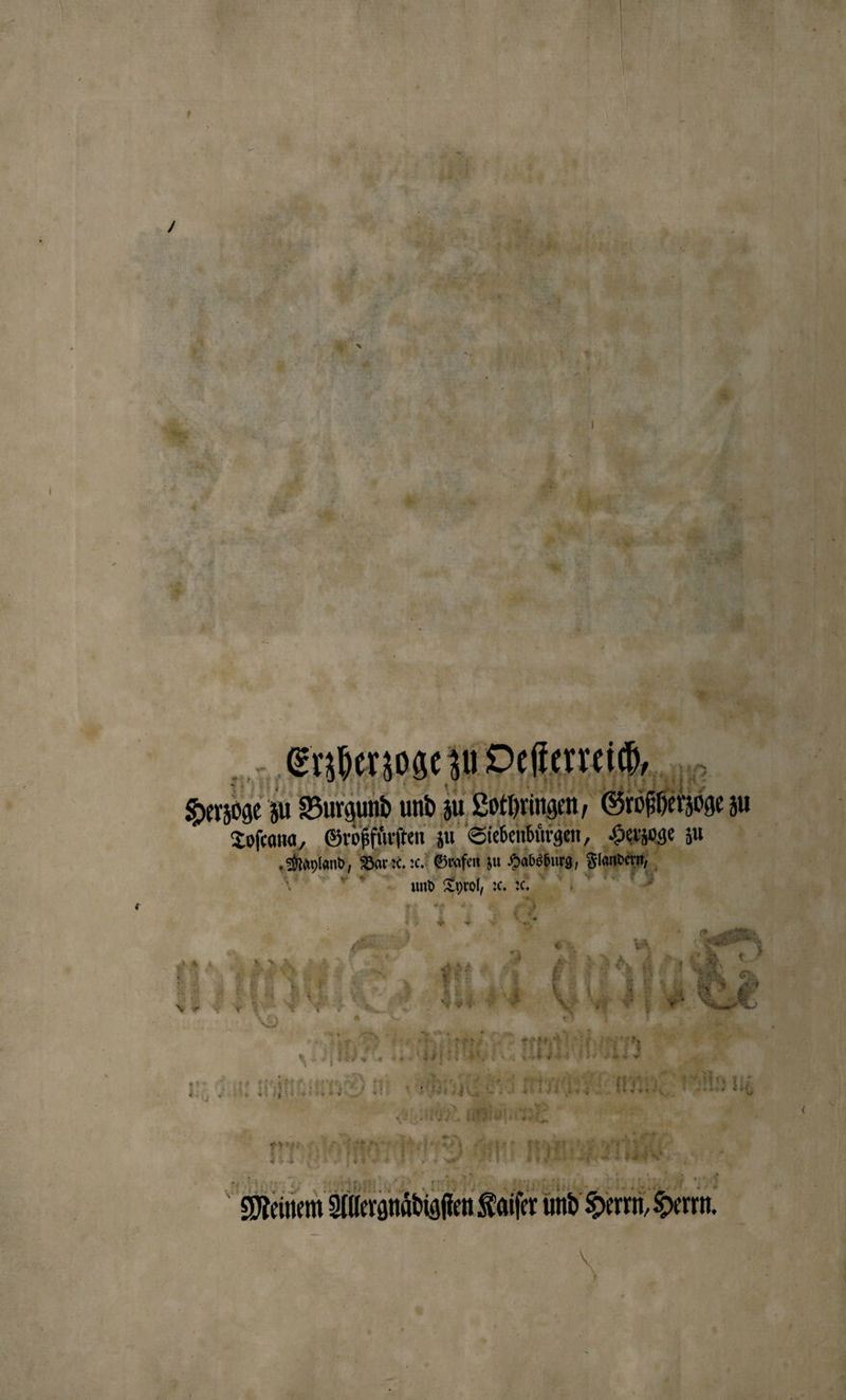 Erzherzoge zu Oeſterreich, er Se zu Burgund und zu Lothringen, Großherzoge zu Toſcana, Großfuͤrſten zu Siebenbuͤrgen, Herzoge zu en Bar dc. 2c. Grafen zu Habsburg, Fade * und Tyrol, 1. Kg | Meinem Allergnaͤdigſten Kaiſer und Herrn, Herrn.