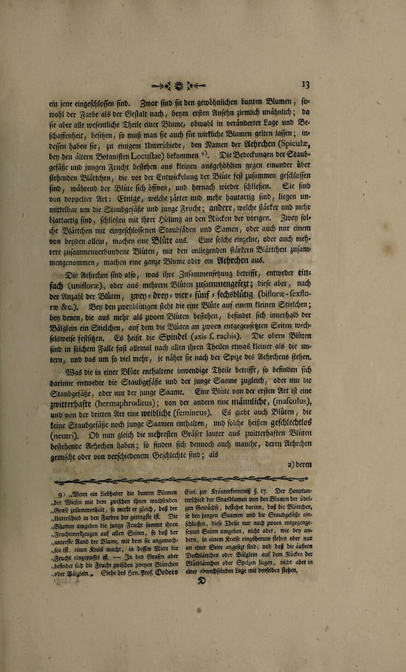 ein jene eingefchlofen find. Zwar find fie den gewohnlichen bunten Blumen, ſo⸗ wohl der Farbe als der Geſtalt nach, beym erſten Anſehn ziemlich unaͤhnlich; da ſie aber alle weſentliche Theile einer Blume, obwohl in veraͤnderter Lage und Be⸗ ſchaffenheit, beſitzen, ſo muß man ſie auch fuͤr wirkliche Blumen gelten laſſen; in⸗ deſſen haben ſie, zu einigem Unterſchiede, den Namen der Aehrchen (Spiculæ, bey den aͤltern Botaniſten Locuſtae) bekommen 9). Die Bedeckungen der Staub⸗ gefaͤße und jungen Frucht beſtehen aus kleinen ausgehoͤhlten gegen einander uͤber ſtehenden Blaͤttchen, die vor der Entwickelung der Bluͤte feſt zuſammen geſchloſſen find, während der. Blüte ſich öffnen, und hernach wieder ſchließen. Sie find von doppelter Art: Einige, welche zaͤrter und mehr hautartig find, liegen un- mittelbar um die Staubgefaͤße und junge Frucht; andere, welche ſtaͤrker und mehr blattartig find, ſchließen mit ihrer Hölung an den Ruͤcken der vorigen. Zwey ſol⸗ che Blaͤttchen mit eingeſchloſſenen Staubfaͤden und Samen, oder auch nur einem von beyden allein, machen eine Bluͤte aus. Eine ſolche einzelne, oder auch meh rere zuſammenverbundene Blüten, mit den anliegenden ſtaͤrkern Blaͤttchen zuſam⸗ mengenommen, machen eine ganze Blume oder ein Aehrchen aus. Die Aehrchen find alſo, was ihre Zuſammenſetzung betrifft, entweder ein⸗ fach (unifloræ), oder aus mehrern Bluͤten zuſammengeſezt; dieſe aber, nach der Anzahl der Bluͤten, zwey drey⸗ vier⸗ fuͤnf⸗ ſechsbluͤtig (bifloræ · ſexflo- ræ &amp;c.). Bey den zweybluͤtigen ſteht die eine Bluͤte auf einem kleinen Stielchen; bey denen, die aus mehr als zwoen Bluͤten beſtehen, befindet ſich innerhalb der Baͤlglein ein Stielchen, auf dem die Blüten an zwoen entgegenſetzten Seiten wech⸗ ſelsweiſe feſtſitzen. Es heißt die Spindel (axis ſ. rachis). Die obern Bluͤten find in ſolchem Falle faſt allemal nach allen ihren Theilen etwas kleiner als die un⸗ tern, und das um ſo viel mehr, je naͤher ſie nach der Spize des Aehrchens ſtehen. Was die in einer Blüte enthaltene inwendige Theile betrifft, fo befinden ſich darinne entweder die Staubgefaͤße und der junge Saame zugleich, oder nur die Staubgefaͤße, oder nur der junge Saame. Eine Blute von der erſten Art iſt eine zwitterhafte (hermaphroditus); von der andern eine maͤnnliche, (mafculus), und von der dritten Art eine weibliche (femineus). Es giebt auch Bluͤten, die keine Staubgefaͤße noch junge Saamen enthalten, und ſolche heißen geſchlechtlos (neutri). Ob nun gleich die mehreſten Graͤſer lauter aus zwitterhaften Bluͤten beſtehende Aehrchen haben; ſo finden ſich dennoch auch manche, deren Aehrchen gemiſcht oder von verſchiedenem Geſchlechte ſind; als ie, a) deren 9) „Wenn ein Liebhaber die bunten Blumen „Graſe zuſammenhaͤlt, ſo merkt er gleich, daß der „Unterſchied in den Farben der geringſte iſt. Die „Blumen umgeben die junge Frucht ſammt ihren „Fruchtwerkzeugen auf allen Seiten, ſo daß der „unterfte Rand der Blume, mit dem fie angewach⸗ „fen iſt, einen Kreis macht, in deſſen Mitte die „Frucht eingepaſſet iſt. — In den Grafen aber „befindet ſich die Frucht zwiſchen zweyen Blaͤttchen „oder Baͤlglein. „ Siehe des Hrn. Prof. Oeders Einl. zur Kraͤuterkenntniß $. 17. Der Hauptun⸗ terſchied der Grasblumen von den Blumen der uͤbri⸗ gen Gewaͤchſe, beſtehet darin, daß die Blattchen, ſo den jungen Saamen und die Staubgefaͤße ein⸗ ſchließen, dieſe Theile nur nach zwoen entgegenge⸗ ſetzten Seiten umgeben, nicht aber, wie bey an⸗ dern, in einem Kreiſe ringsherum ſtehen oder nur an einer Seite angeſezt ſind; und daß die aͤußern Deckblaͤttchen oder Baͤlglein auf dem Ruͤcken der D