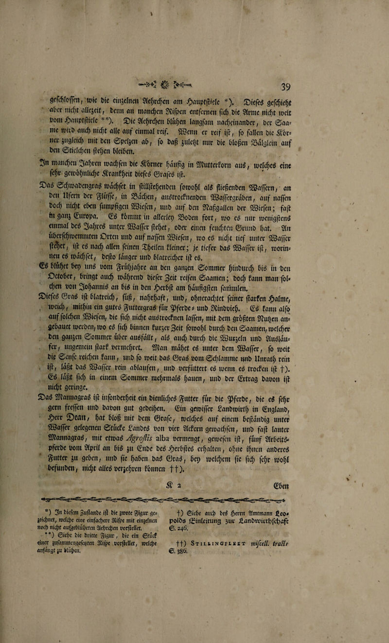 * vom Hauptſtiele ). Die Aehrchen blühen langſam nacheinander, der Saa⸗ ſehr gewohnliche Krankheit dieſes Graſes iſt. den Ufern der Fluͤſſe, in Baͤchen, austrocknenden Waſſe ergraͤben, auf naſſen doch nicht eben ſumpfigen Wieſen, und auf den Naßgallen der Wieſen; faſt einmal des Jahres unter Waſſer ſtehet, oder einen feuchten Grund hat. An het J ift es nach allen ſeinen Theilen kleiner; je tiefer das Waſſer if worin⸗ October, bringt auch waͤhrend dieſer Zeit reifen Saamen; doch kann man fol chen von Johannis an bis in den Herbſt am haͤufigſten ſammlen. weich, mithin ein gutes Futtergras für Pferdes und Rindvieh. Es kann alſo auf ſolchen Wieſen, die ſich nicht austrocknen laſſen, mit dem groͤßten Nutzen an⸗ gebauet werden, wo es ſich binnen kurzer Zeit ſowohl durch den Saamen, welcher den ganzen Sommer uͤber ausfaͤllt, als auch durch die Wurzeln und Auslaͤu⸗ fer ungemein ſtark vermehret, Man maͤhet es unter dem Waſſer, fo weit die Senſe reichen kann, und ſo weit das Gras vom Schlamme und Unrath rein Es laͤßt ſich in einem Sommer mehrmals hauen und der Ertrag davon iſt nic geringe. gern freien und davon gut gedeihen. Ein gewiſſer Landwirth in England, Herr Dean, hat bloß mit dem Graſe, welches auf einem beſtaͤndig unter Waſſer gelegenen Stuͤcke Landes von vier Ackern gewachſen und faſt lauter pferde vom April an bis zu Ende des Herbſtes erhalten, ohne ihnen anderes Futter zu geben, und ſie haben das Gras, bey welchem ſie ſich ſehr wohl K 2 N Eben — c p ꝓ —9—— 5) In dieſem Zuſtande iſt die zwote Figur ges. +) Siehe auch des Herrn Amtmann Leo⸗ zeichnet, welche eine einfachere Riſpe mit einzelnen 88 Einleitung, zur Landwirthſchaft noch nicht aufgebluͤheten Aehrchen vorſtellet. S. 246. ) Siehe die dritte Figur, die ein Stuͤck ' einer zuſammengeſetzten Riſpe vorſtellet, welche tt) STI TIN STREET mifell. tract