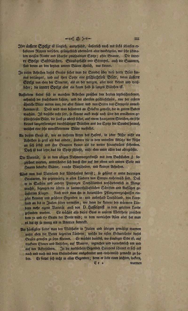 Ihre äußere Spelze ift laͤnglich, ausgehoͤhlt, aͤußerlich rauh mit ſechs ſcharfen er- habenen Rippen verſehen, gruͤngelblich oberwaͤrts aber dunkelgruͤn, mit ſehr ſchma— lem weiſſen Rande und ſcharfer zwieſpaltiger Spitze; ohne Granne. Die inne⸗ re Spelze Saftblaͤtchen, Staubgefaͤße und Stempel, auch die Saamen, ſind denen an den beyden untern Bluͤten ahnlich, nur kleiner. In vielen Aehrchen dieſes Graſes ſiehet man die Spindel uͤber dieſe dritte Bluͤte hin⸗ aus verlaͤngert, und auf ihrer Spitze eine geſchlechtloſe Bluͤte, deren aͤußere Spelze von eben der Structur, als an der vorigen, aber weit kleiner und weiß— licher; die innere Spelze aber ein kaum halb ſo langes Blaͤtchen iſt. Auſſerdem findet ſich in manchen Aehrchen zwiſchen den beyden letztbeſchriebenen, nehmlich der fruchtbaren kahlen, und der oberſten geſchlechtloſen, eine der erſtern aͤhnliche Bluͤte mitten inne, die aber kleiner und von Seiten des Stempels unvoll— kommen iſt. Dieſe wird man beſonders an Stoͤcken gewahr, die in gutem Boden wachſen. Iſt derſelbe recht fett, fo koͤmmt auch wohl noch über der erwaͤhnten ge⸗ ſchlechtloſen Blüte, die ſonſt zu oberſt ſtehet, auf einem haarzarten Stielchen, ein fehr kleines lanzettfoͤrmiges durchſichtiges Blaͤtchen aus der Spitze der Spindel hemuß, N welches eine ſehr unvollkommene Bluͤte vorſtellet. An dieſem Graſe iſt, wie an mehrern Arten des Hafers, in jeder Nie nicht ein Aoehrchen fo groß als das andere, ſondern die in dem unterſten Abſatze der Riſpe an ſich ſelbſt und ihre Grannen kleiner als die weiter hinaufwaͤrts ſtehenden. Doch iſt das lezte das die Spige ſchließt, nicht eben unter allen das allergrößte. Die Barietät, ſo in dem obigen Nahmenverzeichniſſe mit dem Buchſtaben 8 des zeichnet worden, unterſcheidet ſich durch ihre auf der obern und untern Seite mit Haaren bedeckte Blaͤtter, rauche Blatſcheiden, und kleinere Aehrchen. Was nun das Vaterland des Wildhafers betrift; ſo gehoͤret er unter diejenigen | Grasarten, die gegenwaͤrtig in allen Laͤndern von Europa einheimiſch ſind. Daß er in Sachſen und andern Provinzen Teutſchlandes verſchiedentlich in Menge wachſe, bezeugen die oͤftern in landwirthſchaftlichen Schriften und Aufſaͤtzen ge- „äußerten Klagen. Auch wird man ihn in botaniſchen Pflanzenverzeichniſſen ein⸗ N zeler kleinerer und größerer Gegenden in- und außerhalb Teutſchland, von Lapp⸗ land an bis in Italien ſelten vermiſſen; wie denn die kleinere den waͤrmern Laͤn⸗ dern mehr eigene Varietaͤt auch von D. Haſſelqviſt in dem gelobten Lande gefunden worden. Es waͤchſet alfo dieſes Gras in unſerm Welttheile zwiſchen dem 32 und 67 Grade der Breite wild; in dem nordlichen Aſten aber hat man es bis itzt ſo wenig als in America bemerkt. Am haͤufigſten findet man den Wildhafer in Italien und übrigen gemäßigt warmen unter eben der Breite liegenden Laͤndern; welche die erſten Geburtsdrter dieſes en G 7 — fen zu ſehn fh einen, Er wächfet daſelbſt, wo ſtaubigte Erde iſt, auf trocknen Ebenen und Anhoͤhen, auf Mauren, ingleichen und vornehmlich um und auf den Ackerfeldern. In die nordlichern Gegenden Europens ſcheinet er ſich erſt nach und nach mit dem Getreidebaue ausgebreitet und einheimiſch gemacht zu ha- ben. Er findet ſich nicht in allen Gegenden; denn er liebt einen leichten, lockern, Ee 2 warmen