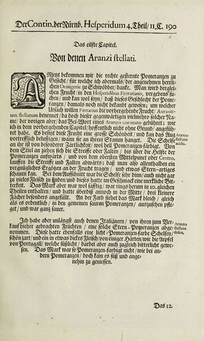 ©erContin^er^uvitk Hefperidum 4.Sf)ct(/ n.g. 190 ©ab (ilft( Sapitel. ^&gt;0n DCttCtl Aranzi ftellati. ^5^]&gt;cFommen mif bie rechte gcftcnife ^omeranjen 5« ®W/ für welche ich abetmalb/ber angenehmen bereit d&gt;cn Orangerie ju ©chmöbber/ banfe. 9J?an wirb berglei? CyCtt JrUCpt/trt £&gt;CU Hefpcridibus Ferrarianis, t&gt;CrgcbCn^TtI- d&gt;en/ unb fan mol fet)it / bafj biefeb©efchlecht betonte? raimcn / bantalb noch nicht belaubt gemefen; um melcher llfiau) tOillCII Ferrarius bieOOrhcrgchCnbcSrUCht/ Auranti- um fteiktum beiteimct /ba t&gt;orf&gt; btefer gegenmärftgen oiclmebro folcherüfa? ine/ bet' porigen aber/ babSci-Söort eineb Aranzo coronato gebühret) mie id) in beut oorhergehenben ffapitel/ hoffentlich nicht ohne ©runb/ angcfiib? ret habe. €6be|i(jt biefe 3rud)t eine groffe Schönheit/unb fan bao 2lugAra„2o oortreffltch beluftigen / mann |ie an ihrem ©tamni hanget ®ie ©chelfeftellato an ihr ijl oon befonberer gärtlichfeit/ mol he« /pomeramen-färbigt. «Qon bem ©tiel an jtehen ftch bie ©treiffe ober Salten / bio über bie Reifte ber ‘pomcraidcu aufmärtb / unb oon bem oberjfen SÄittelpunct ober Centro, laufen bie ©treiffe unb Salten abmärtb; ba(j man alfo aUenthalben ein oergnugltcheb £rgoüctt an ber Srucht tragen / unb etmab ©tern-artigeö fdtauen fan. Sei bcmSluffchnitt marbie©chelfe fel&gt;r binn/auch nichtgar P bieleb Sletfch Ju ßnben/unb biefeb hatte im ©efehmaef eine merfliche Sit - ferfett. ©ab 9)?arf aber mar mol faffttg / mar rtngb herum in 10. gleichen ^heilen enthalten/unb hatte überbt(j amtod) in ber 3)tittc / bret Heinere Säd)er befonberb angefüllt. 2ln ber Sarb liehet bab 3&gt;jarf bleich / gleich alb eb orbentlid) / iitben gemeinen faureu/pomeratuen/ aubniichcn pfle? gef/unb mar ganj fauer. 3cb habe aber unlängft aud) benen 3ta(ianern / oon ihren $um 93er^Aranzo faufhteher gebrachten fruchten / eine folche ©fern - ipomerattjen abge? flellato nontmen. ©tefe hatte ebenfaUb eine licht ^omeranjen-farbe ©cbeffcn/dolce* fchonsavf/unb ein tn etmab biefcbSleifch/oon einiger Jhdrten/mic bieflepfel oon|)ortuga«/ melche füfjltcbt / barbet aber auch ^gleich bitterlicht gerne? fen, ©ab 9ftarf mar fo $)omerattsen-farbigf nicht / mie bei an? bern 5)omeranjen/ bod) fam eb ftif unb ange? nel)nt $u genieffen. ©ab i2,