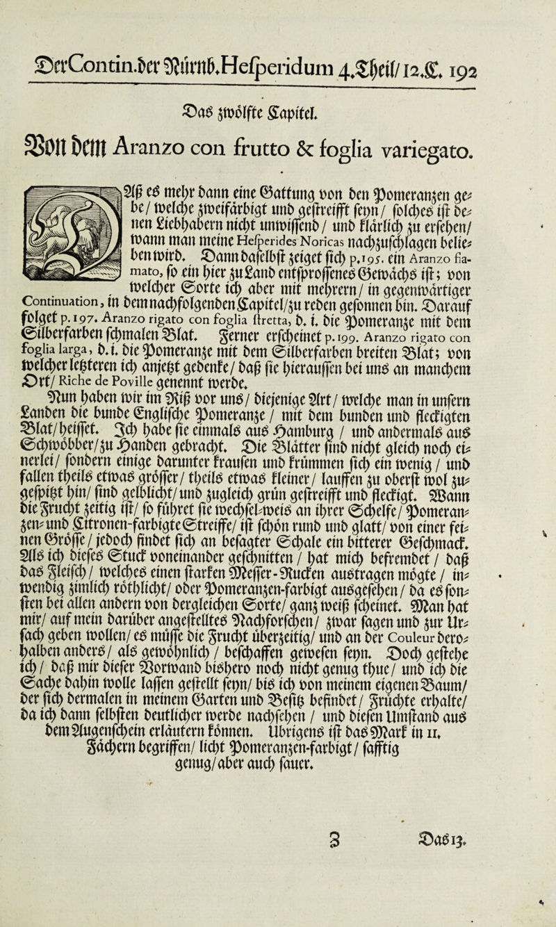 DefCon tin.kt’g?imi5&gt;Hcfperidum 4.^ct(/i2,C 192 ©ad zwölfte gapitel. SBOtt Dem Aranzo con frutto &amp; foglia variegato. 2(ß cd mehr bann eine ©attung »on 5cn djomeramen ge* bei welche jweifärbigt imb geßreißt fct&gt;n/ folchee iß be* neu giebhabern nicht imwißcnb / unb flärdch $u erfchen/ wann ntan mente Hefperides Noncas nachjufodagen beite* ben wirb, ©amt bafelbß jeiget ftcf&gt; p»i95. Cltl Aranzo fia- mato, fo ein (&gt;ter sugattb entfproßened ©ewdd)d tß; »on Weidner ©orte tcl) aber mit meprern / in gegenwärtiger Contmuation, tn beut nachfolgenbenSapitel/$u reben gefonnen bin. ©arauf fOlßP P;'97. Aranzo rigato con foglia ftretta, b. i. bte /DOmcraiUC mit Dc't'.l ©tlberfarben fchmalen 2Mat. ferner erfdxtitet p. 199. Aranzo rigato con foglia larga, b.t. bie 9)omerait5e mit bem ©tlberfarben breiten 55lat; »on Welcher leiteten td) anjeßt gebende / baß fie l;terau([en bet und an manchem £&gt;rf/ Riehe de Povüie genennt werbe. 2fun haben wir im 2?tß »or und/ biejenige 2(rt/ welche man in unfern Sanben bte bunbe ©tglifdx Pomeranze / mit bem bunben unb ßccftgten 33lat/hetßet. 3d) hübe fie cinmald aud Hamburg / unb anbcrntald auö ©chwobber/$u -Dauben gebracht, ©ie glätter fmb nicht gleich noch ei* nerlet/ fonbern einige baruntcr fraufen unb frömmelt fid&gt; ein wenig / unb faden theild etwad größer / tl/etld etwad f(einer/ (außen tu oberß wol tu* gefpißt hin/ ßnb gelbltd)f/unb zugleich grün geßreißt unb ßeefigt. SBatttt btegrucht fettig iß/ fo führet fie wed)fel*wetd an ihrer ©chelfe/ «Domeran* jewuttb Sitronen-farbigte@treiße/ iß fd)ön runb unb glatt/ »on einer fei* nen©röße/ jcboch ßnbet ßch an befagter ©d)ale ein bitterer ©eßhtnacf. 2(ld ich btefeb ©tuef »oneinanber gefd)nitten / hat mid) befrembet / baß bab S(eifd)/ wetchcd einen ßarfen9Jteßer-9{tiefen audfragen mögte / in* wenbig ähnlich röthlicht/ ober «Domeranjen-farbigt audgefehett / ba edfon* ßen bei aden anbern »on dergleichen ©orte/ ganj weiß fd&gt;einet. Sßatt hat mir/ auf mein barüber angeßedted ‘Jfadtforfdtett/ jwar fagen unb jur Ur* fach geben woden/ cd müße bte grudtt überjeittg/ unb an ber Couleur bero* halben anberd/ a(d gewöhndd) / befchaßen gewefen fepn. ©odf geßebe id) / baß mir btefer Sforwanb bidhero noch nicht genug thue/ unb ich bie ©ache bahin wode laßen gefredt fepn/ btd ich »on meinem eigenen 25dum/ ber fid&gt; bermalen in meinem ©arten unb SScftß beßnbet/ Srüdtte erhalte/ ba ich fconn felbßen deutlicher werbe nadßclxn / unb biefen Unißanb aud bem 2tugenfd)etn erläutern fönnen. Ubrtgenö iß bad 9)farf in 11, Sägern begriffen/ licht 5)omeranjen-farbtgt/ faßtig genug/aber aud) faucr. 3 ©ad 13.